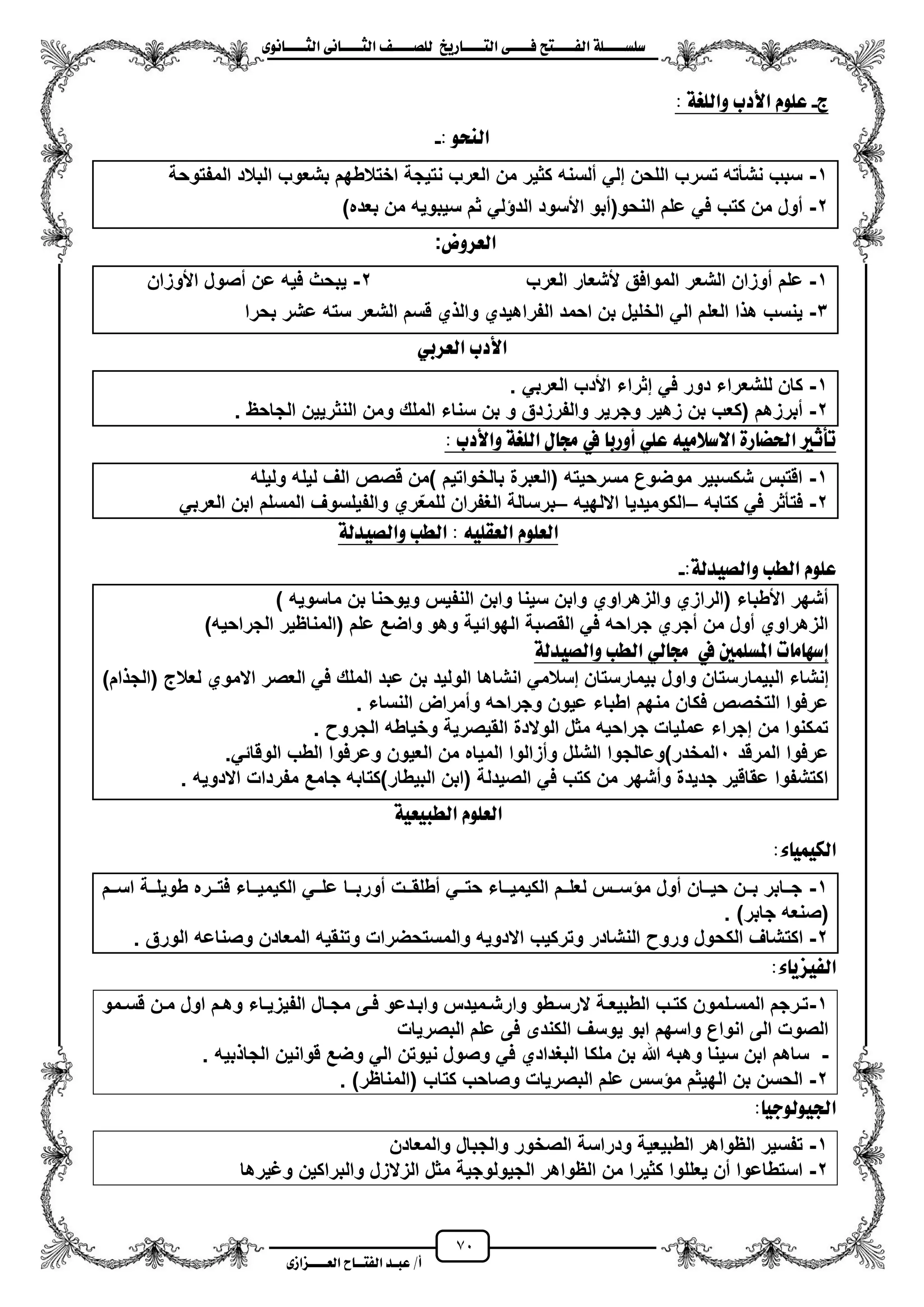 71
١ً‫ل‬‫ل‬‫ضًطللل‬‫ض‬ ‫ل‬‫ل‬‫ايفللل‬٢‫ل‬‫ل‬‫فللل‬‫زٜذ‬ ‫ل‬‫ل‬‫للل‬ ‫اي‬‫ل‬‫ل‬‫يًصللل‬٣ْٛ ‫ل‬‫ل‬‫ايجللل‬ ٢ْ ‫ل‬‫ل‬‫ايجللل‬
‫عب‬ /‫أ‬‫ل‬‫ايف‬ ‫د‬‫لل‬‫ايع‬ ‫ح‬‫لللل‬٣‫صاش‬
‫ز‬-١‫ٚايًغ‬ ‫األدب‬ ًّٛ‫ع‬:
: ٛ‫ايٓش‬-
1-‫المفتوحة‬ ‫البالد‬ ‫بشعوب‬ ‫اختالطهم‬ ‫نتٌجة‬ ‫العرب‬ ‫من‬ ‫كثٌر‬ ‫ملسنه‬ ً‫إل‬ ‫اللحن‬ ‫تسرب‬ ‫نشأته‬ ‫سبب‬
2-)‫بعده‬ ‫من‬ ‫سٌبوٌه‬ ‫ثم‬ ً‫ل‬ ‫الد‬ ‫األسود‬ ‫النحو(مبو‬ ‫علم‬ ً‫ف‬ ‫كتب‬ ‫من‬ ‫مول‬
‫ايعسٚض‬:
1-‫علم‬‫العرب‬ ‫ألشعار‬ ‫الموافق‬ ‫الشعر‬ ‫موزان‬2-‫األوزان‬ ‫مصول‬ ‫عن‬ ‫فٌه‬ ‫ٌبحث‬
3-‫بحرا‬ ‫عشر‬ ‫سته‬ ‫الشعر‬ ‫قسم‬ ‫ي‬ ‫وال‬ ‫الفراهٌدي‬ ‫احمد‬ ‫بن‬ ‫الخلٌل‬ ً‫ال‬ ‫العلم‬ ‫ا‬ ‫ه‬ ‫ٌنسب‬
ٞ‫ايعسب‬ ‫األدب‬
1-ً‫العرب‬ ‫األدب‬ ‫إثراء‬ ً‫ف‬ ‫دور‬ ‫للشعراء‬ ‫كان‬.
2-‫والفرزدق‬ ‫وجرٌر‬ ‫زهٌر‬ ‫بن‬ ‫(كعب‬ ‫مبرزهم‬‫و‬‫الملك‬ ‫سناء‬ ‫بن‬‫الجاحظ‬ ‫النثرٌٌن‬ ‫ومن‬.
‫ٚاألدب‬ ١‫ايًغ‬ ٍ ‫زت‬ ‫يف‬ ‫أٚزب‬ ًٞ‫ع‬ َ٘ٝ‫االضال‬ ٠‫ز‬ ‫اذتط‬ ‫تأثري‬:
1-‫ولٌله‬ ‫لٌله‬ ‫الؾ‬ ‫قصص‬ ‫)من‬ ‫بالخواتٌم‬ ‫(العبرة‬ ‫مسرحٌته‬ ‫موضوع‬ ‫شكسبٌر‬ ‫اقتبس‬
2-‫كتابه‬ ً‫ف‬ ‫فتأثر‬–‫االلهٌه‬ ‫الكومٌدٌا‬–ً‫العرب‬ ‫ابن‬ ‫المسلم‬ ‫والفٌلسوؾ‬ ‫ري‬ّ‫للمع‬ ‫الؽفران‬ ‫برسالة‬
‫ا‬ً٘ٝ‫ايعك‬ ًّٛ‫يع‬:١‫ٚايصٝدي‬ ‫ايطب‬
:١‫ٚايصٝدي‬ ‫ايطب‬ ًّٛ‫ع‬-
) ‫ماسوٌه‬ ‫بن‬ ‫وٌوحنا‬ ‫النفٌس‬ ‫وابن‬ ‫سٌنا‬ ‫وابن‬ ‫والزهراوي‬ ‫(الرازي‬ ‫األطباء‬ ‫مشهر‬
)‫الجراحٌه‬ ‫(المناظٌر‬ ‫علم‬ ‫واضع‬ ‫وهو‬ ‫الهوائٌة‬ ‫القصبة‬ ً‫ف‬ ‫جراحه‬ ‫مجري‬ ‫من‬ ‫مول‬ ‫الزهراوي‬
١‫ٚايصٝدي‬ ‫ايطب‬ ٞ‫ي‬ ‫زت‬ ‫يف‬ ‫املطًُني‬ ‫ت‬ َ ٗ‫إض‬
‫البٌما‬ ‫إنشاء‬)‫ام‬ ‫(الج‬ ‫لعالج‬ ‫االموي‬ ‫العصر‬ ً‫ف‬ ‫الملك‬ ‫عبد‬ ‫بن‬ ‫الولٌد‬ ‫انشاها‬ ً‫إسالم‬ ‫بٌمارستان‬ ‫واول‬ ‫رستان‬
‫النساء‬ ‫وممراض‬ ‫وجراحه‬ ‫عٌون‬ ‫اطباء‬ ‫منهم‬ ‫فكان‬ ‫التخصص‬ ‫عرفوا‬.
‫الجرو‬ ‫وخٌاطه‬ ‫القٌصرٌة‬ ‫الوالدة‬ ‫مثل‬ ‫جراحٌه‬ ‫عملٌات‬ ‫إجراء‬ ‫من‬ ‫تمكنوا‬.
‫المرقد‬ ‫عرفوا‬1‫الم‬ ‫ومزالوا‬ ‫الشلل‬ ‫المخدر)وعالجوا‬ً‫الوقائ‬ ‫الطب‬ ‫وعرفوا‬ ‫العٌون‬ ‫من‬ ‫ٌاه‬.
‫االدوٌه‬ ‫مفردات‬ ‫جامع‬ ‫البٌطار)كتابه‬ ‫(ابن‬ ‫الصٌدلة‬ ً‫ف‬ ‫كتب‬ ‫من‬ ‫ومشهر‬ ‫جدٌدة‬ ‫عقاقٌر‬ ‫اكتشفوا‬.
١ٝ‫ايطبٝع‬ ًّٛ‫ايع‬
:٤ ُٝٝ‫ايه‬
1-‫ززم‬‫ز‬‫اس‬ ‫ززة‬‫ز‬‫طوٌل‬ ‫ززره‬‫ز‬‫فت‬ ‫ززاء‬‫ز‬ٌ‫الكٌم‬ ً‫زز‬‫ز‬‫عل‬ ‫ززا‬‫ز‬‫مورب‬ ‫ززت‬‫ز‬‫مطلق‬ ً‫زز‬‫ز‬‫حت‬ ‫ززاء‬‫ز‬ٌ‫الكٌم‬ ‫ززم‬‫ز‬‫لعل‬ ‫ززس‬‫ز‬‫س‬ ‫م‬ ‫مول‬ ‫ززان‬‫ز‬ٌ‫ح‬ ‫ززن‬‫ز‬‫ب‬ ‫ززابر‬‫ز‬‫ج‬
)‫جابر‬ ‫(صنعه‬.
2-‫اكت‬‫الورق‬ ‫وصناعه‬ ‫المعادن‬ ‫وتنقٌه‬ ‫والمستحضرات‬ ‫االدوٌه‬ ‫وتركٌب‬ ‫النشادر‬ ‫ورو‬ ‫الكحول‬ ‫شاؾ‬.
:٤ ٜ‫ايفٝص‬
1-‫زمو‬‫ز‬‫قس‬ ‫زن‬‫ز‬‫م‬ ‫اول‬ ‫زم‬‫ز‬‫وه‬ ‫زاء‬‫ز‬ٌ‫الفٌز‬ ‫زال‬‫ز‬‫مج‬ ‫زى‬‫ز‬‫ف‬ ‫زدعو‬‫ز‬‫واب‬ ‫زمٌدس‬‫ز‬‫وارش‬ ‫زطو‬‫ز‬‫الرس‬ ‫زة‬‫ز‬‫الطبٌع‬ ‫زب‬‫ز‬‫كت‬ ‫زلمون‬‫ز‬‫المس‬ ‫زرجم‬‫ز‬‫ت‬
‫البصرٌات‬ ‫علم‬ ‫فى‬ ‫الكندى‬ ‫ٌوسؾ‬ ‫ابو‬ ‫واسهم‬ ‫انواع‬ ‫الى‬ ‫الصوت‬
-‫هللا‬ ‫وهبه‬ ‫سٌنا‬ ‫ابن‬ ‫ساهم‬‫بٌه‬ ‫الجا‬ ‫قوانٌن‬ ‫وضع‬ ً‫ال‬ ‫نٌوتن‬ ‫وصول‬ ً‫ف‬ ‫البؽدادي‬ ‫ملكا‬ ‫بن‬.
2-)‫(المناظر‬ ‫كتاب‬ ‫وصاحب‬ ‫البصرٌات‬ ‫علم‬ ‫سس‬ ‫م‬ ‫الهٌثم‬ ‫بن‬ ‫الحسن‬.
: ٝ‫ادتٝٛيٛد‬
1-‫والمعادن‬ ‫والجبال‬ ‫الصخور‬ ‫ودراسة‬ ‫الطبٌعٌة‬ ‫الظواهر‬ ‫تفسٌر‬
2-‫والبرا‬ ‫الزالزل‬ ‫مثل‬ ‫الجٌولوجٌة‬ ‫الظواهر‬ ‫من‬ ‫كثٌرا‬ ‫ٌعللوا‬ ‫من‬ ‫استطاعوا‬‫وؼٌرها‬ ‫كٌن‬
 
