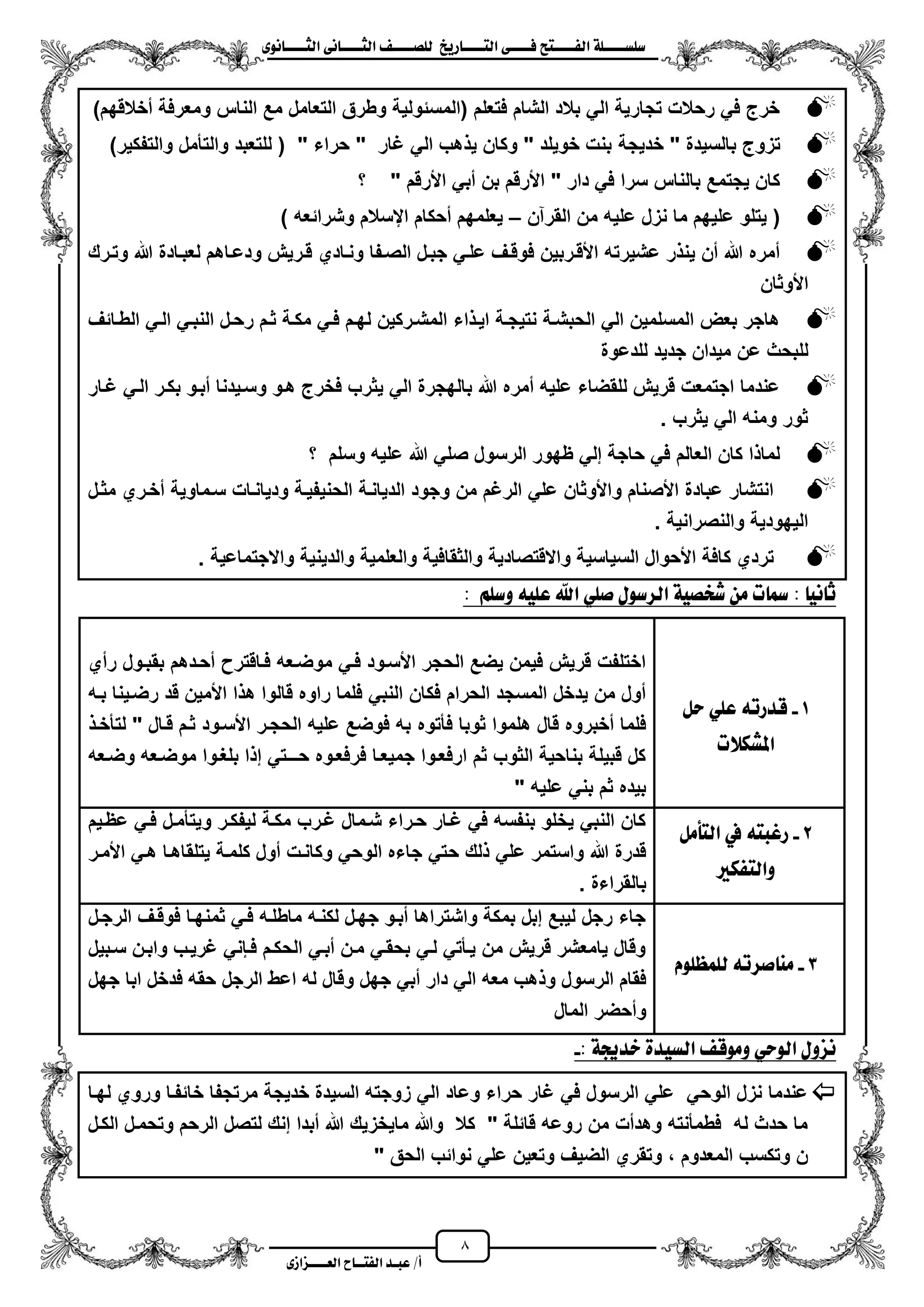 8
١ً‫ل‬‫ل‬‫ضًطللل‬‫ض‬ ‫ل‬‫ل‬‫ايفللل‬٢‫ل‬‫ل‬‫فللل‬‫زٜذ‬ ‫ل‬‫ل‬‫للل‬ ‫اي‬‫ل‬‫ل‬‫يًصللل‬٣ْٛ ‫ل‬‫ل‬‫ايجللل‬ ٢ْ ‫ل‬‫ل‬‫ايجللل‬
‫عب‬ /‫أ‬‫ل‬‫ايف‬ ‫د‬‫لل‬‫ايع‬ ‫ح‬‫لللل‬٣‫صاش‬
)‫مخالقهم‬ ‫ومعرفة‬ ‫الناس‬ ‫مع‬ ‫التعامل‬ ‫وطرق‬ ‫(المسئولٌة‬ ‫فتعلم‬ ‫الشام‬ ‫بالد‬ ً‫ال‬ ‫تجارٌة‬ ‫رحالت‬ ً‫ف‬ ‫خرج‬
‫خدٌجة‬ " ‫بالسٌدة‬ ‫تزوج‬)‫والتفكٌر‬ ‫والتأمل‬ ‫للتعبد‬ ( " ‫حراء‬ " ‫ؼار‬ ً‫ال‬ ‫هب‬ ٌ ‫وكان‬ " ‫خوٌلد‬ ‫بنت‬
‫؟‬ " ‫األرقم‬ ً‫مب‬ ‫بن‬ ‫األرقم‬ " ‫دار‬ ً‫ف‬ ‫سرا‬ ‫بالناس‬ ‫ٌجتمع‬ ‫كان‬
‫القرآن‬ ‫من‬ ‫علٌه‬ ‫نزل‬ ‫ما‬ ‫علٌهم‬ ‫ٌتلو‬ (–) ‫وشرائعه‬ ‫ايسالم‬ ‫محكام‬ ‫ٌعلمهم‬
‫ونزادي‬ ‫الصزفا‬ ‫جبزل‬ ً‫علز‬ ‫فوقزؾ‬ ‫األقزربٌن‬ ‫عشٌرته‬ ‫ر‬ ‫ٌن‬ ‫من‬ ‫هللا‬ ‫ممره‬‫وتزرك‬ ‫هللا‬ ‫لعبزادة‬ ‫ودعزاهم‬ ‫قزرٌش‬
‫األوثان‬
‫الطزائؾ‬ ً‫الز‬ ً‫النبز‬ ‫رحزل‬ ‫ثزم‬ ‫مكزة‬ ً‫فز‬ ‫لهزم‬ ‫المشزركٌن‬ ‫اء‬ ‫اٌز‬ ‫نتٌجزة‬ ‫الحبشزة‬ ً‫ال‬ ‫المسلمٌن‬ ‫بعض‬ ‫هاجر‬
‫للدعوة‬ ‫جدٌد‬ ‫مٌدان‬ ‫عن‬ ‫للبحث‬
‫ؼزار‬ ً‫الز‬ ‫بكزر‬ ‫مبزو‬ ‫وسزٌدنا‬ ‫هزو‬ ‫فخرج‬ ‫ٌثرب‬ ً‫ال‬ ‫بالهجرة‬ ‫هللا‬ ‫ممره‬ ‫علٌه‬ ‫للقضاء‬ ‫قرٌش‬ ‫اجتمعت‬ ‫عندما‬
. ‫ٌثرب‬ ً‫ال‬ ‫ومنه‬ ‫ثور‬
‫؟‬ ‫وسلم‬ ‫علٌه‬ ‫هللا‬ ً‫صل‬ ‫الرسول‬ ‫ظهور‬ ً‫إل‬ ‫حاجة‬ ً‫ف‬ ‫العالم‬ ‫كان‬ ‫ا‬ ‫لما‬
‫مثزل‬ ‫مخزري‬ ‫سزماوٌة‬ ‫ودٌانزات‬ ‫الحنٌفٌزة‬ ‫الدٌانزة‬ ‫وجود‬ ‫من‬ ‫الرؼم‬ ً‫عل‬ ‫واألوثان‬ ‫األصنام‬ ‫عبادة‬ ‫انتشار‬
. ‫والنصرانٌة‬ ‫الٌهودٌة‬
‫واالجتماعٌة‬ ‫والدٌنٌة‬ ‫والعلمٌة‬ ‫والثقافٌة‬ ‫واالقتصادٌة‬ ‫السٌاسٌة‬ ‫األحوال‬ ‫كافة‬ ‫تردي‬.
ًِ‫ٚض‬ ً٘ٝ‫ع‬ ‫اهلل‬ ًٞ‫ص‬ ٍٛ‫ايسض‬ ١ٝ‫غدص‬ َٔ ‫ت‬ ‫مس‬ : ْٝ ‫ث‬:
1-ٌ‫س‬ ًٞ‫ع‬ ٘‫قدزت‬
‫املػهالت‬
‫رمي‬ ‫بقبزول‬ ‫محزدهم‬ ‫فزاقتر‬ ‫موضزعه‬ ً‫فز‬ ‫األسزود‬ ‫الحجر‬ ‫ٌضع‬ ‫فٌمن‬ ‫قرٌش‬ ‫اختلفت‬
‫بزه‬ ‫رضزٌنا‬ ‫قد‬ ‫األمٌن‬ ‫ا‬ ‫ه‬ ‫قالوا‬ ‫راوه‬ ‫فلما‬ ً‫النب‬ ‫فكان‬ ‫الحرام‬ ‫المسجد‬ ‫ٌدخل‬ ‫من‬ ‫مول‬
‫فأتوه‬ ‫ثوبا‬ ‫هلموا‬ ‫قال‬ ‫مخبروه‬ ‫فلما‬‫لتأخز‬ " ‫قزال‬ ‫ثزم‬ ‫األسزود‬ ‫الحجزر‬ ‫علٌه‬ ‫فوضع‬ ‫به‬
‫وضزعه‬ ‫موضزعه‬ ‫بلؽزوا‬ ‫ا‬ ‫إ‬ ً‫حـزـت‬ ‫فرفعزوه‬ ‫جمٌعزا‬ ‫ارفعزوا‬ ‫ثم‬ ‫الثوب‬ ‫بناحٌة‬ ‫قبٌلة‬ ‫كل‬
" ‫علٌه‬ ً‫بن‬ ‫ثم‬ ‫بٌده‬
2-ٌَ‫أ‬ ‫اي‬ ‫يف‬ ٘ ‫زبب‬
‫فهري‬ ‫ٚاي‬
‫عظزٌم‬ ً‫فز‬ ‫وٌتأمزل‬ ‫لٌفكزر‬ ‫مكزة‬ ‫ؼزرب‬ ‫شزمال‬ ‫حزراء‬ ‫ؼزار‬ ً‫ف‬ ‫بنفسه‬ ‫ٌخلو‬ ً‫النب‬ ‫كان‬
‫ح‬ ‫لك‬ ً‫عل‬ ‫واستمر‬ ‫هللا‬ ‫قدرة‬‫األمزر‬ ً‫هز‬ ‫ٌتلقاهزا‬ ‫كلمزة‬ ‫مول‬ ‫وكانزت‬ ً‫الوح‬ ‫جاءه‬ ً‫ت‬
. ‫بالقراءة‬
3-ًّٛ‫يًُع‬ ٘‫صست‬ َٓ
‫الرجزل‬ ‫فوقزؾ‬ ‫ثمنهزا‬ ً‫فز‬ ‫ماطلزه‬ ‫لكنزه‬ ‫جهزل‬ ‫مبزو‬ ‫واشتراها‬ ‫بمكة‬ ‫إبل‬ ‫لٌبع‬ ‫رجل‬ ‫جاء‬
‫سزبٌل‬ ‫وابزن‬ ‫ؼرٌزب‬ ً‫فزبن‬ ‫الحكزم‬ ً‫مبز‬ ‫مزن‬ ً‫بحقز‬ ً‫لز‬ ً‫ٌزأت‬ ‫من‬ ‫قرٌش‬ ‫ٌامعشر‬ ‫وقال‬
‫وقال‬ ‫جهل‬ ً‫مب‬ ‫دار‬ ً‫ال‬ ‫معه‬ ‫هب‬ ‫و‬ ‫الرسول‬ ‫فقام‬‫جهل‬ ‫ابا‬ ‫فدخل‬ ‫حقه‬ ‫الرجل‬ ‫اعط‬ ‫له‬
‫المال‬ ‫ومحضر‬
: ١‫خدجي‬ ٠‫ايطٝد‬ ‫َٚٛق‬ ٞ‫ايٛس‬ ٍٚ‫ْص‬-
‫لهزا‬ ‫وروي‬ ‫خائفزا‬ ‫مرتجفا‬ ‫خدٌجة‬ ‫السٌدة‬ ‫زوجته‬ ً‫ال‬ ‫وعاد‬ ‫حراء‬ ‫ؼار‬ ً‫ف‬ ‫الرسول‬ ً‫عل‬ ً‫الوح‬ ‫نزل‬ ‫عندما‬
‫وتحمز‬ ‫الرحم‬ ‫لتصل‬ ‫إنك‬ ‫مبدا‬ ‫هللا‬ ‫ماٌخزٌك‬ ‫وهللا‬ ‫كال‬ " ‫قائلة‬ ‫روعه‬ ‫من‬ ‫وهدمت‬ ‫فطمأنته‬ ‫له‬ ‫حدث‬ ‫ما‬‫الكزل‬ ‫ل‬
" ‫الحق‬ ‫نوائب‬ ً‫عل‬ ‫وتعٌن‬ ‫الضٌؾ‬ ‫وتقري‬ ، ‫المعدوم‬ ‫وتكسب‬ ‫ن‬
 