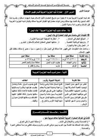 2
١ً‫ل‬‫ل‬‫ضًطللل‬‫ض‬ ‫ل‬‫ل‬‫ايفللل‬٢‫ل‬‫ل‬‫فللل‬‫زٜذ‬ ‫ل‬‫ل‬‫للل‬ ‫اي‬‫ل‬‫ل‬‫يًصللل‬٣ْٛ ‫ل‬‫ل‬‫ايجللل‬ ٢ْ ‫ل‬‫ل‬‫ايجللل‬
‫عب‬ /‫أ‬‫ل‬‫ايف‬ ‫د‬‫لل‬‫ايع‬ ‫ح‬‫لللل‬٣‫صاش‬
‫األٚىل‬ ٠‫ايٛسد‬
‫شزهدت‬ ‫حٌزث‬ ‫ايسزالم‬ ‫قبزل‬ ‫الحضزارة‬ ‫تزارٌح‬ ‫مزن‬ ‫ٌتجززم‬ ‫ال‬ ‫جززءا‬ ‫العربٌة‬ ‫الجزٌرة‬ ‫شبه‬ ‫تعد‬‫منز‬ ‫بشزرٌا‬ ‫اسزتقرار‬
‫العربٌة‬ ‫القبائل‬ ‫حضاراتها‬ ‫كونت‬ ‫ومدن‬ ‫ممالك‬ ‫بها‬ ‫قامت‬ ‫وقد‬ ‫السنٌن‬ ‫آالؾ‬‫العربٌزة‬ ‫الجزٌزرة‬ ‫شزبه‬ ‫وقبائل‬ ‫ممالك‬
‫ايسالم‬ ‫قبل‬‫األصل‬ ‫سامٌة‬ ‫ممة‬ ‫والعرب‬.
: ُٔٝ‫اي‬ ‫بالد‬ ‫يف‬ ٠‫ز‬ ‫اذتط‬ ّ ٝ‫ق‬ ًٞ‫ع‬ ‫عدت‬ ‫ض‬ ‫اييت‬ ‫ت‬ َٛ‫املك‬-
1‫الممتاز‬ ً‫الجؽراف‬ ‫الموقع‬ ..2‫الؽزٌرة‬ ‫الموسمٌة‬ ‫الصٌفٌة‬ ‫ممطارها‬ ..
3‫الخصبة‬ ‫البركانٌة‬ ‫وتربتها‬ ..4‫البشري‬ ‫لالستقرار‬ ‫المالئم‬ ‫المعتدل‬ ً‫الجبل‬ ‫مناخها‬ ..
5‫ا‬ .‫والتجارة‬ ‫بالزراعة‬ ‫لعمل‬.
-: ‫مثل‬ ‫الٌمن‬ ً‫ف‬ ‫ممالك‬ ‫عدة‬ ‫ظهور‬ ً‫عل‬ ‫المقومات‬ ‫ه‬ ‫ه‬ ‫ساعدت‬-‫معٌن‬ (–‫سبأ‬–) ‫حمٌر‬‫قبل‬ ‫سقطت‬ ‫ممالك‬
. ‫ايسالم‬ ‫ظهور‬
١ْ‫ز‬ ‫املك‬ ٘‫ٚد‬‫َعني‬ ١‫ممًه‬‫ضبأ‬ ١‫ممًه‬‫محري‬ ١‫ممًه‬
ٗ‫زخي‬ ‫ت‬1311/631‫ق.م‬011/115‫ق.م‬115/ ‫ق.م‬525‫م‬
ٗ‫ْػأت‬‫الجوؾ‬ ‫وادي‬‫ؼ‬ ‫جنوب‬‫الٌمن‬ ‫رب‬‫والبحراالحمر‬ ‫سبأ‬ ‫مملكة‬
١ُ‫ص‬ ‫ايع‬‫قرناو‬‫مأرب‬) ‫ظفار‬ ( ‫رٌدان‬
١َ‫املهس‬ ١‫َه‬( ١ٜٛ‫ايٓب‬ ١ٜٓ‫املد‬‫ٜجسب‬)٥ ‫ايط‬
‫الحجزاز‬ ‫مزدن‬ ‫مشزهر‬ ‫من‬ ‫تعتبر‬
‫بهززا‬ ‫المشززرفة‬ ‫الكعبززة‬ ‫لوجززود‬
‫ززادٌة‬‫ز‬‫االقتص‬ ‫ززا‬‫ز‬‫مهمٌته‬ ‫ززن‬‫ز‬‫وتكم‬
ً‫زز‬‫ز‬‫عل‬ ً‫زز‬‫ز‬‫الجؽراف‬ ‫ززا‬‫ز‬‫موقعه‬ ً‫زز‬‫ز‬‫ف‬
‫زززام‬‫ز‬‫الش‬ ‫زززٌن‬‫ز‬‫ب‬ ‫زززل‬‫ز‬‫القواف‬ ‫زززق‬‫ز‬ٌ‫طر‬
‫ق‬ ‫ززهر‬‫ز‬‫مش‬ ‫ززن‬‫ز‬‫وم‬ ‫ززٌمن‬‫ز‬‫وال‬‫ززا‬‫ز‬‫بائله‬
. ‫قرٌش‬
‫ززة‬‫ز‬‫واح‬ ً‫زز‬‫ز‬‫وه‬ ‫ززة‬‫ز‬‫مك‬ ‫ززمال‬‫ز‬‫ش‬ ‫ززع‬‫ز‬‫تق‬
‫زم‬‫ز‬‫بحك‬ ‫زة‬‫ز‬ٌ‫تجار‬ ‫زة‬‫ز‬‫ومدٌن‬ ‫زة‬‫ز‬ٌ‫زراع‬
‫ززل‬‫ز‬‫القواف‬ ‫ززق‬‫ز‬ٌ‫طر‬ ً‫زز‬‫ز‬‫عل‬ ‫ززا‬‫ز‬‫موقعه‬
‫زززٌمن‬‫ز‬‫وال‬ ‫زززة‬‫ز‬‫مك‬ ‫زززٌن‬‫ز‬‫ب‬ ‫زززة‬‫ز‬ٌ‫التجار‬
‫زة‬‫ز‬ٌ‫عرب‬ ‫زل‬‫ز‬‫قبائ‬ ‫زكنتها‬‫ز‬‫وس‬ ‫زام‬‫ز‬‫والش‬
. ‫والخزرج‬ ‫األوس‬ ‫قبٌلتا‬ ‫منها‬
‫ززاز‬‫ز‬‫وتمت‬ ‫ززة‬‫ز‬‫مك‬ ‫ززرق‬‫ز‬‫ش‬ ‫ززوب‬‫ز‬‫جن‬ ‫ززع‬‫ز‬‫تق‬
‫زززاتٌنها‬‫ز‬‫بس‬ ‫زززرة‬‫ز‬‫وكث‬ ‫زززا‬‫ز‬‫هوائه‬ ‫زززب‬‫ز‬ٌ‫بط‬
‫محاطهزا‬ ‫لك‬ ‫ل‬ ‫لألعداء‬ ‫مطمعا‬ ‫فكانت‬
‫ب‬ ‫سكنها‬‫علٌهزا‬ ‫مطلقزوا‬ ‫لك‬ ‫لز‬ ‫أسزوار‬
‫هزززوازن‬ ‫قبائزززل‬ ‫وسزززكنتها‬ ‫الطزززائؾ‬
. ‫وثقٌؾ‬
: َٗٓ ١ٝ‫عسب‬ ‫يو‬ ‫مم‬ ١ٝ‫ي‬ ُ‫ايػ‬ ١ٝ‫ايعسب‬ ٤‫ايصشسا‬ ‫أطساف‬ ‫يف‬ ‫َت‬ ‫ق‬-
‫الشام‬ ً‫ف‬ ) ‫واألنباط‬ ‫وتدمر‬ ‫الؽساسنة‬ ( *.‫العراق‬ ً‫ف‬ ) ‫الحٌرة‬ ‫مملكة‬ ( *.
‫وال‬ ‫الفرس‬ ً‫دولت‬ ‫وبٌن‬ ‫العرب‬ ‫بٌن‬ ‫فاصال‬ ‫حدا‬ ‫الممالك‬ ‫ه‬ ‫ه‬ ‫وكانت‬‫روم‬‫الحٌرة‬ ‫مملكتى‬ ‫بدراسة‬ ‫نكتفى‬ ‫وسوؾ‬
. ‫والؽساسنة‬
١ٝ‫ايعسب‬ ٠‫ادتصٜس‬ ٘‫غب‬ ‫دٓٛب‬ ‫يو‬ ‫مم‬ : ‫أٚال‬"ُٔٝ‫اي‬ ‫بالد‬"
: :‫ل‬‫ل‬ْٝ ‫ث‬-‫لس‬‫ل‬ٜ‫ادتص‬ ٘‫لب‬‫ل‬‫غ‬ ‫لسب‬‫ل‬‫ب‬ ٕ‫لد‬‫ل‬َ١‫ل‬‫ل‬ٝ‫ايعسب‬ ٠
: ‫يجللللل‬ ‫ث‬-‫ٚايعلللللسام‬ ّ ‫ايػللللل‬ ‫يلللللو‬ ‫مم‬
: ٍٚ‫األ‬ ‫ايدزع‬‫زات‬ ‫سط‬٘‫غب‬٠‫ادتصٜس‬١ٝ‫ايعسب‬ٌ‫قبل‬‫ظٗلٛز‬ّ‫اإلضلال‬
 