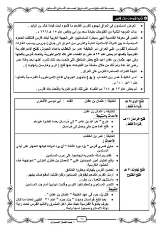 28
١ً‫ل‬‫ل‬‫ضًطللل‬‫ض‬ ‫ل‬‫ل‬‫ايفللل‬٢‫ل‬‫ل‬‫فللل‬‫زٜذ‬ ‫ل‬‫ل‬‫للل‬ ‫اي‬‫ل‬‫ل‬‫يًصللل‬٣ْٛ ‫ل‬‫ل‬‫ايجللل‬ ٢ْ ‫ل‬‫ل‬‫ايجللل‬
‫عب‬ /‫أ‬‫ل‬‫ايف‬ ‫د‬‫لل‬‫ايع‬ ‫ح‬‫لللل‬٣‫صاش‬
‫زع‬ ‫ف‬ ‫بالد‬ ‫ت‬ ‫ٛس‬ ‫ف‬ ْٝ ‫ث‬:
‫الولٌد‬ ‫بن‬ ‫خالد‬ ‫قٌادة‬ ‫تحت‬ ‫فتحوه‬ ‫ما‬ ‫مفقدهم‬ ‫الفرس‬ ‫لهجوم‬ ‫العراق‬ ً‫ف‬ ‫المسلمون‬ ‫تعرض‬.
‫عام‬ ‫وقاص‬ ‫مبى‬ ‫بن‬ ‫سعد‬ ‫بقٌادة‬ ‫الفتوحات‬ ‫من‬ ‫الثانٌة‬ ‫الموجه‬ ‫بدمت‬15‫هـ‬/636‫م‬.
‫منهى‬ ‫القادسٌة‬ ‫معركة‬ ً‫ف‬ ‫النصر‬‫فارس‬ ‫لبالد‬ ‫الؽربٌة‬ ‫الجبهة‬ ‫على‬ ‫الساسانٌٌن‬ ‫سٌطرة‬‫الحزدود‬ ‫فانتقلت‬
‫الؽزارات‬ ‫وبسزبب‬ ‫زاجزروس‬ ‫جبزال‬ ‫إلزى‬ ‫العزراق‬ ‫مزن‬ ‫والفزرس‬ ‫الفتٌزة‬ ‫ايسزالمٌة‬ ‫الدولة‬ ‫بٌن‬ ‫ما‬ ‫السٌاسٌة‬
‫زة‬‫ز‬ٌ‫ايمبراطور‬ ‫زتح‬‫ز‬‫لف‬ ‫زوش‬‫ز‬ٌ‫الج‬ ‫زداد‬‫ز‬‫باع‬ ‫زاب‬‫ز‬‫الخط‬ ‫زن‬‫ز‬‫ب‬ ‫زر‬‫ز‬‫عم‬ ‫زة‬‫ز‬‫الخلٌف‬ ‫زر‬‫ز‬‫مم‬ ‫زراق‬‫ز‬‫الع‬ ‫زى‬‫ز‬‫عل‬ ‫زرس‬‫ز‬‫للف‬ ‫زتمرة‬‫ز‬‫المس‬
‫ٌم‬ ‫لم‬ ‫بأكملها‬ ‫الفارسٌة‬‫عام‬ ‫ض‬23‫بأكملهزا‬ ‫فزارس‬ ‫وفتحزت‬ ‫ايمبراطورٌزة‬ ‫تلك‬ ‫على‬ ‫القضاء‬ ‫تم‬ ‫حتى‬ ‫هـ‬
‫عمزر‬ ‫وفزاة‬ ‫بعزد‬ ‫مهلهزا‬ ‫لتمزرد‬ ‫لزك‬ ‫بعزد‬ ‫فتحزت‬ ‫التى‬ ‫المناطق‬ ‫بعض‬ ‫فتح‬ ‫معٌد‬ ‫عفان‬ ‫بن‬ ‫عثمان‬ ‫عهد‬ ‫وفى‬
) ‫ونهاوند‬ ‫وخارسان‬ ‫الرى‬ ( ‫فتح‬ ‫منها‬ ‫الفتوحات‬ ‫من‬ ‫سلسلة‬ ‫خالل‬ ‫من‬ ‫لك‬ ‫وتم‬ ‫عنه‬ ‫هللا‬ ‫رضى‬.
‫المستم‬ ‫للؽارات‬ ‫نتٌجة‬‫العراق‬ ‫على‬ ‫للفرس‬ ‫رة‬.
{ ‫الخطززاب‬ ‫بززن‬ ‫عمززر‬ ‫الخلٌفززة‬ ‫ممززر‬‫بأكملهززا‬ ‫الفارسززٌة‬ ‫ايمبراطورٌززة‬ ‫لفززتح‬ ‫الجٌززوش‬ ‫بتجهٌززز‬ }
‫عام‬21‫هـ‬641‫م‬.
‫عام‬ ‫ٌمض‬ ‫لم‬23‫هو‬644‫فارس‬ ‫بالد‬ ‫ن‬‫تحت‬‫وف‬ ‫ايمبراطورٌة‬ ‫تلك‬ ‫على‬ ‫القضاء‬ ‫مم‬.
٣‫ايس‬ ‫ض‬ ‫ف‬24‫ٖل‬
)‫فكط‬ ٠٤‫(قسا‬
‫الخلٌفة‬‫عفان‬ ‫بن‬ ‫عثمان‬ :‫القائد‬:ً‫مب‬‫موسى‬‫األشعري‬
ٕ ‫خساض‬ ‫ض‬ ‫ف‬31‫ٖل‬
)‫فكط‬ ٠٤‫(قسا‬
‫الخلٌفة‬:‫عفان‬ ‫بن‬ ‫عثمان‬
١‫ٝذ‬ ٓ‫ٚاي‬ ‫األسداخ‬:
‫عهدهم‬ ‫نقضوا‬ ‫بعدما‬ ‫راسان‬‫خ‬ ‫إلى‬ " ‫عامر‬ ‫بن‬ ‫هللا‬ ‫عبد‬ " ‫خرج‬
‫راسان‬‫خ‬ ‫إلى‬ ‫وصل‬ ‫حتى‬ ‫مدن‬ ‫عدة‬ ‫فتح‬

‫ْٚد‬ ْٗ ‫ض‬ ‫ف‬21‫ٖل‬
‫ٛح‬ ‫ايف‬ ‫ض‬ ‫ف‬
‫الخط‬ ‫بن‬ ‫عمر‬ : ‫الخلٌفة‬‫اب‬
‫األسداخ‬:
‫مٌدي‬ ‫على‬ ‫المنهار‬ ‫كٌانها‬ ‫لدولته‬ ‫ٌرد‬ ‫من‬ " ‫الثالث‬ ‫جرد‬ ‫ٌزد‬ " ‫فارس‬ ‫كسرى‬ ‫حاول‬
‫المسلمٌن‬
‫المسلمٌن‬ ‫حرب‬ ‫على‬ ‫لٌجتمعوا‬ ‫مناصرٌه‬ ‫بمراسلة‬ ‫فقام‬
‫ه‬ ‫ز‬‫ز‬‫ه‬ ‫لمواجهزة‬ " ً‫المزنز‬ ‫ن‬‫قزر‬‫م‬ ‫بزن‬ ‫زان‬‫ز‬‫النعم‬ " ً‫علز‬ ‫منٌن‬ ‫المز‬ ‫ممٌزر‬ ‫اختٌزار‬ ‫وقزع‬
.‫الفارسٌة‬ ‫الحشود‬
‫بنهاوند‬ ‫الفرس‬ ‫تحصن‬‫الخنادق‬ ‫وحفروا‬
. ‫بٌنهم‬ ‫المفاوضات‬ ‫فشلت‬ ‫ولكن‬ ‫المسلمٌن‬ ‫لٌفاوض‬ ‫قائدهم‬ ‫الفرس‬ ‫مرسل‬
.‫مقرن‬ ‫بن‬ ‫النعمان‬ ‫واستشهد‬
‫المسلمٌن‬ ‫جند‬ ‫ممام‬ ‫مبوابها‬ ‫تحت‬‫وف‬ ‫الفرس‬ ‫نفو‬ ‫وتحطم‬ ‫المسلمون‬ ‫انتصر‬
: ١‫ٝذ‬ ٓ‫اي‬
. " ‫عفان‬ ‫بن‬ ‫عثمان‬ " ‫الخلٌفة‬ ‫عهد‬ ً‫ف‬ ‫جرد‬ ‫ٌزد‬ ‫قتل‬
‫ز‬‫ز‬‫ج‬ ‫ززد‬‫ز‬ٌ " ‫زوت‬‫ز‬‫وم‬ ‫زان‬‫ز‬‫راس‬‫خ‬ ‫زتح‬‫ز‬‫ف‬ ‫زد‬‫ز‬‫بع‬‫زام‬‫ز‬‫ع‬ " ‫رد‬31‫زان‬‫ز‬‫ك‬ ‫زا‬‫ز‬‫م‬ ‫زا‬‫ز‬‫تمام‬ ‫زى‬‫ز‬‫انته‬
‫الفارسٌة‬ ‫بالدولة‬ ‫ٌعرؾ‬‫راٌزة‬ ‫تحزت‬ ‫الفزرس‬ ‫ومقزالٌم‬ ‫المشزرق‬ ‫مهزل‬ ‫دخزل‬ ‫حٌث‬
. ‫واحدا‬ ‫نسجا‬ ‫ومصبحوا‬ ‫ايسالم‬ ‫دولة‬
 