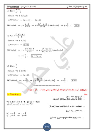 ‫الفصل‬‫الثا‬‫لث‬/‫تطبٌمات‬‫التفاضل‬‫أعداد‬/‫األستاذ‬ً‫عل‬‫حمٌد‬𝟎𝟕8𝟏083𝟕05𝟎
231
( ) ( )
𝟑
𝟐 𝟒
* +⁄
‫الشالولٌة‬ ‫المحاذٌات‬
‫االفمٌة‬ ‫المحاذٌات‬
𝟑
𝟐 𝟒
𝟎 𝟐
𝟑
𝟐 𝟒
(‫الدرجتٌن‬ ‫)نساوي‬
( ) ( )
𝟐
𝟑 𝟑
𝟓
* +⁄
‫الشالولٌة‬ ‫المحاذٌات‬
‫االفمٌة‬ ‫المحاذٌات‬
𝟐
𝟑 𝟑
𝟓
𝟐
𝟑 𝟑
𝟎 𝟐 𝟓
(‫الدرجتٌن‬ ‫)نساوي‬
‫معرف‬ ‫غٌر‬
( ) ( )
𝟓
* +⁄
‫الشالولٌة‬ ‫المحاذٌات‬
‫االفمٌة‬ ‫المحاذٌات‬
𝟓 𝟎 𝟓
(‫الدرجتٌن‬ ‫)نساوي‬
( ‫مثال‬1/)‫الدالة‬ ً‫منحن‬ ‫التفاضل‬ ً‫ف‬ ‫بمعلوماتن‬ ‫باألستعانة‬ ‫أرسم‬:( ) 𝟓
/‫الحل‬
‫للدالة‬ ‫مجال‬ ‫أوسع‬
‫التناظر‬/: ‫ألن‬ ‫األصل‬ ‫نمطة‬ ‫حول‬ ‫متناظر‬ ً‫المنحن‬
( ) ➨ ( ) ( )
( ) ( ) 𝟓 𝟓 ( )
‫نسبٌة‬ ‫لٌست‬ ‫الدالة‬ ‫ألن‬ ‫توجد‬ ‫ال‬ / ‫المحاذٌات‬) ‫كسرٌة‬ (
‫المحورٌن‬ ‫مع‬ ‫التماطع‬ ‫نمط‬
𝟎 𝟎
𝟎 𝟎
‫األحداثٌٌن‬ ‫المحورٌن‬ ‫مع‬ ‫تماطع‬ ‫نمطة‬ (𝟎 𝟎) ‫النمطة‬
‫وزاري‬2013/‫د‬3
 