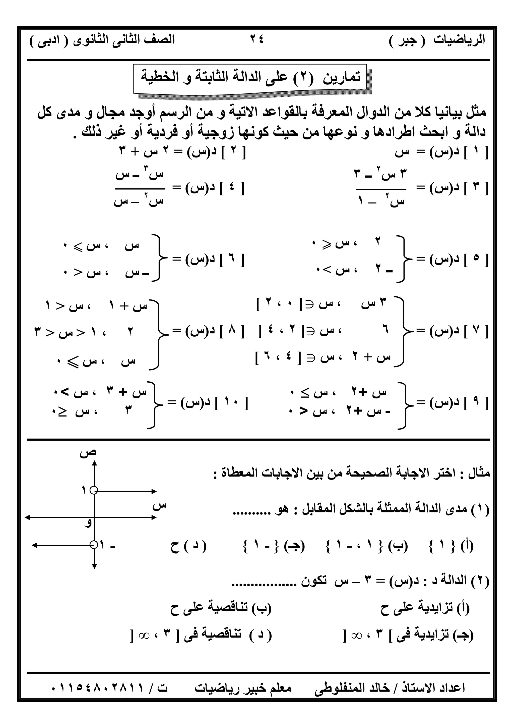 ‫اﻟﺮﯾﺎﺿﯿﺎت‬)‫ﺟﺒﺮ‬(‫اﻟﺜﺎﻧﻮى‬ ‫اﻟﺜﺎﻧﻰ‬ ‫اﻟﺼﻒ‬)‫ادﺑﻰ‬(
‫ـــــــــــــــــــــــــــــــــــــــــــــــــــــــــــــــــــــــــــــــــــ‬‫ـــــــــــــــــــــــــــــــــــــــــــــــــــــــــــــــــــ‬
‫ــــــــــــــــــــــــــــــــــــــــــــــــــــــــــــــــــــــــــــــــــــــــــــــــــــــــــــــــــــــــــــــــــــــــــــــــــــــ‬
‫اﻻﺳﺘﺎذ‬ ‫اﻋﺪاد‬/‫اﻟﻤﻨﻔﻠﻮطﻰ‬ ‫ﺧﺎﻟﺪ‬‫ت‬ ‫رﯾﺎﺿﯿﺎت‬ ‫ﺧﺒﯿﺮ‬ ‫ﻣﻌﻠﻢ‬/٠١١٥٤٨٠٢٨١١
٢٤
‫ﻛﻞ‬ ‫ﻣﺪى‬ ‫و‬ ‫ﻣﺠﺎل‬ ‫أوﺟﺪ‬ ‫اﻟﺮﺳﻢ‬ ‫ﻣﻦ‬ ‫و‬ ‫اﻻﺗﯿﺔ‬ ‫ﺑﺎﻟﻘﻮاﻋﺪ‬ ‫اﻟﻤﻌﺮﻓﺔ‬ ‫اﻟﺪوال‬ ‫ﻣﻦ‬ ‫ﻛﻼ‬ ‫ﺑﯿﺎﻧﯿﺎ‬ ‫ﻣﺜﻞ‬
‫ذﻟﻚ‬ ‫ﻏﯿﺮ‬ ‫أو‬ ‫ﻓﺮدﯾﺔ‬ ‫أو‬ ‫زوﺟﯿﺔ‬ ‫ﻛﻮﻧﮭﺎ‬ ‫ﺣﯿﺚ‬ ‫ﻣﻦ‬ ‫ﻧﻮﻋﮭﺎ‬ ‫و‬ ‫اطﺮادھﺎ‬ ‫اﺑﺤﺚ‬ ‫و‬ ‫داﻟﺔ‬.
]١[‫د‬)‫س‬= (‫س‬]٢[‫د‬)‫س‬= (٢‫س‬+٣
]٣[‫د‬)‫س‬] = (٤[‫د‬)‫س‬= (
]٥[‫د‬)‫س‬] = (٦[‫د‬)‫س‬= (
]٧[‫د‬)‫س‬] = (٨[‫د‬)‫س‬= (
]٩[‫د‬)‫س‬= (]١٠[‫د‬)‫س‬= (
‫ــــــــــــــــــــــــــــــــــــــــــــــــــــــــــــــــــــــــــــــــــــــــــــــــــــــــــــــــــــــــــــــــــــــــــــــــــــــ‬
‫ﻣﺜﺎل‬:‫ا‬ ‫اﻻﺟﺎﺑﺎت‬ ‫ﺑﯿﻦ‬ ‫ﻣﻦ‬ ‫اﻟﺼﺤﯿﺤﺔ‬ ‫اﻻﺟﺎﺑﺔ‬ ‫اﺧﺘﺮ‬‫ﻟﻤﻌﻄﺎة‬:
)١(‫اﻟﻤﻘﺎﺑﻞ‬ ‫ﺑﺎﻟﺸﻜﻞ‬ ‫اﻟﻤﻤﺜﻠﺔ‬ ‫اﻟﺪاﻟﺔ‬ ‫ﻣﺪى‬:‫ھﻮ‬..........
)‫أ‬(}١{)‫ب‬(}١،-١{)‫ﺟـ‬(}-١{)‫د‬(‫ح‬
)٢(‫د‬ ‫اﻟﺪاﻟﺔ‬:‫د‬)‫س‬= (٣–‫ﺗﻜﻮن‬ ‫س‬.................
)‫أ‬(‫ح‬ ‫ﻋﻠﻰ‬ ‫ﺗﺰاﯾﺪﯾﺔ‬)‫ب‬(‫ح‬ ‫ﻋﻠﻰ‬ ‫ﺗﻨﺎﻗﺼﯿﺔ‬
)‫ﺟـ‬(‫ﻓﻰ‬ ‫ﺗﺰاﯾﺪﯾﺔ‬[٣،∞) ]‫د‬(‫ﻓﻰ‬ ‫ﺗﻨﺎﻗﺼﯿﺔ‬]٣،∞]
‫ﺗﻤﺎرﯾﻦ‬)٢(‫ﻋ‬‫اﻟﺨﻄﯿﺔ‬ ‫و‬ ‫اﻟﺜﺎﺑﺘﺔ‬ ‫اﻟﺪاﻟﺔ‬ ‫ﻠﻰ‬
٣‫س‬٢
‫ــ‬٣
‫س‬٢
–١
‫س‬٣
‫س‬ ‫ــ‬
‫س‬٢
–‫س‬
٢‫س‬ ،Y٠
‫ــ‬٢‫س‬ ،<٠
‫س‬ ، ‫س‬X٠
‫س‬ ، ‫س‬ ‫ــ‬>٠
٣‫س‬ ، ‫س‬g]٠،٢[
٦‫س‬ ،g[٢،٤]
‫س‬+٢‫س‬ ،g]٤،٦[
‫س‬+١‫س‬ ،>١
٢،١>‫س‬>٣
‫س‬ ، ‫س‬X٠
‫و‬
١
-١
‫س‬
‫ص‬
‫س‬+٢‫س‬ ،٠
-‫س‬+٢‫س‬ ،>٠
‫س‬+٣‫س‬ ،<٠
٣‫س‬ ،٠
 