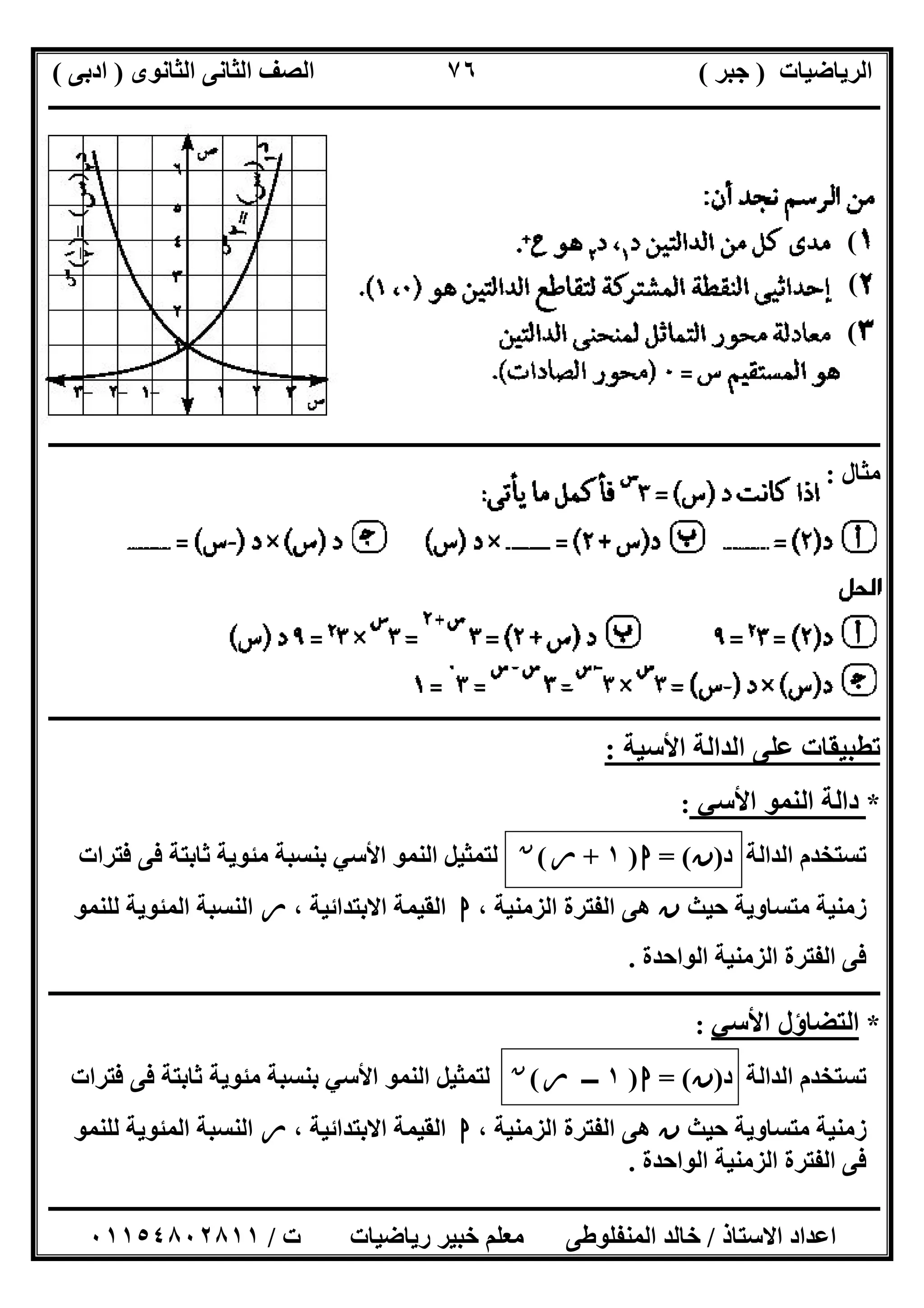 ‫اﻟﺮﯾﺎﺿﯿﺎت‬)‫ﺟﺒﺮ‬(‫اﻟﺜﺎﻧﻮى‬ ‫اﻟﺜﺎﻧﻰ‬ ‫اﻟﺼﻒ‬)‫ادﺑﻰ‬(
‫ـــــــــــــــــــــــــــــــــــــــــــــــــــــــــــــــــــــــــــــــــــ‬‫ـــــــــــــــــــــــــــــــــــــــــــــــــــــــــــــــــــ‬
‫ــــــــــــــــــــــــــــــــــــــــــــــــــــــــــــــــــــــــــــــــــــــــــــــــــــــــــــــــــــــــــــــــــــــــــــــــــــــ‬
‫اﻻﺳﺘﺎذ‬ ‫اﻋﺪاد‬/‫اﻟﻤﻨﻔﻠﻮطﻰ‬ ‫ﺧﺎﻟﺪ‬‫ت‬ ‫رﯾﺎﺿﯿﺎت‬ ‫ﺧﺒﯿﺮ‬ ‫ﻣﻌﻠﻢ‬/٠١١٥٤٨٠٢٨١١
٧٦
‫ـــــــــــــــــــــــــــــــــــــــــــــــــــــــــــــــــــــــــــــــــــــــــــــــــــــــــــــــ‬‫ـــــــــــــــــــــــــــــــــــــــ‬
‫ﻣﺜﺎل‬:
‫ــــــــــــــــــــــــــــــــــــــــــــــــــــــــــــــــــــــــــــــــــــــــــــــــــــــــــــــــــــــــــــــــــــــــــــــــــــــ‬
‫اﻷﺳﯿﺔ‬ ‫اﻟﺪاﻟﺔ‬ ‫ﻋﻠﻰ‬ ‫ﺗﻄﺒﯿﻘﺎت‬:
*‫اﻷﺳﻲ‬ ‫اﻟﻨﻤﻮ‬ ‫داﻟﺔ‬:
‫ﺗ‬‫د‬ ‫اﻟﺪاﻟﺔ‬ ‫ﺴﺘﺨﺪم‬)‫ن‬= (‫ا‬)١+‫ر‬(‫ن‬
‫ﻓﺘﺮات‬ ‫ﻓﻰ‬ ‫ﺛﺎﺑﺘﺔ‬ ‫ﻣﺌﻮﯾﺔ‬ ‫ﺑﻨﺴﺒﺔ‬ ‫اﻷﺳﻲ‬ ‫اﻟﻨﻤﻮ‬ ‫ﻟﺘﻤﺜﯿﻞ‬
‫ﺣﯿﺚ‬ ‫ﻣﺘﺴﺎوﯾﺔ‬ ‫زﻣﻨﯿﺔ‬‫ن‬، ‫اﻟﺰﻣﻨﯿﺔ‬ ‫اﻟﻔﺘﺮة‬ ‫ھﻰ‬‫ا‬، ‫اﻻﺑﺘﺪاﺋﯿﺔ‬ ‫اﻟﻘﯿﻤﺔ‬‫ر‬‫ﻟﻠﻨﻤﻮ‬ ‫اﻟﻤﺌﻮﯾﺔ‬ ‫اﻟﻨﺴﺒﺔ‬
‫اﻟﻮاﺣﺪة‬ ‫اﻟﺰﻣﻨﯿﺔ‬ ‫اﻟﻔﺘﺮة‬ ‫ﻓﻰ‬.
‫ـــــــــــــــــــــــــــــــــــــــــــــــــــــ‬‫ـــــــــــــــــــــــــــــــــــــــــــــــــــــــــــــــــــــــــــــــــــــــــــــــــ‬
*‫اﻷﺳﻲ‬ ‫اﻟﺘﻀﺎؤل‬:
‫د‬ ‫اﻟﺪاﻟﺔ‬ ‫ﺗﺴﺘﺨﺪم‬)‫ن‬= (‫ا‬)١‫ـــ‬‫ر‬(‫ن‬
‫ﻓﺘﺮات‬ ‫ﻓﻰ‬ ‫ﺛﺎﺑﺘﺔ‬ ‫ﻣﺌﻮﯾﺔ‬ ‫ﺑﻨﺴﺒﺔ‬ ‫اﻷﺳﻲ‬ ‫اﻟﻨﻤﻮ‬ ‫ﻟﺘﻤﺜﯿﻞ‬
‫ﺣﯿﺚ‬ ‫ﻣﺘﺴﺎوﯾﺔ‬ ‫زﻣﻨﯿﺔ‬‫ن‬، ‫اﻟﺰﻣﻨﯿﺔ‬ ‫اﻟﻔﺘﺮة‬ ‫ھﻰ‬‫ا‬‫اﻟﻘ‬، ‫اﻻﺑﺘﺪاﺋﯿﺔ‬ ‫ﯿﻤﺔ‬‫ر‬‫ﻟﻠﻨﻤﻮ‬ ‫اﻟﻤﺌﻮﯾﺔ‬ ‫اﻟﻨﺴﺒﺔ‬
‫اﻟﻮاﺣﺪة‬ ‫اﻟﺰﻣﻨﯿﺔ‬ ‫اﻟﻔﺘﺮة‬ ‫ﻓﻰ‬.
(
(
(
 