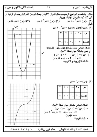 ‫اﻟﺮﯾﺎﺿﯿﺎت‬)‫ﺟﺒﺮ‬(‫اﻟﺜﺎﻧﻮى‬ ‫اﻟﺜﺎﻧﻰ‬ ‫اﻟﺼﻒ‬)‫ادﺑﻰ‬(
‫ـــــــــــــــــــــــــــــــــــــــــــــــــــــــــــــــــــــــــــــــــــ‬‫ـــــــــــــــــــــــــــــــــــــــــــــــــــــــــــــــــــ‬
‫ــــــــــــــــــــــــــــــــــــــــــــــــــــــــــــــــــــــــــــــــــــــــــــــــــــــــــــــــــــــــــــــــــــــــــــــــــــــ‬
‫اﻻﺳﺘﺎذ‬ ‫اﻋﺪاد‬/‫اﻟﻤﻨﻔﻠﻮطﻰ‬ ‫ﺧﺎﻟﺪ‬‫ت‬ ‫رﯾﺎﺿﯿﺎت‬ ‫ﺧﺒﯿﺮ‬ ‫ﻣﻌﻠﻢ‬/٠١١٥٤٨٠٢٨١١
١٧
‫ﻣﺜﺎل‬:‫أو‬ ‫ﻓﺮدﯾﺔ‬ ‫أو‬ ‫زوﺟﯿﺔ‬ ‫اﻟﺪوال‬ ‫ﻣﻦ‬ ‫أى‬ ‫اﺑﺤﺚ‬ ‫و‬ ‫اﻵﺗﯿﺔ‬ ‫اﻟﺪوال‬ ‫ﻣﺜﻞ‬ ‫اﻟﺮﺳﻮﻣﯿﺔ‬ ‫اﻟﺒﺮاﻣﺞ‬ ‫ﺑﺎﺳﺘﺨﺪام‬
‫ﺟﺒﺮﯾﺎ‬ ‫اﺟﺎﺑﺘﻚ‬ ‫ﻣﻦ‬ ‫ﺗﺤﻘﻖ‬ ‫ﺛﻢ‬ ‫ذﻟﻚ‬ ‫ﻏﯿﺮ‬ً.
)١(‫د‬)‫س‬= (‫س‬٢
–٤‫س‬)٢(‫د‬)‫س‬= (‫س‬٣
+‫س‬)٣(‫د‬)‫س‬= (‫س‬ ‫ﺣﺎ‬ ‫س‬
‫اﻟﺤﻞ‬:
)١(‫اﻟﺠﺪول‬ ‫ﻧﻜﻮن‬:‫د‬)‫س‬= (‫س‬٢
–٤‫س‬
‫اﻟﺼﺎدات‬ ‫ﻣﺤﻮر‬ ‫ﺣﻮل‬ ‫ﻣﺘﻤﺎﺛﻼ‬ ‫ﻟﯿﺲ‬ ‫اﻟﺒﯿﺎﻧﻰ‬ ‫اﻟﺸﻜﻞ‬
‫اﻷﺻﻞ‬ ‫ﻧﻘﻄﺔ‬ ‫ﺣﻮل‬ ‫ﻣﺘﻤﺎﺛﻼ‬ ‫ﻟﯿﺲ‬ ‫و‬
‫د‬)-‫س‬) = (-‫س‬(٢
–٤×)-‫س‬(
=‫س‬٢
+٤‫س‬}‫د‬ ‫ــ‬)‫س‬(
B‫ﻓﺮدﯾﺔ‬ ‫ﻻ‬ ‫و‬ ‫زوﺟﯿﺔ‬ ‫ﻻ‬ ‫اﻟﺪاﻟﺔ‬
)٢(‫د‬)‫س‬= (‫س‬٣
+‫س‬
‫اﻷﺻﻞ‬ ‫ﻧﻘﻄﺔ‬ ‫ﺣﻮل‬ ‫ﻣﺘﻤﺎﺛﻞ‬ ‫اﻟﺒﯿﺎﻧﻰ‬ ‫اﻟﺸﻜﻞ‬
‫د‬ ،)-‫س‬) = (-‫س‬(٣
) +-‫س‬(
=-‫س‬٣
–‫س‬=-)‫س‬٣
+‫س‬(
=‫د‬ ‫ــ‬)‫س‬(
B‫ﻓﺮدﯾﺔ‬ ‫اﻟﺪاﻟﺔ‬
‫س‬-١٠١٢٣
‫د‬)‫س‬(٥٠-٣-٤-٣
‫س‬-٢-١٠١٢
‫د‬)‫س‬(-١٠-٢٠٢١٠

‫ﺳﺲ‬
 