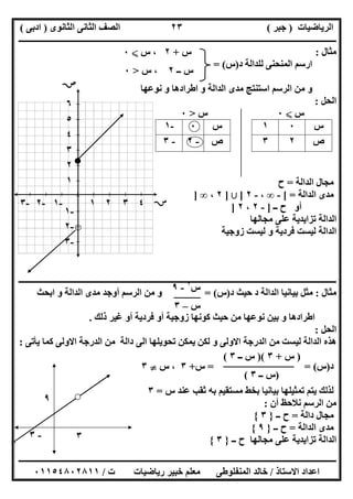 ‫اﻟﺮﯾﺎﺿﯿﺎت‬)‫ﺟﺒﺮ‬(‫اﻟﺜﺎﻧﻮى‬ ‫اﻟﺜﺎﻧﻰ‬ ‫اﻟﺼﻒ‬)‫ادﺑﻰ‬(
‫ـــــــــــــــــــــــــــــــــــــــــــــــــــــــــــــــــــــــــــــــــــ‬‫ـــــــــــــــــــــــــــــــــــــــــــــــــــــــــــــــــــ‬
‫ــــــــــــــــــــــــــــــــــــــــــــــــــــــــــــــــــــــــــــــــــــــــــــــــــــــــــــــــــــــــــــــــــــــــــــــــــــــ‬
‫اﻻﺳﺘﺎذ‬ ‫اﻋﺪاد‬/‫اﻟﻤﻨﻔﻠﻮطﻰ‬ ‫ﺧﺎﻟﺪ‬‫ت‬ ‫رﯾﺎﺿﯿﺎت‬ ‫ﺧﺒﯿﺮ‬ ‫ﻣﻌﻠﻢ‬/٠١١٥٤٨٠٢٨١١
٢٣
‫ﻣﺜﺎل‬:
‫د‬ ‫ﻟﻠﺪاﻟﺔ‬ ‫اﻟﻤﻨﺤﻨﻰ‬ ‫ارﺳﻢ‬)‫س‬= (
‫ﻧﻮﻋﮭﺎ‬ ‫و‬ ‫اطﺮادھﺎ‬ ‫و‬ ‫اﻟﺪاﻟﺔ‬ ‫ﻣﺪى‬ ‫اﺳﺘﻨﺘﺞ‬ ‫اﻟﺮﺳﻢ‬ ‫ﻣﻦ‬ ‫و‬
‫اﻟﺤﻞ‬:
‫س‬X٠‫س‬>٠
‫س‬٠١‫س‬٠-١
‫ص‬٢٣‫ص‬-٢-٣
‫اﻟﺪاﻟﺔ‬ ‫ﻣﺠﺎل‬=‫ح‬
‫اﻟﺪاﻟﺔ‬ ‫ﻣﺪى‬[ =-∞،-٢]‫ﺑﻶ‬]٢،∞]
‫ــ‬ ‫ح‬ ‫أو‬]-٢،٢]
‫ﻣﺠﺎﻟﮭﺎ‬ ‫ﻋﻠﻰ‬ ‫ﺗﺰاﯾﺪﯾﺔ‬ ‫اﻟﺪاﻟﺔ‬
‫زوﺟﯿﺔ‬ ‫ﻟﯿﺴﺖ‬ ‫و‬ ‫ﻓﺮدﯾﺔ‬ ‫ﻟﯿﺴﺖ‬ ‫اﻟﺪاﻟﺔ‬
‫ـــــــــــــــــــــــــــــــــــــــــــــــــــــــــــــــــــــــــــــــــــــــــــــ‬‫ـــــــــــــــــــــــــــــــــــــــــــــــــــــــــ‬
‫ﻣﺜﺎل‬:‫د‬ ‫ﺣﯿﺚ‬ ‫د‬ ‫اﻟﺪاﻟﺔ‬ ‫ﺑﯿﺎﻧﯿﺎ‬ ‫ﻣﺜﻞ‬)‫س‬= (‫اﺑﺤﺚ‬ ‫و‬ ‫اﻟﺪاﻟﺔ‬ ‫ﻣﺪى‬ ‫أوﺟﺪ‬ ‫اﻟﺮﺳﻢ‬ ‫ﻣﻦ‬ ‫و‬
‫ذﻟﻚ‬ ‫ﻏﯿﺮ‬ ‫أو‬ ‫ﻓﺮدﯾﺔ‬ ‫أو‬ ‫زوﺟﯿﺔ‬ ‫ﻛﻮﻧﮭﺎ‬ ‫ﺣﯿﺚ‬ ‫ﻣﻦ‬ ‫ﻧﻮﻋﮭﺎ‬ ‫ﺑﯿﻦ‬ ‫و‬ ‫اطﺮادھﺎ‬.
‫اﻟﺤﻞ‬:
‫اﻻوﻟﻰ‬ ‫اﻟﺪرﺟﺔ‬ ‫ﻣﻦ‬ ‫ﻟﯿﺴﺖ‬ ‫اﻟﺪاﻟﺔ‬ ‫ھﺬه‬‫ﯾﺄﺗﻰ‬ ‫ﻛﻤﺎ‬ ‫اﻻوﻟﻰ‬ ‫اﻟﺪرﺟﺔ‬ ‫ﻣﻦ‬ ‫داﻟﺔ‬ ‫اﻟﻰ‬ ‫ﺗﺤﻮﯾﻠﮭﺎ‬ ‫ﯾﻤﻜﻦ‬ ‫ﻟﻜﻦ‬ ‫و‬:
‫د‬)‫س‬= = (‫س‬+٣‫س‬ ،}٣
‫س‬ ‫ﻋﻨﺪ‬ ‫ﺛﻘﺐ‬ ‫ﺑﮫ‬ ‫ﻣﺴﺘﻘﯿﻢ‬ ‫ﺑﺨﻂ‬ ‫ﺑﯿﺎﻧﯿﺎ‬ ‫ﺗﻤﺜﯿﻠﮭﺎ‬ ‫ﯾﺘﻢ‬ ‫ﻟﺬﻟﻚ‬=٣
‫أن‬ ‫ﻧﻼﺣﻆ‬ ‫اﻟﺮﺳﻢ‬ ‫ﻣﻦ‬:
‫داﻟﺔ‬ ‫ﻣﺠﺎل‬=‫ــ‬ ‫ح‬}٣{
‫اﻟﺪاﻟﺔ‬ ‫ﻣﺪى‬=‫ــ‬ ‫ح‬}٩{
‫ﺗﺰاﯾ‬ ‫اﻟﺪاﻟﺔ‬‫ــ‬ ‫ح‬ ‫ﻣﺠﺎﻟﮭﺎ‬ ‫ﻋﻠﻰ‬ ‫ﺪﯾﺔ‬}٣{
‫س‬+٢‫س‬ ،X٠
‫ــ‬ ‫س‬٢‫س‬ ،>٠
-٣ -٢ -١ ١ ٢ ٣ ٤ 
٦
٥
٤
٣
٢
١
-١
-٢
-٣

‫س‬٢
-٩
‫س‬–٣
)‫س‬+٣)(‫ــ‬ ‫س‬٣(
)‫ــ‬ ‫س‬٣(
٣-٣
٩
 