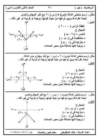 ‫اﻟﺮﯾﺎﺿﯿﺎت‬)‫ﺟﺒﺮ‬(‫اﻟﺜﺎﻧﻮى‬ ‫اﻟﺜﺎﻧﻰ‬ ‫اﻟﺼﻒ‬)‫ادﺑﻰ‬(
‫ـــــــــــــــــــــــــــــــــــــــــــــــــــــــــــــــــــــــــــــــــــ‬‫ـــــــــــــــــــــــــــــــــــــــــــــــــــــــــــــــــــ‬
‫ــــــــــــــــــــــــــــــــــــــــــــــــــــــــــــــــــــــــــــــــــــــــــــــــــــــــــــــــــــــــــــــــــــــــــــــــــــــ‬
‫اﻻﺳﺘﺎذ‬ ‫اﻋﺪاد‬/‫اﻟﻤﻨﻔﻠﻮطﻰ‬ ‫ﺧﺎﻟﺪ‬‫ت‬ ‫رﯾﺎﺿﯿﺎت‬ ‫ﺧﺒﯿﺮ‬ ‫ﻣﻌﻠﻢ‬/٠١١٥٤٨٠٢٨١١
٢٨
‫ﻣﺜﺎل‬:‫د‬ ‫اﻟداﻟﺔ‬ ‫ﻣﻧﺣﻧﻰ‬ ‫ارﺳم‬)‫س‬= (|‫س‬|-٢‫واﻟﻣدى‬ ‫اﻟﻣﺟﺎل‬ ‫ذﻛر‬ ‫ﻣﻊ‬
‫وﺑﯾن‬ ‫اطرادھﺎ‬ ‫اﺑﺣث‬‫ذﻟك‬ ‫ﻏﯾر‬ ‫أو‬ ‫ﻓردﯾﺔ‬ ‫أو‬ ‫زوﺟﯾﺔ‬ ‫ﻛوﻧﮭﺎ‬ ‫ﺣﯾث‬ ‫ﻣن‬ ‫ﻧوﻋﮭﺎ‬:
‫اﻟﺣل‬:
‫اﻟﺮأس‬ ‫ﻧﻘﻄﺔ‬)٠،-٢(
‫ح‬ ‫اﻟﻤﺠﺎل‬
‫اﻟﻤﺪى‬] =-٢،]
‫ﻓﻰ‬ ‫ﻣﺘﻨﺎﻗﺼﺔ‬ ‫د‬[-،٠]
‫ﻓﻰ‬ ‫ﻣﺘﺰاﯾﺪة‬ ‫د‬]٠،]
‫اﻟﺼﺎدات‬ ‫ﻣﺤﻮر‬ ‫ﺣﻮل‬ ‫ﻣﺘﻤﺎﺛﻠﺔ‬ ‫ﻷﻧﮭﺎ‬ ‫زوﺟﯿﺔ‬ ‫د‬
‫ـــــــــــــــــــــــــــــــــــــــــــــــــــــ‬‫ـــــــــــــــــــــــــــــــــــــــــــــــــــــــــــــــــــــــــــــــــــــــــــــــــ‬
‫ﻣﺜﺎل‬:‫د‬ ‫اﻟﺪاﻟﺔ‬ ‫ﻣﻨﺤﻨﻰ‬ ‫ارﺳﻢ‬)‫س‬= (٢‫ــ‬|‫س‬|‫اﻟﺪاﻟﺔ‬ ‫ﻣﺪى‬ ‫و‬ ‫ﻣﺠﺎل‬ ‫ذﻛﺮ‬ ‫ﻣﻊ‬.
‫ذﻟك‬ ‫ﻏﯾر‬ ‫أو‬ ‫ﻓردﯾﺔ‬ ‫أو‬ ‫زوﺟﯾﺔ‬ ‫ﻛوﻧﮭﺎ‬ ‫ﺣﯾث‬ ‫ﻣن‬ ‫ﻧوﻋﮭﺎ‬ ‫وﺑﯾن‬ ‫اطرادھﺎ‬ ‫اﺑﺣث‬:
‫اﻟﺤﻞ‬:
‫ح‬ ‫اﻟﻤﺠﺎل‬
‫ا‬‫ﻟﻤﺪى‬[ =-،٢[
‫ﻓﻰ‬ ‫ﻣﺘﺰاﯾﺪة‬ ‫د‬[-،٠]
‫ﻓﻰ‬ ‫ﻣﺘﻨﺎﻗﺼﺔ‬ ‫د‬]٠،]
‫اﻟﺻﺎدات‬ ‫ﻣﺣور‬ ‫ﺣول‬ ‫ﻣﺗﻣﺎﺛﻠﺔ‬ ‫ﻷﻧﮭﺎ‬ ‫زوﺟﯾﺔ‬ ‫د‬
‫ــــــــــــــــــــــــــــــــــــــــــــــــــــــــــــــــــــــــــــــــــــــــــــــــــــــــــــــــــــــــــــــــــــــــــــــــــــــ‬
‫ﻣﺜﺎل‬:‫د‬ ‫اﻟﺪاﻟﺔ‬ ‫ﻣﻨﺤﻨﻰ‬ ‫ارﺳﻢ‬)‫س‬= (-|‫س‬|-٢‫واﻟﻤﺪى‬ ‫اﻟﻤﺠﺎل‬ ‫ذﻛﺮ‬ ‫ﻣﻊ‬
‫ذﻟك‬ ‫ﻏﯾر‬ ‫أو‬ ‫ﻓردﯾﺔ‬ ‫أو‬ ‫زوﺟﯾﺔ‬ ‫ﻛوﻧﮭﺎ‬ ‫ﺣﯾث‬ ‫ﻣن‬ ‫ﻧوﻋﮭﺎ‬ ‫وﺑﯾن‬ ‫اطرادھﺎ‬ ‫اﺑﺣث‬:
‫اﻟﺤﻞ‬:
‫ح‬ ‫اﻟﻤﺠﺎل‬
‫اﻟﻤﺪى‬[ =-،-٢[
‫ﻓﻰ‬ ‫ﻣﺘﺰاﯾﺪة‬ ‫د‬[-،٠]
‫ﻓﻰ‬ ‫ﻣﺘﻨﺎﻗﺼﺔ‬ ‫د‬]٠،]
‫اﻟﺼﺎدات‬ ‫ﻣﺤﻮر‬ ‫ﺣﻮل‬ ‫ﻣﺘﻤﺎﺛﻠﺔ‬ ‫ﻷﻧﮭﺎ‬ ‫زوﺟﯿﺔ‬ ‫د‬
)٠،-٢(
‫س‬‫س‬′
‫ص‬′
‫ص‬
)٢،٠()-٢،٠(
)٢،٠(
‫ص‬′
‫س‬‫س‬′
‫ص‬
)٠،٢(
)-٢،٠(
)٠،-٢(
‫س‬′
‫ص‬′
‫ص‬
‫س‬
 