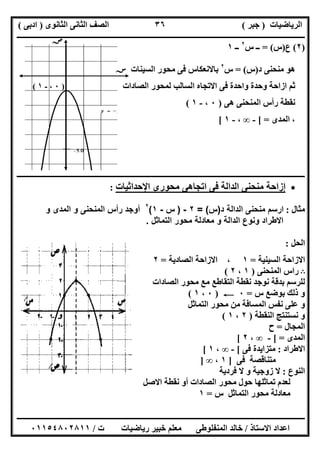 ‫اﻟﺮﯾﺎﺿﯿﺎت‬)‫ﺟﺒﺮ‬(‫اﻟﺜﺎﻧﻮى‬ ‫اﻟﺜﺎﻧﻰ‬ ‫اﻟﺼﻒ‬)‫ادﺑﻰ‬(
‫ـــــــــــــــــــــــــــــــــــــــــــــــــــــــــــــــــــــــــــــــــــ‬‫ـــــــــــــــــــــــــــــــــــــــــــــــــــــــــــــــــــ‬
‫ــــــــــــــــــــــــــــــــــــــــــــــــــــــــــــــــــــــــــــــــــــــــــــــــــــــــــــــــــــــــــــــــــــــــــــــــــــــ‬
‫اﻻﺳﺘﺎذ‬ ‫اﻋﺪاد‬/‫اﻟﻤﻨﻔﻠﻮطﻰ‬ ‫ﺧﺎﻟﺪ‬‫ت‬ ‫رﯾﺎﺿﯿﺎت‬ ‫ﺧﺒﯿﺮ‬ ‫ﻣﻌﻠﻢ‬/٠١١٥٤٨٠٢٨١١
٣٦
)٢(‫ع‬)‫س‬= (‫س‬ ‫ــ‬٢
‫ــ‬١
‫د‬ ‫ﻣﻨﺤﻨﻰ‬ ‫ھﻮ‬)‫س‬= (‫س‬٢
‫اﻟﺴﯿﻨﺎت‬ ‫ﻣﺤﻮر‬ ‫ﻓﻰ‬ ‫ﺑﺎﻻﻧﻌﻜﺎس‬
‫اﻟﺼﺎدات‬ ‫ﻟﻤﺤﻮر‬ ‫اﻟﺴﺎﻟﺐ‬ ‫اﻻﺗﺠﺎه‬ ‫ﻓﻰ‬ ‫واﺣﺪة‬ ‫وﺣﺪة‬ ‫ازاﺣﺔ‬ ‫ﺛﻢ‬
‫ر‬ ‫ﻧﻘﻄﺔ‬‫ھﻰ‬ ‫اﻟﻤﻨﺤﻨﻰ‬ ‫أس‬)٠،-١(
‫اﻟﻤﺪى‬ ،[ =-∞،-١[
‫ــــــــــــــــــــــــــــــــــــــــــــــــــــــــــــــــــــــــــــــــــــــــــــــــــــــــــــــــــــــــــــــــــــــــــــــــــــــ‬
‫اﻹﺣﺪاﺛﯿﺎت‬ ‫ﻣﺤﻮرى‬ ‫اﺗﺠﺎھﻰ‬ ‫ﻓﻰ‬ ‫اﻟﺪاﻟﺔ‬ ‫ﻣﻨﺤﻨﻰ‬ ‫إزاﺣﺔ‬:
‫ﻣﺜﺎل‬:‫د‬ ‫اﻟداﻟﺔ‬ ‫ﻣﻧﺣﻧﻰ‬ ‫ارﺳم‬)‫س‬= (٢-)‫س‬-١(٢
‫و‬ ‫اﻟﻣدى‬ ‫و‬ ‫اﻟﻣﻧﺣﻧﻰ‬ ‫رأس‬ ‫أوﺟد‬
‫اﻟﺗﻣﺎﺛل‬ ‫ﻣﺣور‬ ‫ﻣﻌﺎدﻟﺔ‬ ‫و‬ ‫اﻟداﻟﺔ‬ ‫وﻧوع‬ ‫اﻻطراد‬.
‫اﻟﺤﻞ‬:
‫اﻟﺴﯿﻨﯿﺔ‬ ‫اﻻزاﺣﺔ‬=١‫اﻟﺼﺎدﯾﺔ‬ ‫اﻻزاﺣﺔ‬ ،=٢
B‫اﻟﻤﻨﺤﻨﻰ‬ ‫راس‬)١،٢(
‫اﻟﺼﺎد‬ ‫ﻣﺤﻮر‬ ‫ﻣﻊ‬ ‫اﻟﺘﻘﺎطﻊ‬ ‫ﻧﻘﻄﺔ‬ ‫ﻧﻮﺟﺪ‬ ‫ﺑﺪﻗﺔ‬ ‫ﻟﻠﺮﺳﻢ‬‫ات‬
‫س‬ ‫ﺑﻮﺿﻊ‬ ‫ذﻟﻚ‬ ‫و‬=٠C)٠،١(
‫اﻟﺘﻤﺎﺛﻞ‬ ‫ﻣﺤﻮر‬ ‫ﻣﻦ‬ ‫اﻟﻤﺴﺎﻓﺔ‬ ‫ﻧﻔﺲ‬ ‫ﻋﻠﻰ‬ ‫و‬
‫اﻟﻨﻘﻄﺔ‬ ‫ﻧﺴﺘﻨﺘﺞ‬ ‫و‬)٢،١(
‫اﻟﻤﺠﺎل‬=‫ح‬
‫اﻟﻤﺪى‬[ =-∞،٢[
‫اﻻطﺮاد‬:‫ﻓﻰ‬ ‫ﻣﺘﺰاﯾﺪة‬[-∞،١[
‫ﻓﻰ‬ ‫ﻣﺘﻨﺎﻗﺼﺔ‬]١،∞]
‫اﻟﻨﻮع‬:‫ﻓﺮدﯾﺔ‬ ‫ﻻ‬ ‫و‬ ‫زوﺟﯿﺔ‬ ‫ﻻ‬
‫ﻣﺤﻮر‬ ‫ﺣﻮل‬ ‫ﺗﻤﺎﺛﻠﮭﺎ‬ ‫ﻟﻌﺪم‬‫اﻻﺻﻞ‬ ‫ﻧﻘﻄﺔ‬ ‫أو‬ ‫اﻟﺼﺎدات‬
‫س‬ ‫اﻟﺘﻤﺎﺛﻞ‬ ‫ﻣﺤﻮر‬ ‫ﻣﻌﺎدﻟﺔ‬=١
‫ﺻﺲ‬
)٠،-١(
‫ﺻﺺ‬
 