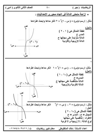 ‫اﻟﺮﯾﺎﺿﯿﺎت‬)‫ﺟﺒﺮ‬(‫اﻟﺜﺎﻧﻮى‬ ‫اﻟﺜﺎﻧﻰ‬ ‫اﻟﺼﻒ‬)‫ادﺑﻰ‬(
‫ـــــــــــــــــــــــــــــــــــــــــــــــــــــــــــــــــــــــــــــــــــ‬‫ـــــــــــــــــــــــــــــــــــــــــــــــــــــــــــــــــــ‬
‫ــــــــــــــــــــــــــــــــــــــــــــــــــــــــــــــــــــــــــــــــــــــــــــــــــــــــــــــــــــــــــــــــــــــــــــــــــــــ‬
‫اﻻﺳﺘﺎذ‬ ‫اﻋﺪاد‬/‫اﻟﻤﻨﻔﻠﻮطﻰ‬ ‫ﺧﺎﻟﺪ‬‫ت‬ ‫رﯾﺎﺿﯿﺎت‬ ‫ﺧﺒﯿﺮ‬ ‫ﻣﻌﻠﻢ‬/٠١١٥٤٨٠٢٨١١
٤٠
‫اﻹﺣﺪاﺛﯿﺎت‬ ‫ﻣﺤﻮرى‬ ‫اﺗﺠﺎه‬ ‫ﻓﻰ‬ ‫اﻟﺪاﻟﺔ‬ ‫ﻣﻨﺤﻨﻰ‬ ‫إزاﺣﺔ‬:
‫ﻣﺛﺎل‬:‫ارﺳم‬‫د‬)‫س‬) = (‫س‬-١(٣
+٢‫اطرادھﺎ‬ ‫واﺑﺣث‬ ‫ﻣداھﺎ‬ ‫اذﻛر‬
)‫اﻟﺤﻞ‬(
‫ھﻰ‬ ‫اﻟﺗﻣﺎﺛل‬ ‫ﻧﻘطﺔ‬)١،٢(
‫اﻟﻣدى‬‫ح‬
‫اﻟداﻟﺔ‬‫ﻣﺟﺎﻟﮭﺎ‬ ‫ﻋﻠﻰ‬ ‫ﻣﺗزاﯾدة‬‫ح‬
‫اﻟداﻟﺔ‬‫وﻻﻓردﯾﺔ‬ ‫ﻻزوﺟﯾﺔ‬
‫ــــــــــــــــــــــــــــــــــــــــــــــــــــــــــــــــــــــــــــــــــــــــــــــــــــــــــــــــــــــــــــــــــــــــــــــــــــــ‬
‫ـ‬
‫ﻣﺛﺎل‬:‫ارﺳم‬‫د‬)‫س‬= (-)‫س‬+١(٣
+١‫اطرادھﺎ‬ ‫واﺑﺣث‬ ‫ﻣداھﺎ‬ ‫اذﻛر‬
)‫اﻟﺤﻞ‬(
‫ھﻰ‬ ‫اﻟﺗﻣﺎﺛل‬ ‫ﻧﻘطﺔ‬)-١،١(
‫اﻟﻣدى‬=‫ح‬
‫اﻟ‬‫د‬‫اﻟﺔ‬‫ﻣﺟﺎﻟﮭﺎ‬ ‫ﻋﻠﻰ‬ ‫ﻣﺗﻧﺎﻗﺻﺔ‬‫ح‬
‫اﻟ‬‫د‬‫اﻟﺔ‬‫وﻻزوﺟﯾﺔ‬ ‫ﻻﻓردﯾﺔ‬
‫ـــــــــــــــــــــــــــــــــــــــــــــــــــــــــــــــــــــــــــــــ‬‫ــــــــــــــــــــــــــــــــ‬
‫ﻣﺛﺎل‬:‫ارﺳم‬‫د‬)‫س‬= (٢-)‫س‬+١(٣
‫اطرادھﺎ‬ ‫واﺑﺣث‬ ‫ﻣداھﺎ‬ ‫اذﻛر‬
‫اﻟﺣل‬:
‫ھﻰ‬ ‫اﻟﺗﻣﺎﺛل‬ ‫ﻧﻘطﺔ‬)-١،٢(
‫اﻟﻣﺟﺎل‬=‫اﻟﻣدى‬ ، ‫ح‬=‫ح‬
‫اﻻطراد‬:‫ﻣﺟﺎﻟﮭﺎ‬ ‫ﻋﻠﻰ‬ ‫ﺗﻧﺎﻗﺻﯾﺔ‬
‫اﻟداﻟﺔ‬ ‫ﻧوع‬:‫ﻓردﯾﺔ‬ ‫ﻻ‬ ‫و‬ ‫زوﺟﯾﺔ‬ ‫ﻻ‬
‫س‬′
‫ص‬′
)١،٢(
‫س‬
‫ص‬
‫س‬
‫ص‬
)-١،١(
‫س‬′
‫ص‬′
‫س‬
‫ص‬
)-١،٢(
‫س‬′
‫ص‬′
 