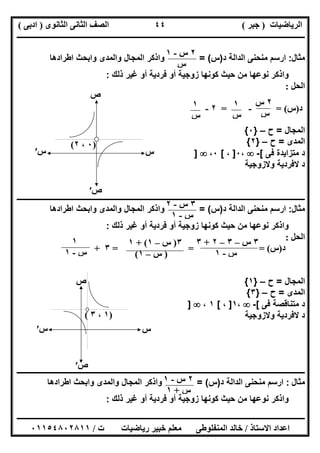 ‫اﻟﺮﯾﺎﺿﯿﺎت‬)‫ﺟﺒﺮ‬(‫اﻟﺜﺎﻧﻮى‬ ‫اﻟﺜﺎﻧﻰ‬ ‫اﻟﺼﻒ‬)‫ادﺑﻰ‬(
‫ـــــــــــــــــــــــــــــــــــــــــــــــــــــــــــــــــــــــــــــــــــ‬‫ـــــــــــــــــــــــــــــــــــــــــــــــــــــــــــــــــــ‬
‫ــــــــــــــــــــــــــــــــــــــــــــــــــــــــــــــــــــــــــــــــــــــــــــــــــــــــــــــــــــــــــــــــــــــــــــــــــــــ‬
‫اﻻﺳﺘﺎذ‬ ‫اﻋﺪاد‬/‫اﻟﻤﻨﻔﻠﻮطﻰ‬ ‫ﺧﺎﻟﺪ‬‫ت‬ ‫رﯾﺎﺿﯿﺎت‬ ‫ﺧﺒﯿﺮ‬ ‫ﻣﻌﻠﻢ‬/٠١١٥٤٨٠٢٨١١
٤٤
‫ﻣﺛﺎل‬:‫د‬ ‫اﻟداﻟﺔ‬ ‫ﻣﻧﺣﻧﻰ‬ ‫ارﺳم‬)‫س‬= (‫اطرادھﺎ‬ ‫واﺑﺣث‬ ‫واﻟﻣدى‬ ‫اﻟﻣﺟﺎل‬ ‫واذﻛر‬
‫ذﻟك‬ ‫ﻏﯾر‬ ‫أو‬ ‫ﻓردﯾﺔ‬ ‫أو‬ ‫زوﺟﯾﺔ‬ ‫ﻛوﻧﮭﺎ‬ ‫ﺣﯾث‬ ‫ﻣن‬ ‫ﻧوﻋﮭﺎ‬ ‫واذﻛر‬:
‫اﻟﺤﻞ‬:
‫د‬)‫س‬= (-=٢-
‫اﻟﻣﺟﺎل‬=‫ح‬–}٠{
‫ا‬‫ﻟﻣدى‬=‫ح‬–}٢{
‫ﻓﻰ‬ ‫ﻣﺗزاﯾدة‬ ‫د‬[-،٠]،[٠،]
‫وﻻزوﺟﯾﺔ‬ ‫ﻻﻓردﯾﺔ‬ ‫د‬
‫ــــــــــــــــــــــــــــــــــــــــــــــــــــــــــــــــــــــــــــــــــــــــــــــــــــــــــــــــــــــــــــــــــــــــــــــــــــــ‬
‫ﻣﺛﺎل‬:‫د‬ ‫اﻟداﻟﺔ‬ ‫ﻣﻧﺣﻧﻰ‬ ‫ارﺳم‬)‫س‬= (‫اطرادھﺎ‬ ‫واﺑﺣث‬ ‫واﻟﻣدى‬ ‫اﻟﻣﺟﺎل‬ ‫واذﻛر‬
‫ذﻟك‬ ‫ﻏﯾر‬ ‫أو‬ ‫ﻓردﯾﺔ‬ ‫أو‬ ‫زوﺟﯾﺔ‬ ‫ﻛوﻧﮭﺎ‬ ‫ﺣﯾث‬ ‫ﻣن‬ ‫ﻧوﻋﮭﺎ‬ ‫واذﻛر‬:
‫اﻟﺤﻞ‬:
‫د‬)‫س‬= = = (٣+
‫اﻟﻣﺟﺎل‬=‫ح‬–}١{
‫اﻟﻣدى‬=‫ح‬–}٣{
‫ﻓﻰ‬ ‫ﻣﺗﻧﺎﻗﺻﺔ‬ ‫د‬[-،١]،[١،]
‫وﻻزوﺟﯾﺔ‬ ‫ﻻﻓردﯾﺔ‬ ‫د‬
‫ــــــــــــــــــــــــــــــــــــــــــــــــــــــــــــــــــــــــــــــــــــــــــــــــــــــــــــــــــــــــــــــــــــــــــــــــــــــ‬
‫ﻣﺜﺎل‬:‫د‬ ‫اﻟداﻟﺔ‬ ‫ﻣﻧﺣﻧﻰ‬ ‫ارﺳم‬)‫س‬= (‫اطرا‬ ‫واﺑﺣث‬ ‫واﻟﻣدى‬ ‫اﻟﻣﺟﺎل‬ ‫واذﻛر‬‫دھﺎ‬
‫ذﻟك‬ ‫ﻏﯾر‬ ‫أو‬ ‫ﻓردﯾﺔ‬ ‫أو‬ ‫زوﺟﯾﺔ‬ ‫ﻛوﻧﮭﺎ‬ ‫ﺣﯾث‬ ‫ﻣن‬ ‫ﻧوﻋﮭﺎ‬ ‫واذﻛر‬:
٢‫س‬-١
‫س‬
٢‫س‬
‫س‬
١
‫س‬
١
‫س‬
‫ص‬
)٠،٢(
‫س‬‫س‬′
‫ص‬′
٣‫س‬-٢
‫س‬-١
٣‫س‬–٣–٢+٣
‫س‬-١
٣)‫س‬–١+ (١
)‫س‬–١(
١
‫س‬-١
‫س‬‫س‬′
‫ص‬
‫ص‬′
)١،٣(
٢‫س‬-١
‫س‬+١
 