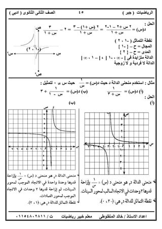 ‫اﻟﺮﯾﺎﺿﯿﺎت‬)‫ﺟﺒﺮ‬(‫اﻟﺜﺎﻧﻮى‬ ‫اﻟﺜﺎﻧﻰ‬ ‫اﻟﺼﻒ‬)‫ادﺑﻰ‬(
‫ـــــــــــــــــــــــــــــــــــــــــــــــــــــــــــــــــــــــــــــــــــ‬‫ـــــــــــــــــــــــــــــــــــــــــــــــــــــــــــــــــــ‬
‫ــــــــــــــــــــــــــــــــــــــــــــــــــــــــــــــــــــــــــــــــــــــــــــــــــــــــــــــــــــــــــــــــــــــــــــــــــــــ‬
‫اﻻﺳﺘﺎذ‬ ‫اﻋﺪاد‬/‫اﻟﻤﻨﻔﻠﻮطﻰ‬ ‫ﺧﺎﻟﺪ‬‫ت‬ ‫رﯾﺎﺿﯿﺎت‬ ‫ﺧﺒﯿﺮ‬ ‫ﻣﻌﻠﻢ‬/٠١١٥٤٨٠٢٨١١
٤٥
‫اﻟﺤﻞ‬:
‫د‬)‫س‬= = = (٢–
‫اﻟﺘﻤﺎﺛﻞ‬ ‫ﻧﻘﻄﺔ‬)-١،٢(
‫اﻟﻤﺠﺎل‬=‫ح‬–}-١{
‫اﻟﻤﺪى‬=‫ح‬–}٢{
‫ﻓﻰ‬ ‫ﻣﺘﺰاﯾﺪة‬ ‫اﻟﺪاﻟﺔ‬[-∞،-١]،[–١،∞]
‫زوﺟﯿﺔ‬ ‫ﻻ‬ ‫و‬ ‫ﻓﺮدﯾﺔ‬ ‫ﻻ‬ ‫اﻟﺪاﻟﺔ‬
‫ــــــــــــــــــــــــــــــــــــــــــــــــــــــــــــــــــــــــــــــــــــــــــــــــــــــــــــــــــــــــــــــــــــــــــــــــــــــ‬
‫ﻣﺜﺎل‬:‫د‬ ‫ﺣﯿﺚ‬ ‫د‬ ‫اﻟﺪاﻟﺔ‬ ‫ﻣﻨﺤﻨﻰ‬ ‫اﺳﺘﺨﺪم‬)‫س‬= (‫س‬ ‫ﺣﯿﺚ‬}٠‫ﻟﺘﻤ‬‫ﺜﯿﻞ‬:
)‫أ‬(‫د‬)‫س‬) = (‫ب‬(‫د‬)‫س‬+ = (٣
‫اﻟﺤﻞ‬:
)‫أ‬) (‫ب‬(
٢‫س‬+٢–١-٢
‫س‬+١
٢)‫س‬+١(–٣
‫س‬+١
٣
‫س‬+١
)-١،٢(
‫س‬
‫ص‬
‫س‬′
‫ص‬′
١
‫س‬-١
١
‫س‬
١
‫س‬+٣
 