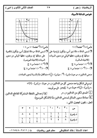 ‫اﻟﺮﯾﺎﺿﯿﺎت‬)‫ﺟﺒﺮ‬(‫اﻟﺜﺎﻧﻮى‬ ‫اﻟﺜﺎﻧﻰ‬ ‫اﻟﺼﻒ‬)‫ادﺑﻰ‬(
‫ـــــــــــــــــــــــــــــــــــــــــــــــــــــــــــــــــــــــــــــــــــ‬‫ـــــــــــــــــــــــــــــــــــــــــــــــــــــــــــــــــــ‬
‫ــــــــــــــــــــــــــــــــــــــــــــــــــــــــــــــــــــــــــــــــــــــــــــــــــــــــــــــــــــــــــــــــــــــــــــــــــــــ‬
‫اﻻﺳﺘﺎذ‬ ‫اﻋﺪاد‬/‫اﻟﻤﻨﻔﻠﻮطﻰ‬ ‫ﺧﺎﻟﺪ‬‫ت‬ ‫رﯾﺎﺿﯿﺎت‬ ‫ﺧﺒﯿﺮ‬ ‫ﻣﻌﻠﻢ‬/٠١١٥٤٨٠٢٨١١
٧٥
‫ــــــــــــــــــــــــــــــــــــــــــــــــــــــــــــــــــــــــــــــــــــــــــــــــــــــــــــ‬‫ــــــــــــــــــــــــــــــــــــــــــ‬
‫اﻟﺤﻞ‬:‫اﻵﺗﻰ‬ ‫اﻟﺠﺪول‬ ‫ﻧﻜﻮن‬:
‫س‬-٣-٢-١٠١٢٣
‫د‬١)‫س‬(١٢٤٨
‫د‬٢)‫س‬(٨٤٢١
١
٨
٢
١
٤
٢
١
٢
٢
١
٢
٢
١
٤
٢
١
٨
٢
 