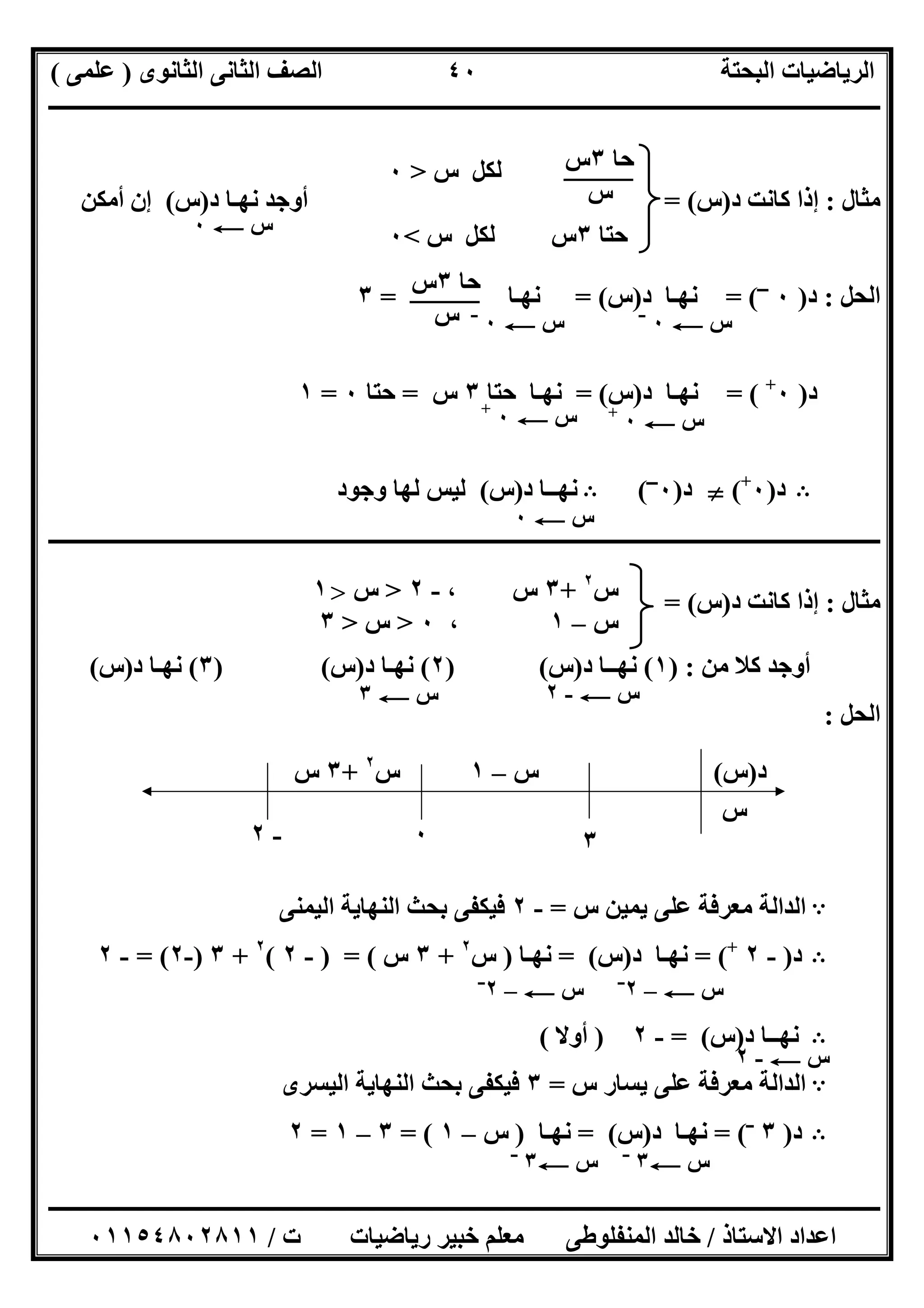 ‫اﻟﺜﺎﻧﻮى‬ ‫اﻟﺜﺎﻧﻰ‬ ‫اﻟﺼﻒ‬ ‫اﻟﺒﺤﺘﺔ‬ ‫اﻟﺮﯾﺎﺿﯿﺎت‬)‫ﻋﻠﻤﻰ‬(
‫ــــــــــــــــــــــــــــــــــــــــــــــــــــــــــــــــــــــــــــــــــ‬‫ــــــــــــــــــــــــــــــــــــــــــــــــــــــــــــــــــــ‬
‫ــــــــــــــــــــــــــــــــــــــــــــــــــــــــــــــــــــــــــــــــــــــــــــــــــــــــــــــــــــــــــــــــــــــــــــــــــــــ‬
‫اﻻﺳﺘﺎذ‬ ‫اﻋﺪاد‬/‫اﻟﻤﻨﻔﻠﻮطﻰ‬ ‫ﺧﺎﻟﺪ‬‫ت‬ ‫رﯾﺎﺿﯿﺎت‬ ‫ﺧﺒﯿﺮ‬ ‫ﻣﻌﻠﻢ‬/٠١١٥٤٨٠٢٨١١
٤٠
‫ﻣﺜﺎل‬:‫د‬ ‫ﻛﺎﻧﺖ‬ ‫إذا‬)‫س‬= (‫د‬ ‫ﻧﮭـﺎ‬ ‫أوﺟﺪ‬)‫س‬(‫أﻣﻜﻦ‬ ‫إن‬
‫اﻟﺤﻞ‬:‫د‬)٠‫ـــ‬
= (‫د‬ ‫ﻧﮭـﺎ‬)‫س‬= (‫ﻧﮭـﺎ‬=٣
‫د‬)٠+
= (‫د‬ ‫ﻧﮭـﺎ‬)‫س‬= (‫ﺣﺘﺎ‬ ‫ﻧﮭـﺎ‬٣‫س‬=‫ﺣﺘﺎ‬٠=١
B‫د‬)٠+
(}‫د‬)٠‫ـــ‬
(B‫د‬ ‫ﻧﮭــﺎ‬)‫س‬(‫وﺟﻮد‬ ‫ﻟﮭﺎ‬ ‫ﻟﯿﺲ‬
‫ـــــــــــــــــــــــــــــــــــــــــــــــــــــــــــــــــــــــــــــــــــــــــــــــــــــــــــــــــــــــــــ‬‫ـــــــــــــــــــــــــــ‬
‫ﻣﺜﺎل‬:‫د‬ ‫ﻛﺎﻧﺖ‬ ‫إذا‬)‫س‬= (
‫ﻣﻦ‬ ‫ﻛﻼ‬ ‫أوﺟﺪ‬) :١(‫د‬ ‫ﻧﮭــﺎ‬)‫س‬) (٢(‫د‬ ‫ﻧﮭـﺎ‬)‫س‬) (٣(‫د‬ ‫ﻧﮭـﺎ‬)‫س‬(
‫اﻟﺤﻞ‬:
A‫اﻟﺪاﻟﺔ‬‫س‬ ‫ﯾﻤﯿﻦ‬ ‫ﻋﻠﻰ‬ ‫ﻣﻌﺮﻓﺔ‬=-٢‫اﻟﯿﻤﻨﻰ‬ ‫اﻟﻨﮭﺎﯾﺔ‬ ‫ﺑﺤﺚ‬ ‫ﻓﯿﻜﻔﻰ‬
B‫د‬)-٢+
= (‫د‬ ‫ﻧﮭـﺎ‬)‫س‬= (‫ﻧﮭـﺎ‬)‫س‬٢
+٣‫س‬) = (-٢(٢
+٣)-٢= (-٢
B‫د‬ ‫ﻧﮭــﺎ‬)‫س‬(=-٢)‫أوﻻ‬(
A‫س‬ ‫ﯾﺴﺎر‬ ‫ﻋﻠﻰ‬ ‫ﻣﻌﺮﻓﺔ‬ ‫اﻟﺪاﻟﺔ‬=٣‫اﻟﯿﺴﺮى‬ ‫اﻟﻨﮭﺎﯾﺔ‬ ‫ﺑﺤﺚ‬ ‫ﻓﯿﻜﻔﻰ‬
B‫د‬)٣‫ــ‬
= (‫د‬ ‫ﻧﮭـﺎ‬)‫س‬= (‫ﻧﮭـﺎ‬)‫س‬–١(=٣–١=٢
‫س‬ ‫ﻟﻜﻞ‬>٠
‫ﺣﺘﺎ‬٣‫س‬ ‫ﻟﻜﻞ‬ ‫س‬<٠
‫ﺣﺎ‬٣‫س‬
‫س‬
‫س‬C٠
‫س‬C٠‫ــ‬
‫س‬C٠‫ــ‬
‫ﺣﺎ‬٣‫س‬
‫س‬
‫س‬C٠+
‫س‬C٠+
‫س‬C٠
‫س‬C-٢‫س‬C٣
‫س‬٢
+٣‫س‬،-٢>‫س‬>١
‫س‬–١،٠>‫س‬>٣
‫س‬–١ ‫د‬)‫س‬(
‫س‬
٣٠-٢
‫س‬٢
+٣‫س‬
‫س‬C–٢‫ــ‬
‫س‬C–٢‫ــ‬
‫س‬C٣‫ــ‬
‫س‬C٣‫ــ‬
‫س‬C-٢
 