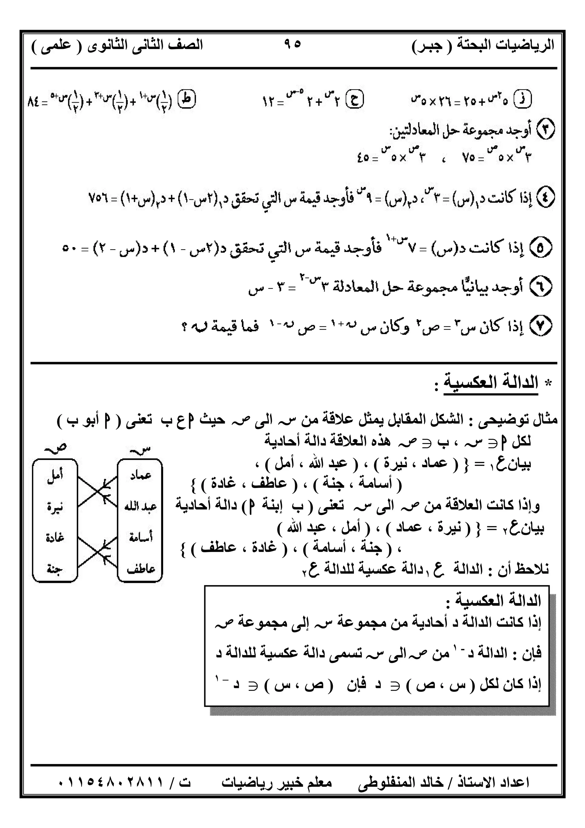 ‫اﻟﺒﺤﺘﺔ‬ ‫اﻟﺮﯾﺎﺿﯿﺎت‬)‫ﺟﺒـﺮ‬(‫اﻟﺜﺎﻧﻮى‬ ‫اﻟﺜﺎﻧﻰ‬ ‫اﻟﺼﻒ‬)‫ﻋﻠﻤﻰ‬(
‫ــــــــــــــــــــــ‬‫ــــــــــــــــــــــــــــــــــــــــــــــــــــــــــــــــــــــــــــــــــــــــــــــــــــــــــــــــــــــــــــــــ‬
‫ــــــــــــــــــــــــــــــــــــــــــــــــــــــــــــــــــــــــــــــــــــــــــــــــــــــــــــــــــــــــــــــ‬‫ــــــــــــــــــــــــ‬
‫اﻻﺳﺘﺎذ‬ ‫اﻋﺪاد‬/‫ت‬ ‫رﯾﺎﺿﯿﺎت‬ ‫ﺧﺒﯿﺮ‬ ‫ﻣﻌﻠﻢ‬ ‫اﻟﻤﻨﻔﻠﻮطﻰ‬ ‫ﺧﺎﻟﺪ‬/٠١١٥٤٨٠٢٨١١
٩٥
‫ـــــــــــــــــــــــــــــــــــــــــــــــــــــــــــــــــــــــــــــــــــــــــــــــــــــ‬‫ـــــــــــــــــــــــــــــــــــــــــــــــــ‬
*‫اﻟﻌﻜﺴﯿﺔ‬ ‫اﻟﺪاﻟﺔ‬:
‫ﺗﻮﺿﯿﺤﻰ‬ ‫ﻣﺜﺎل‬:‫ﻣﻦ‬ ‫ﻋﻼﻗﺔ‬ ‫ﯾﻤﺜﻞ‬ ‫اﻟﻤﻘﺎﺑﻞ‬ ‫اﻟﺸﻜﻞ‬‫ﺳﺲ‬‫اﻟﻰ‬‫ﺻﺺ‬‫ﺣﯿﺚ‬‫ا‬‫ﺗﻌﻨﻰ‬ ‫ب‬ ‫ع‬)‫ا‬‫ب‬ ‫أﺑﻮ‬(
‫ﻟﻜﻞ‬‫ا‬g‫ﺳﺲ‬‫ب‬ ،g‫ﺻﺺ‬‫أﺣﺎدﯾﺔ‬ ‫داﻟﺔ‬ ‫اﻟﻌﻼﻗﺔ‬ ‫ھﺬه‬
‫ﺑﯿﺎن‬‫ع‬١=})‫ﻧﯿﺮة‬ ، ‫ﻋﻤﺎد‬(،)‫أﻣ‬ ، ‫ﷲ‬ ‫ﻋﺒﺪ‬‫ﻞ‬(،
)‫ﺟﻨﺔ‬ ، ‫أﺳﺎﻣﺔ‬(،)‫ﻏﺎدة‬ ، ‫ﻋﺎطﻒ‬({
‫ﻣﻦ‬ ‫اﻟﻌﻼﻗﺔ‬ ‫ﻛﺎﻧﺖ‬ ‫وإذا‬‫ﺻﺺ‬‫اﻟﻰ‬‫ﺳﺲ‬‫ﺗﻌﻨﻰ‬)‫إﺑﻨﺔ‬ ‫ب‬‫ا‬(‫أﺣﺎدﯾﺔ‬ ‫داﻟﺔ‬
‫ﺑﯿﺎن‬‫ع‬٢=})‫ﻋﻤﺎد‬ ، ‫ﻧﯿﺮة‬(،)‫ﷲ‬ ‫ﻋﺒﺪ‬ ، ‫أﻣﻞ‬(
،)‫أﺳﺎﻣﺔ‬ ، ‫ﺟﻨﺔ‬(،)‫ﻋﺎطﻒ‬ ، ‫ﻏﺎدة‬({
‫أن‬ ‫ﻧﻼﺣﻆ‬:‫اﻟﺪاﻟﺔ‬‫ع‬١‫ﻟﻠﺪاﻟﺔ‬ ‫ﻋﻜﺴﯿﺔ‬ ‫داﻟﺔ‬‫ع‬٢
‫اﻟﻌﻜﺴﯿﺔ‬ ‫اﻟﺪاﻟﺔ‬:
‫ﻣﺠﻤﻮﻋﺔ‬ ‫ﻣﻦ‬ ‫أﺣﺎدﯾﺔ‬ ‫د‬ ‫اﻟﺪاﻟﺔ‬ ‫ﻛﺎﻧﺖ‬ ‫إذا‬‫ﺳﺲ‬‫ﻣﺠﻤﻮﻋﺔ‬ ‫إﻟﻰ‬‫ﺻﺺ‬
‫ﻓﺈن‬:‫د‬ ‫اﻟﺪاﻟﺔ‬-١
‫ﻣﻦ‬‫ﺻﺺ‬‫اﻟﻰ‬‫ﺳﺲ‬‫د‬ ‫ﻟﻠﺪاﻟﺔ‬ ‫ﻋﻜﺴﯿﺔ‬ ‫داﻟﺔ‬ ‫ﺗﺴﻤﻰ‬
‫ﻛﺎن‬ ‫إذا‬‫ﻟﻜﻞ‬)‫ص‬ ، ‫س‬(g‫ﻓﺈن‬ ‫د‬)‫س‬ ، ‫ص‬(g‫د‬–١
 