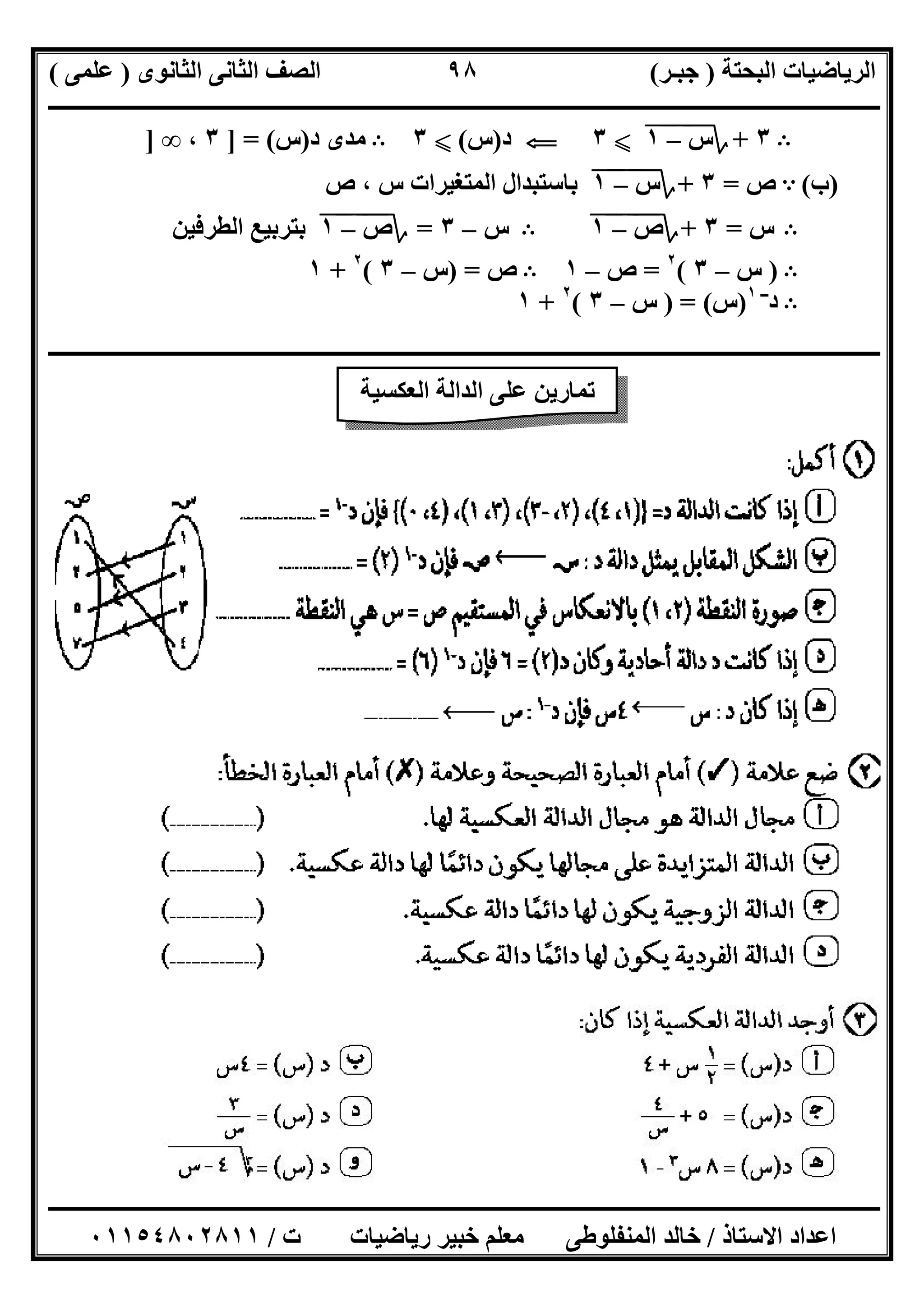 ‫اﻟﺒﺤﺘﺔ‬ ‫اﻟﺮﯾﺎﺿﯿﺎت‬)‫ﺟﺒـﺮ‬(‫اﻟﺜﺎﻧﻮى‬ ‫اﻟﺜﺎﻧﻰ‬ ‫اﻟﺼﻒ‬)‫ﻋﻠﻤﻰ‬(
‫ــــــــــــــــــــــ‬‫ــــــــــــــــــــــــــــــــــــــــــــــــــــــــــــــــــــــــــــــــــــــــــــــــــــــــــــــــــــــــــــــــ‬
‫ــــــــــــــــــــــــــــــــــــــــــــــــــــــــــــــــــــــــــــــــــــــــــــــــــــــــــــــــــــــــــــــ‬‫ــــــــــــــــــــــــ‬
‫اﻻﺳﺘﺎذ‬ ‫اﻋﺪاد‬/‫ت‬ ‫رﯾﺎﺿﯿﺎت‬ ‫ﺧﺒﯿﺮ‬ ‫ﻣﻌﻠﻢ‬ ‫اﻟﻤﻨﻔﻠﻮطﻰ‬ ‫ﺧﺎﻟﺪ‬/٠١١٥٤٨٠٢٨١١
٩٨
B٣+‫؟‬‫س‬"–"١"X٣G‫د‬)‫س‬(X٣B‫د‬ ‫ﻣﺪى‬)‫س‬] = (٣،∞]
)‫ب‬(A‫ص‬=٣+‫؟‬‫س‬"–"١"‫ص‬ ، ‫س‬ ‫اﻟﻤﺘﻐﯿﺮات‬ ‫ﺑﺎﺳﺘﺒﺪال‬
B‫س‬=٣+‫؟‬‫ص‬"–"١"B‫س‬–٣=‫؟‬‫ص‬"–"١"‫اﻟﻄﺮﻓﯿﻦ‬ ‫ﺑﺘﺮﺑﯿﻊ‬
B)‫س‬–٣(٢
=‫ص‬–١B‫ص‬) =‫س‬–٣(٢
+١
B‫د‬‫ــ‬١
)‫س‬) = (‫س‬–٣(٢
+١
‫ـــــــــــــــــــــــــــــــــــــــــــــــــــــــــــــــــــــــــــــــــــــــــــــــــــــــــــــــــــــــــــــــ‬‫ـــــــــــــــــــــــ‬
‫اﻟﻌﻜﺴﯿﺔ‬ ‫اﻟﺪاﻟﺔ‬ ‫ﻋﻠﻰ‬ ‫ﺗﻤﺎرﯾﻦ‬
 
