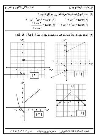 ‫اﻟﺒﺤﺘﺔ‬ ‫اﻟﺮﯾﺎﺿﯿﺎت‬)‫ﺟﺒـﺮ‬(‫اﻟﺜﺎﻧﻮى‬ ‫اﻟﺜﺎﻧﻰ‬ ‫اﻟﺼﻒ‬)‫ﻋﻠﻤﻰ‬(
‫ــــــــــــــــــــــ‬‫ــــــــــــــــــــــــــــــــــــــــــــــــــــــــــــــــــــــــــــــــــــــــــــــــــــــــــــــــــــــــــــــــ‬
‫ــــــــــــــــــــــــــــــــــــــــــــــــــــــــــــــــــــــــــــــــــــــــــــــــــــــــــــــــــــــــــــــ‬‫ــــــــــــــــــــــــ‬
‫اﻻﺳﺘﺎذ‬ ‫اﻋﺪاد‬/‫ت‬ ‫رﯾﺎﺿﯿﺎت‬ ‫ﺧﺒﯿﺮ‬ ‫ﻣﻌﻠﻢ‬ ‫اﻟﻤﻨﻔﻠﻮطﻰ‬ ‫ﺧﺎﻟﺪ‬/٠١١٥٤٨٠٢٨١١
٢٧
]٢[‫اﻟﺴ‬ ‫ذﻛﺮ‬ ‫ﻣﻊ‬ ‫ﯾﻠﻰ‬ ‫ﻛﻤﺎ‬ ‫اﻟﻤﻌﺮﻓﺔ‬ ‫اﻷﺣﺎدﯾﺔ‬ ‫اﻟﺪوال‬ ‫ﺣﺪد‬‫؟‬ ‫ﺒﺐ‬
)١(‫د‬)‫س‬= (٣‫س‬+١)٢(‫د‬)‫س‬= (٢‫س‬٢
–‫س‬–٣
)٣(‫د‬)‫س‬= (‫س‬٤
+٢‫س‬+١)٤(‫د‬)‫س‬= (
‫ــــــــــــــــــــــــــــــــــــــــــــــــــــــــــــــــــــــــــــــــــــــــــــــــــــــــــــــــــــــــــــــــــــــــــــــ‬‫ــــــــ‬
]٣[‫ذﻟﻚ‬ ‫ﻏﯿﺮ‬ ‫أو‬ ‫ﻓﺮدﯾﺔ‬ ‫أو‬ ‫زوﺟﯿﺔ‬ ‫ﻛﻮﻧﮭﺎ‬ ‫ﺣﯿﺚ‬ ‫ﻣﻦ‬ ‫ﻧﻮﻋﮭﺎ‬ ‫وﺑﯿﻦ‬ ‫داﻟﺔ‬ ‫ﻛﻞ‬ ‫ﻣﺪى‬ ‫أوﺟﺪ‬:
٢‫س‬+١
‫س‬–١

٣
-٢ -١ ١ ٢ ٣ 
١
-١
٢
-٢ -١ ١ ٢ ٣ ٤ 
٣
٢
١
-١
-٢
-٣

-٢ -١ ١ ٢ ٣ ٤ 
٤
٣
٢
١
-١
-٢

]١[]٢[
]٣[ ]٤[
 