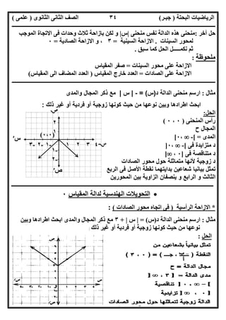 ‫اﻟﺒﺤﺘﺔ‬ ‫اﻟﺮﯾﺎﺿﯿﺎت‬)‫ﺟﺒـﺮ‬(‫اﻟﺜﺎﻧﻮى‬ ‫اﻟﺜﺎﻧﻰ‬ ‫اﻟﺼﻒ‬)‫ﻋﻠﻤﻰ‬(
‫ــــــــــــــــــــــ‬‫ــــــــــــــــــــــــــــــــــــــــــــــــــــــــــــــــــــــــــــــــــــــــــــــــــــــــــــــــــــــــــــــــ‬
‫ــــــــــــــــــــــــــــــــــــــــــــــــــــــــــــــــــــــــــــــــــــــــــــــــــــــــــــــــــــــــــــــ‬‫ــــــــــــــــــــــــ‬
‫اﻻﺳﺘﺎذ‬ ‫اﻋﺪاد‬/‫ت‬ ‫رﯾﺎﺿﯿﺎت‬ ‫ﺧﺒﯿﺮ‬ ‫ﻣﻌﻠﻢ‬ ‫اﻟﻤﻨﻔﻠﻮطﻰ‬ ‫ﺧﺎﻟﺪ‬/٠١١٥٤٨٠٢٨١١
٣٤
‫آﺧﺮ‬ ‫ﺣﻞ‬:‫ﻣﻨﺤﻨﻰ‬ ‫ﻧﻔﺲ‬ ‫اﻟﺪاﻟﺔ‬ ‫ھﺬه‬ ‫ﻣﻨﺤﻨﻰ‬|‫س‬|‫اﻟﻤﻮﺟﺐ‬ ‫اﻻﺗﺠﺎة‬ ‫ﻓﻰ‬ ‫وﺣﺪات‬ ‫ﺛﻼث‬ ‫ﺑﺎزاﺣﺔ‬ ‫ﻟﻜﻦ‬ ‫و‬
‫اﻟﺴﯿﻨﺎت‬ ‫ﻟﻤﺤﻮر‬.‫اﻟﺴﯿﻨﯿﺔ‬ ‫اﻻزاﺣﺔ‬=٣‫اﻟﺼﺎدﯾﺔ‬ ‫اﻻزاﺣﺔ‬ ‫و‬ ،=٠
‫ﺳﺒﻖ‬ ‫ﻛﻤﺎ‬ ‫اﻟﺤﻞ‬ ‫ﻧﻜﻤـــــﻞ‬ ‫ﺛﻢ‬.
‫ﻣﻠﺤﻮظﺔ‬:
‫اﻟﺴﯿﻨﺎت‬ ‫ﻣﺤﻮر‬ ‫ﻋﻠﻰ‬ ‫اﻻزاﺣﺔ‬=‫اﻟﻤﻘﯿﺎس‬ ‫ﺻﻔﺮ‬
‫اﻟﺼﺎدات‬ ‫ﻋﻠﻰ‬ ‫اﻻزاﺣﺔ‬=‫اﻟﻤﻘﯿﺎس‬ ‫ﺧﺎرج‬ ‫اﻟﻌﺪد‬)‫اﻟﻤﻘﯿﺎس‬ ‫اﻟﻰ‬ ‫اﻟﻤﻀﺎف‬ ‫اﻟﻌﺪد‬(
‫ــــــــــــــــــــــــــــــــــــــــــــــــــــــــــــــ‬‫ــــــــــــــــــــــــــــــــــــــــــــــــــــــــــــــــــــــــــــــــــــــــ‬
‫ﻣﺜﺎل‬:‫د‬ ‫اﻟداﻟﺔ‬ ‫ﻣﻧﺣﻧﻰ‬ ‫ارﺳم‬)‫س‬= (-|‫س‬|‫واﻟﻣدى‬ ‫اﻟﻣﺟﺎل‬ ‫ذﻛر‬ ‫ﻣﻊ‬
‫ذﻟك‬ ‫ﻏﯾر‬ ‫أو‬ ‫ﻓردﯾﺔ‬ ‫أو‬ ‫زوﺟﯾﺔ‬ ‫ﻛوﻧﮭﺎ‬ ‫ﺣﯾث‬ ‫ﻣن‬ ‫ﻧوﻋﮭﺎ‬ ‫وﺑﯾن‬ ‫اطرادھﺎ‬ ‫اﺑﺣث‬:
‫اﻟﺤﻞ‬:
‫اﻟﻤﻨﺤﻨ‬ ‫رأس‬‫ﻰ‬)٠،٠(
‫ح‬ ‫اﻟﻤﺠﺎل‬
‫اﻟﻤﺪى‬[ =-،٠[
‫ﻓﻰ‬ ‫ﻣﺘﺰاﯾﺪة‬ ‫د‬[-،٠]
‫ﻓﻰ‬ ‫ﻣﺘﻨﺎﻗﺼﺔ‬ ‫د‬]٠،]
‫اﻟﺻﺎدات‬ ‫ﻣﺣور‬ ‫ﺣول‬ ‫ﻣﺗﻣﺎﺛﻠﺔ‬ ‫ﻷﻧﮭﺎ‬ ‫زوﺟﯾﺔ‬ ‫د‬
‫اﻟرﺑﻊ‬ ‫ﻓﻰ‬ ‫اﻷﺻل‬ ‫ﻧﻘطﺔ‬ ‫ﺑداﯾﺗﮭﻣﺎ‬ ‫ﺷﻌﺎﻋﯾن‬ ‫ﺑﯾﺎﻧﯾﺎ‬ ‫ﺗﻣﺛل‬
‫اﻟﻣﺣورﯾن‬ ‫ﺑﯾن‬ ‫اﻟزاوﯾﺔ‬ ‫ﯾﻧﺻﻔﺎن‬ ‫و‬ ‫اﻟراﺑﻊ‬ ‫و‬ ‫اﻟﺛﺎﻟث‬
‫ــــــــــــــــــــــــــــــــــ‬‫ـــــــــــــــــــــــــــــــــــــــــــــــــــــــــــــــــــــــــــــــــــــــــــــــــــــــــــــــــــ‬
‫اﻟﻤﻘﯿﺎس‬ ‫ﻟﺪاﻟﺔ‬ ‫اﻟﮭﻨﺪﺳﯿﺔ‬ ‫اﻟﺘﺤﻮﯾﻼت‬٠
*‫اﻟﺮأﺳﯿﺔ‬ ‫اﻻزاﺣﺔ‬)‫اﻟﺼﺎدات‬ ‫ﻣﺤﻮر‬ ‫اﺗﺠﺎه‬ ‫ﻓﻰ‬(:
‫ﻣﺜﺎل‬:‫د‬ ‫اﻟﺪاﻟﺔ‬ ‫ﻣﻨﺤﻨﻰ‬ ‫ارﺳﻢ‬)‫س‬= (|‫س‬|+٣‫وا‬ ‫اﻟﻤﺠﺎل‬ ‫ذﻛﺮ‬ ‫ﻣﻊ‬‫وﺑﯿﻦ‬ ‫اطﺮادھﺎ‬ ‫اﺑﺤﺚ‬ ‫ﻟﻤﺪى‬
‫ذﻟﻚ‬ ‫ﻏﯿﺮ‬ ‫أو‬ ‫ﻓﺮدﯾﺔ‬ ‫أو‬ ‫زوﺟﯿﺔ‬ ‫ﻛﻮﻧﮭﺎ‬ ‫ﺣﯿﺚ‬ ‫ﻣﻦ‬ ‫ﻧﻮﻋﮭﺎ‬:
)٠،٠(
‫س‬′
‫ص‬′
-٣ -٢ -١ ١ ٢ ٣ ٤
٢
١
-١
-٢

‫اﻟﺤﻞ‬:
 