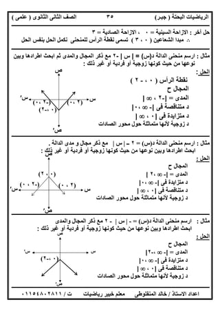 ‫اﻟﺒﺤﺘﺔ‬ ‫اﻟﺮﯾﺎﺿﯿﺎت‬)‫ﺟﺒـﺮ‬(‫اﻟﺜﺎﻧﻮى‬ ‫اﻟﺜﺎﻧﻰ‬ ‫اﻟﺼﻒ‬)‫ﻋﻠﻤﻰ‬(
‫ــــــــــــــــــــــ‬‫ــــــــــــــــــــــــــــــــــــــــــــــــــــــــــــــــــــــــــــــــــــــــــــــــــــــــــــــــــــــــــــــــ‬
‫ــــــــــــــــــــــــــــــــــــــــــــــــــــــــــــــــــــــــــــــــــــــــــــــــــــــــــــــــــــــــــــــ‬‫ــــــــــــــــــــــــ‬
‫اﻻﺳﺘﺎذ‬ ‫اﻋﺪاد‬/‫ت‬ ‫رﯾﺎﺿﯿﺎت‬ ‫ﺧﺒﯿﺮ‬ ‫ﻣﻌﻠﻢ‬ ‫اﻟﻤﻨﻔﻠﻮطﻰ‬ ‫ﺧﺎﻟﺪ‬/٠١١٥٤٨٠٢٨١١
٣٥
‫آﺧﺮ‬ ‫ﺣﻞ‬:‫اﻟﺴﯿﻨﯿﺔ‬ ‫اﻻزاﺣﺔ‬=٠‫اﻟﺼﺎدﯾﺔ‬ ‫اﻻزاﺣﺔ‬ ،=٣
B‫اﻟﺸﻌﺎﻋﯿﻦ‬ ‫ﻣﺒﺪا‬)٠،٣(‫اﻟﺤﻞ‬ ‫ﺑﻨﻔﺲ‬ ‫اﻟﺤﻞ‬ ‫ﻧﻜﻤﻞ‬ ‫ﻟﻠﻤﻨﺤﻨﻰ‬ ‫اﻟﺮأس‬ ‫ﻧﻘﻄﺔ‬ ‫ﺗﺴﻤﻰ‬
‫ــــــــــــــــــــــــــ‬‫ـــــــــــــــــــــــــــــــــــــــــــــــــــــــــــــــــــــــــــــــــــــــــــــــــــــــــــــ‬
‫ﻣﺜﺎل‬:‫د‬ ‫اﻟداﻟﺔ‬ ‫ﻣﻧﺣﻧﻰ‬ ‫ارﺳم‬)‫س‬= (|‫س‬|-٢‫واﻟﻣدى‬ ‫اﻟﻣﺟﺎل‬ ‫ذﻛر‬ ‫ﻣﻊ‬‫ﺛم‬‫وﺑﯾن‬ ‫اطرادھﺎ‬ ‫اﺑﺣث‬
‫ذﻟك‬ ‫ﻏﯾر‬ ‫أو‬ ‫ﻓردﯾﺔ‬ ‫أو‬ ‫زوﺟﯾﺔ‬ ‫ﻛوﻧﮭﺎ‬ ‫ﺣﯾث‬ ‫ﻣن‬ ‫ﻧوﻋﮭﺎ‬:
‫اﻟﺣل‬:
‫اﻟﺮأس‬ ‫ﻧﻘﻄﺔ‬)٠،-٢(
‫ح‬ ‫اﻟﻤﺠﺎل‬
‫اﻟﻤﺪى‬] =-٢،]
‫ﻓﻰ‬ ‫ﻣﺘﻨﺎﻗﺼﺔ‬ ‫د‬[-،٠]
‫ﻓﻰ‬ ‫ﻣﺘﺰاﯾﺪة‬ ‫د‬]٠،]
‫اﻟﺼﺎدات‬ ‫ﻣﺤﻮر‬ ‫ﺣﻮل‬ ‫ﻣﺘﻤﺎﺛﻠﺔ‬ ‫ﻷﻧﮭﺎ‬ ‫زوﺟﯿﺔ‬ ‫د‬
‫ـــــــــــــــــــــــــــــــــــــــــــــــــــــــــــــــــــــــــــــــــــــــــــــــــــــــــــــ‬‫ـــــــــــــــــــــــــــــــــــــــــ‬
‫ﻣﺜﺎل‬:‫د‬ ‫اﻟﺪاﻟﺔ‬ ‫ﻣﻨﺤﻨﻰ‬ ‫ارﺳﻢ‬)‫س‬= (٢‫ــ‬|‫س‬|‫اﻟﺪاﻟﺔ‬ ‫ﻣﺪى‬ ‫و‬ ‫ﻣﺠﺎل‬ ‫ذﻛﺮ‬ ‫ﻣﻊ‬.
‫ذﻟك‬ ‫ﻏﯾر‬ ‫أو‬ ‫ﻓردﯾﺔ‬ ‫أو‬ ‫زوﺟﯾﺔ‬ ‫ﻛوﻧﮭﺎ‬ ‫ﺣﯾث‬ ‫ﻣن‬ ‫ﻧوﻋﮭﺎ‬ ‫وﺑﯾن‬ ‫اطرادھﺎ‬ ‫اﺑﺣث‬:
‫اﻟﺤﻞ‬:
‫ح‬ ‫اﻟﻤﺠﺎل‬
‫اﻟﻤﺪى‬[ =-،٢[
‫ﻓﻰ‬ ‫ﻣﺘﺰاﯾﺪة‬ ‫د‬[-،٠]
‫ﻓﻰ‬ ‫ﻣﺘﻨﺎﻗﺼﺔ‬ ‫د‬]٠،]
‫اﻟﺻﺎدات‬ ‫ﻣﺣور‬ ‫ﺣول‬ ‫ﻣﺗﻣﺎﺛﻠﺔ‬ ‫ﻷﻧﮭﺎ‬ ‫زوﺟﯾﺔ‬ ‫د‬
‫ــــــــــــــــــــــــــــــــــــــــــــــــــــــــــــــــــــــــــــــــــــــــــــــــــــــــــــــــــــــــــــــــــــــــــــــــــــــ‬
‫ﻣﺜﺎل‬:‫د‬ ‫اﻟﺪاﻟﺔ‬ ‫ﻣﻨﺤﻨﻰ‬ ‫ارﺳﻢ‬)‫س‬= (-|‫س‬|-٢‫اﻟﻤﺠﺎل‬ ‫ذﻛﺮ‬ ‫ﻣﻊ‬‫واﻟﻤﺪى‬
‫ذﻟك‬ ‫ﻏﯾر‬ ‫أو‬ ‫ﻓردﯾﺔ‬ ‫أو‬ ‫زوﺟﯾﺔ‬ ‫ﻛوﻧﮭﺎ‬ ‫ﺣﯾث‬ ‫ﻣن‬ ‫ﻧوﻋﮭﺎ‬ ‫وﺑﯾن‬ ‫اطرادھﺎ‬ ‫اﺑﺣث‬:
‫اﻟﺤﻞ‬:
‫ح‬ ‫اﻟﻤﺠﺎل‬
‫اﻟﻤﺪى‬[ =-،-٢[
‫ﻓﻰ‬ ‫ﻣﺘﺰاﯾﺪة‬ ‫د‬[-،٠]
‫ﻓﻰ‬ ‫ﻣﺘﻨﺎﻗﺼﺔ‬ ‫د‬]٠،]
‫اﻟﺼﺎدات‬ ‫ﻣﺤﻮر‬ ‫ﺣﻮل‬ ‫ﻣﺘﻤﺎﺛﻠﺔ‬ ‫ﻷﻧﮭﺎ‬ ‫زوﺟﯿﺔ‬ ‫د‬
)٠،-٢(
‫س‬‫س‬′
‫ص‬′
‫ص‬
)٢،٠()-٢،٠(
)٢،٠(
‫ص‬′
‫س‬‫س‬′
‫ص‬
)٠،٢(
)-٢،٠(
)٠،-٢(
‫س‬′
‫ص‬′
‫ص‬
‫س‬
 