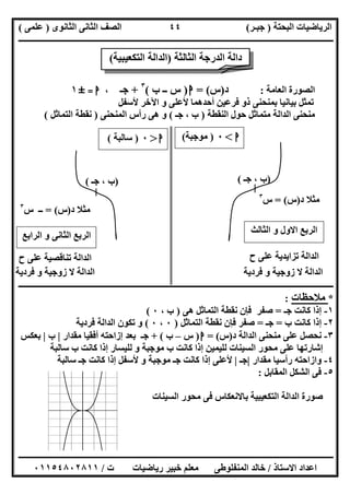 ‫اﻟﺒﺤﺘﺔ‬ ‫اﻟﺮﯾﺎﺿﯿﺎت‬)‫ﺟﺒـﺮ‬(‫اﻟﺜﺎﻧﻮى‬ ‫اﻟﺜﺎﻧﻰ‬ ‫اﻟﺼﻒ‬)‫ﻋﻠﻤﻰ‬(
‫ــــــــــــــــــــــ‬‫ــــــــــــــــــــــــــــــــــــــــــــــــــــــــــــــــــــــــــــــــــــــــــــــــــــــــــــــــــــــــــــــــ‬
‫ــــــــــــــــــــــــــــــــــــــــــــــــــــــــــــــــــــــــــــــــــــــــــــــــــــــــــــــــــــــــــــــ‬‫ــــــــــــــــــــــــ‬
‫اﻻﺳﺘﺎذ‬ ‫اﻋﺪاد‬/‫ت‬ ‫رﯾﺎﺿﯿﺎت‬ ‫ﺧﺒﯿﺮ‬ ‫ﻣﻌﻠﻢ‬ ‫اﻟﻤﻨﻔﻠﻮطﻰ‬ ‫ﺧﺎﻟﺪ‬/٠١١٥٤٨٠٢٨١١
٤٤
‫اﻟﻌﺎﻣﺔ‬ ‫اﻟﺼﻮرة‬:‫د‬)‫س‬= (‫ا‬)‫ب‬ ‫ــ‬ ‫س‬(٣
+‫ﺟـ‬،‫ا‬=±١
‫ﻷﺳﻔﻞ‬ ‫اﻵﺧﺮ‬ ‫و‬ ‫ﻷﻋﻠﻰ‬ ‫أﺣﺪھﻤﺎ‬ ‫ﻓﺮﻋﯿﻦ‬ ‫ذو‬ ‫ﺑﻤﻨﺤﻨﻰ‬ ‫ﺑﯿﺎﻧﯿﺎ‬ ‫ﺗﻤﺜﻞ‬
‫ﻣﻨﺤﻨ‬‫اﻟﻨﻘﻄﺔ‬ ‫ﺣﻮل‬ ‫ﻣﺘﻤﺎﺛﻞ‬ ‫اﻟﺪاﻟﺔ‬ ‫ﻰ‬)‫ﺟـ‬ ، ‫ب‬(‫اﻟﻤﻨﺤﻨﻰ‬ ‫رأس‬ ‫ھﻰ‬ ‫و‬)‫اﻟﺘﻤﺎﺛﻞ‬ ‫ﻧﻘﻄﺔ‬(
‫ــــــــــــــــــــــــــــــــــــــــــــــــــــــــــــــــــــــــــــــــــــــــــــــــــــــــــــــــــــــــــــــــــــــــــــــــــــــ‬
*‫ﻣﻼﺣﻈﺎت‬:
١-‫إذ‬‫ﺟـ‬ ‫ﻛﺎﻧﺖ‬ ‫ا‬=‫ھﻰ‬ ‫اﻟﺘﻤﺎﺛﻞ‬ ‫ﻧﻘﻄﺔ‬ ‫ﻓﺈن‬ ‫ﺻﻔﺮ‬)، ‫ب‬٠(
٢-‫ب‬ ‫ﻛﺎﻧﺖ‬ ‫إذا‬=‫ﺟـ‬=‫اﻟﺘﻤﺎﺛﻞ‬ ‫ﻧﻘﻄﺔ‬ ‫ﻓﺈن‬ ‫ﺻﻔﺮ‬)٠،٠(‫ﻓﺮدﯾﺔ‬ ‫اﻟﺪاﻟﺔ‬ ‫ﺗﻜﻮن‬ ‫و‬
٣-‫د‬ ‫اﻟﺪاﻟﺔ‬ ‫ﻣﻨﺤﻨﻰ‬ ‫ﻋﻠﻰ‬ ‫ﻧﺤﺼﻞ‬)‫س‬= (‫ا‬)‫س‬–‫ب‬+ (‫ﻣﻘﺪار‬ ‫أﻓﻘﯿﺎ‬ ‫إزاﺣﺘﮫ‬ ‫ﺑﻌﺪ‬ ‫ﺟـ‬|‫ب‬|‫ﺑﻌﻜﺲ‬
‫ﻣﻮﺟﺒ‬ ‫ب‬ ‫ﻛﺎﻧﺖ‬ ‫إذا‬ ‫ﻟﻠﯿﻤﯿﻦ‬ ‫اﻟﺴﯿﻨﺎت‬ ‫ﻣﺤﻮر‬ ‫ﻋﻠﻰ‬ ‫إﺷﺎرﺗﮭﺎ‬‫ﺳﺎﻟﺒﺔ‬ ‫ب‬ ‫ﻛﺎﻧﺖ‬ ‫إذا‬ ‫ﻟﻠﯿﺴﺎر‬ ‫و‬ ‫ﺔ‬
٤-‫ﻣﻘﺪار‬ ‫رأﺳﯿﺎ‬ ‫وازاﺣﺘﮫ‬|‫ﺟـ‬|‫ﺳﺎﻟﺒﺔ‬ ‫ﺟـ‬ ‫ﻛﺎﻧﺖ‬ ‫إذا‬ ‫ﻷﺳﻔﻞ‬ ‫و‬ ‫ﻣﻮﺟﺒﺔ‬ ‫ﺟـ‬ ‫ﻛﺎﻧﺖ‬ ‫إذا‬ ‫ﻷﻋﻠﻰ‬
٥-‫اﻟﻤﻘﺎﺑﻞ‬ ‫اﻟﺸﻜﻞ‬ ‫ﻓﻰ‬:
‫اﻟﺴﯿﻨﺎت‬ ‫ﻣﺤﻮر‬ ‫ﻓﻰ‬ ‫ﺑﺎﻻﻧﻌﻜﺎس‬ ‫اﻟﺘﻜﻌﯿﺒﯿﺔ‬ ‫اﻟﺪاﻟﺔ‬ ‫ﺻﻮرة‬
‫ا‬<٠)‫ﻣﻮﺟﺒﺔ‬(
)‫ﺟـ‬ ، ‫ب‬()‫ﺟـ‬ ، ‫ب‬(
‫ا‬>٠)‫ﺳﺎﻟﺒﺔ‬(
‫اﻟﺜﺎﻟﺚ‬ ‫و‬ ‫اﻻول‬ ‫اﻟﺮﺑﻊ‬
‫اﻟﺮاﺑﻊ‬ ‫و‬ ‫اﻟﺜﺎﻧﻰ‬ ‫اﻟﺮﺑﻊ‬
‫ح‬ ‫ﻋﻠﻰ‬ ‫ﺗﺰاﯾﺪﯾﺔ‬ ‫اﻟﺪاﻟﺔ‬‫ح‬ ‫ﻋﻠﻰ‬ ‫ﺗﻨﺎﻗﺼﯿﺔ‬ ‫اﻟﺪاﻟﺔ‬
‫ﻓﺮدﯾﺔ‬ ‫و‬ ‫زوﺟﯿﺔ‬ ‫ﻻ‬ ‫اﻟﺪاﻟﺔ‬‫ﻓﺮدﯾﺔ‬ ‫و‬ ‫زوﺟﯿﺔ‬ ‫ﻻ‬ ‫اﻟﺪاﻟﺔ‬
‫اﻟﺜﺎﻟﺜﺔ‬ ‫اﻟﺪرﺟﺔ‬ ‫داﻟﺔ‬)‫اﻟﺘﻜﻌﯿﺒﯿﺔ‬ ‫اﻟﺪاﻟﺔ‬(
‫د‬ ‫ﻣﺜﻼ‬)‫س‬= (‫س‬٣
‫د‬ ‫ﻣﺜﻼ‬)‫س‬= (‫س‬ ‫ــ‬٣
 