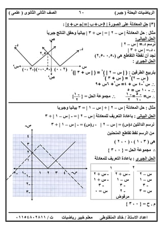 ‫اﻟﺒﺤﺘﺔ‬ ‫اﻟﺮﯾﺎﺿﯿﺎت‬)‫ﺟﺒـﺮ‬(‫اﻟﺜﺎﻧﻮى‬ ‫اﻟﺜﺎﻧﻰ‬ ‫اﻟﺼﻒ‬)‫ﻋﻠﻤﻰ‬(
‫ــــــــــــــــــــــ‬‫ــــــــــــــــــــــــــــــــــــــــــــــــــــــــــــــــــــــــــــــــــــــــــــــــــــــــــــــــــــــــــــــــ‬
‫ــــــــــــــــــــــــــــــــــــــــــــــــــــــــــــــــــــــــــــــــــــــــــــــــــــــــــــــــــــــــــــــ‬‫ــــــــــــــــــــــــ‬
‫اﻻﺳﺘﺎذ‬ ‫اﻋﺪاد‬/‫ت‬ ‫رﯾﺎﺿﯿﺎت‬ ‫ﺧﺒﯿﺮ‬ ‫ﻣﻌﻠﻢ‬ ‫اﻟﻤﻨﻔﻠﻮطﻰ‬ ‫ﺧﺎﻟﺪ‬/٠١١٥٤٨٠٢٨١١
٦٠
]٣[‫اﻟﺼﻮرة‬ ‫ﻋﻠﻰ‬ ‫اﻟﻤﻌﺎدﻟﺔ‬ ‫ﺣﻞ‬|‫س‬‫ا‬+‫ب‬|=|‫س‬ ‫ج‬+‫ء‬|:
‫ﻣﺜﺎل‬:‫اﻟﻤﻌﺎدﻟﺔ‬ ‫ﺣﻞ‬|‫س‬–٢|=|‫س‬+٣|‫ﺟﺒﺮﯾﺎ‬ ‫اﻟﻨﺎﺗﺞ‬ ‫وﺣﻘﻖ‬ ‫ﺑﯿﺎﻧﯿﺎ‬ً ً
‫اﻟﺒﯿﺎﻧﻰ‬ ‫اﻟﺤﻞ‬:
‫د‬ ‫ﻧرﺳم‬١=|‫س‬–٢|
‫د‬ ،٢=|‫س‬+٣|
‫ھﻰ‬ ‫اﻟﺘﻘﺎطﻊ‬ ‫ﻧﻘﻄﺔ‬ ‫أن‬ ‫ﻧﺠﺪ‬)-٠.٥،٢.٥(
‫اﻟﺠﺒﺮى‬ ‫اﻟﺤﻞ‬:
‫اﻟطرﻓﯾن‬ ‫ﺑﺗرﺑﯾﻊ‬) :|‫س‬–٢|(٢
) =|‫س‬+٣|(٢
)‫س‬–٢(٢
) =‫س‬+٣(٢
‫س‬٢
-٤‫س‬+٤=‫س‬٢
+٦‫س‬+٩
-١٠‫س‬=٥
‫س‬= =‫اﻟﺤﻞ‬ ‫ﻣﺠﻤﻮﻋﺔ‬={ }
‫ـــــــــــــــــــــــــــــــــــــــــ‬‫ـــــــــــــــــــــــــــــــــــــــــــــــــــــــــــــــــــــــــــــــــــــــــــــــــــــــــــــ‬
‫ﻣﺜﺎل‬:‫اﻟﻤﻌﺎدﻟﺔ‬ ‫ﺣﻞ‬|‫س‬–٢|+|‫س‬–١|=٣‫وﺟﺒﺮﯾﺎ‬ ‫ﺑﯿﺎﻧﯿﺎ‬
‫اﻟﺒﯿﺎﻧﻰ‬ ‫اﻟﺤﻞ‬:‫ﻟﻠﻤﻌﺎدﻟﺔ‬ ‫اﻟﺘﻌﺮﯾﻒ‬ ‫ﺑﺎﻋﺎدة‬|‫س‬–٢|=-|‫س‬–١|+٣
‫د‬ ‫اﻟﺪاﻟﺘﯿﻦ‬ ‫ﻧﺮﺳﻢ‬)‫س‬= (|‫س‬–٢|‫ر‬ ،)‫س‬= (-|‫س‬–١|+٣
‫اﻟﻤﻨﺤﻨﯿﻦ‬ ‫ﺗﻘﺎطﻊ‬ ‫ﻧﻘﻂ‬ ‫اﻟﺮﺳﻢ‬ ‫ﻣﻦ‬
‫ھﻰ‬)٣،١(،)٠،٢(
B‫اﻟﺤﻞ‬ ‫ﻣﺠﻤﻮﻋﺔ‬=}٠،٣{
‫اﻟﺠﺒﺮى‬ ‫اﻟﺤﻞ‬:‫ﻟﻠﻤﻌﺎدﻟﺔ‬ ‫اﻟﺘﻌﺮﯾﻒ‬ ‫ﺑﺎﻋﺎدة‬
‫م‬.‫ح‬=}٠،٣{
‫س‬–٢
‫س‬–١
-٣
‫س‬=٣
-‫س‬+٢
‫س‬–١
-٣
-٢
‫ﻣﺮﻓﻮض‬
-‫س‬+٢
-‫س‬+١
-٣
‫س‬=٠
‫ص‬
)٢،٠(
‫س‬′
‫ص‬′
‫س‬
)-٣،٠( )-٠.٥،٠(
‫د‬١
‫د‬٢
٢.٥
-٥
١٠
-١
٢
-١
٢
-٢ -١ ١ ٢ ٣ ٤ 
٤
٣
٢
١
-١
-٢
-٣

١ ٢
 