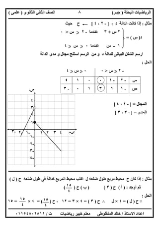 ‫اﻟﺒﺤﺘﺔ‬ ‫اﻟﺮﯾﺎﺿﯿﺎت‬)‫ﺟﺒـﺮ‬(‫اﻟﺜﺎﻧﻮى‬ ‫اﻟﺜﺎﻧﻰ‬ ‫اﻟﺼﻒ‬)‫ﻋﻠﻤﻰ‬(
‫ــــــــــــــــــــــ‬‫ــــــــــــــــــــــــــــــــــــــــــــــــــــــــــــــــــــــــــــــــــــــــــــــــــــــــــــــــــــــــــــــــ‬
‫ــــــــــــــــــــــــــــــــــــــــــــــــــــــــــــــــــــــــــــــــــــــــــــــــــــــــــــــــــــــــــــــ‬‫ــــــــــــــــــــــــ‬
‫اﻻﺳﺘﺎذ‬ ‫اﻋﺪاد‬/‫ت‬ ‫رﯾﺎﺿﯿﺎت‬ ‫ﺧﺒﯿﺮ‬ ‫ﻣﻌﻠﻢ‬ ‫اﻟﻤﻨﻔﻠﻮطﻰ‬ ‫ﺧﺎﻟﺪ‬/٠١١٥٤٨٠٢٨١١
٨
‫ﻣﺜﺎل‬:‫د‬ ‫اﻟﺪاﻟﺔ‬ ‫ﻛﺎﻧﺖ‬ ‫إذا‬] :-٢،٤[C‫ﺣﯿﺚ‬ ‫ح‬
٢‫س‬+٣‫ﻋﻨﺪﻣﺎ‬-٢Y‫س‬>٠
‫د‬)‫س‬= (
١‫ﻋﻨﺪﻣﺎ‬ ‫س‬ ‫ــ‬٠Y‫س‬Y٤
‫اﻟﺪاﻟﺔ‬ ‫ﻣﺪى‬ ‫و‬ ‫ﻣﺠﺎل‬ ‫اﺳﺘﻨﺞ‬ ‫اﻟﺮﺳﻢ‬ ‫ﻣﻦ‬ ‫و‬ ‫د‬ ‫ﻟﻠﺪاﻟﺔ‬ ‫اﻟﺒﯿﺎﻧﻰ‬ ‫اﻟﺸﻜﻞ‬ ‫ارﺳﻢ‬
‫اﻟﺤﻞ‬:
-٢Y‫س‬>٠٠Y‫س‬Y٤
‫اﻟﻤﺠﺎل‬] =-٢،٤[
‫اﻟﻤﺪى‬] =-٣،٣]
‫ــــــــــــــــــــــــــــــــــــــــــــــــــــــــــــــــــــــــــــــــــــــــــــــــــــــــــــــــــــــــــــــــــــــــــــــــــــــ‬
‫ﻣﺜﺎل‬:‫إذا‬‫ح‬ ‫ﺿﻠﻌﮫ‬ ‫طﻮل‬ ‫ﻓﻰ‬ ‫ﻛﺪاﻟﺔ‬ ‫اﻟﻤﺮﺑﻊ‬ ‫ﻣﺤﯿﻂ‬ ‫اﻛﺘﺐ‬ ‫ل‬ ‫ﺿﻠﻌﮫ‬ ‫طﻮل‬ ‫ﻣﺮﺑﻊ‬ ‫ﻣﺤﯿﻂ‬ ‫ح‬ ‫ﻛﺎن‬)‫ل‬(
‫أوﺟﺪ‬ ‫ﺛﻢ‬) :‫أ‬(‫ح‬)٣) (‫ب‬(‫ح‬( )
‫اﻟﺤﻞ‬:
A‫ح‬)‫ل‬= (٤×‫ل‬B‫ح‬)٣= (٤×٣=١٢‫ح‬ ،= ( )٤×=١٥
‫س‬-٢-١٠٠١٤
‫ص‬-١١٣١٠-٣
٢-٢ -١ ١ ٣ ٤ -٣
٤
٣
٢
١
-١
-٢

-٣
-٤
١٥
٤
١٥
٤
١٥
٤
 