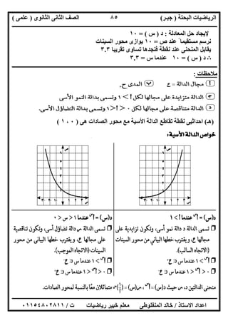 ‫اﻟﺒﺤﺘﺔ‬ ‫اﻟﺮﯾﺎﺿﯿﺎت‬)‫ﺟﺒـﺮ‬(‫اﻟﺜﺎﻧﻮى‬ ‫اﻟﺜﺎﻧﻰ‬ ‫اﻟﺼﻒ‬)‫ﻋﻠﻤﻰ‬(
‫ــــــــــــــــــــــ‬‫ــــــــــــــــــــــــــــــــــــــــــــــــــــــــــــــــــــــــــــــــــــــــــــــــــــــــــــــــــــــــــــــــ‬
‫ــــــــــــــــــــــــــــــــــــــــــــــــــــــــــــــــــــــــــــــــــــــــــــــــــــــــــــــــــــــــــــــ‬‫ــــــــــــــــــــــــ‬
‫اﻻﺳﺘﺎذ‬ ‫اﻋﺪاد‬/‫ت‬ ‫رﯾﺎﺿﯿﺎت‬ ‫ﺧﺒﯿﺮ‬ ‫ﻣﻌﻠﻢ‬ ‫اﻟﻤﻨﻔﻠﻮطﻰ‬ ‫ﺧﺎﻟﺪ‬/٠١١٥٤٨٠٢٨١١
٨٥
‫اﻟﻤﻌﺎدﻟﺔ‬ ‫ﺣﻞ‬ ‫ﻹﯾﺠﺎد‬:‫د‬)‫س‬= (١٠
‫ص‬ ‫ﻋﻨﺪ‬ ً ‫ﻣﺴﺘﻘﯿﻤﺎ‬ ‫ﻧﺮﺳﻢ‬=١٠‫اﻟﺴﯿﻨﺎت‬ ‫ﻣﺤﻮر‬ ‫ﯾﻮازى‬
‫ﺗﻘﺮﯾﺒﺎ‬ ‫ﺗﺴﺎوى‬ ‫ﻓﻨﺠﺪھﺎ‬ ‫ﻧﻘﻄﺔ‬ ‫ﻋﻨﺪ‬ ‫اﻟﻤﻨﺤﻨﻰ‬ ‫ﯾﻘﺎﺑﻞ‬٣.٣
B‫د‬)‫س‬= (١٠‫س‬ ‫ﻋﻨﺪﻣﺎ‬=٣.٣
‫ــــــــــــــــــــــــــــــــــــــــــــــــــــــــــــــــــــــــــــــــــــــــــــــــــــــــــــــــــــــــــــــــــــــــــــــــــــــ‬
‫ﻣﻼﺣﻈﺎت‬:
)‫ھـ‬(‫ھﻰ‬ ‫اﻟﺼﺎدات‬ ‫ﻣﺤﻮر‬ ‫ﻣﻊ‬ ‫اﻷﺳﯿﺔ‬ ‫اﻟﺪاﻟﺔ‬ ‫ﺗﻘﺎطﻊ‬ ‫ﻧﻘﻄﺔ‬ ‫اﺣﺪاﺛﯿﻰ‬)٠،١(
 