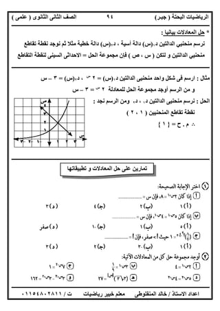 ‫اﻟﺒﺤﺘﺔ‬ ‫اﻟﺮﯾﺎﺿﯿﺎت‬)‫ﺟﺒـﺮ‬(‫اﻟﺜﺎﻧﻮى‬ ‫اﻟﺜﺎﻧﻰ‬ ‫اﻟﺼﻒ‬)‫ﻋﻠﻤﻰ‬(
‫ــــــــــــــــــــــ‬‫ــــــــــــــــــــــــــــــــــــــــــــــــــــــــــــــــــــــــــــــــــــــــــــــــــــــــــــــــــــــــــــــــ‬
‫ــــــــــــــــــــــــــــــــــــــــــــــــــــــــــــــــــــــــــــــــــــــــــــــــــــــــــــــــــــــــــــــ‬‫ــــــــــــــــــــــــ‬
‫اﻻﺳﺘﺎذ‬ ‫اﻋﺪاد‬/‫ت‬ ‫رﯾﺎﺿﯿﺎت‬ ‫ﺧﺒﯿﺮ‬ ‫ﻣﻌﻠﻢ‬ ‫اﻟﻤﻨﻔﻠﻮطﻰ‬ ‫ﺧﺎﻟﺪ‬/٠١١٥٤٨٠٢٨١١
٩٤
*‫ﺑﯿﺎﻧﯿﺎ‬ ‫اﻟﻤﻌﺎدﻻت‬ ‫ﺣﻞ‬:
‫د‬ ‫اﻟﺪاﻟﺘﯿﻦ‬ ‫ﻣﻨﺤﻨﯿﻲ‬ ‫ﻧﺮﺳﻢ‬١)‫س‬(‫د‬ ، ‫أﺳﯿﺔ‬ ‫داﻟﺔ‬٢)‫س‬(‫ﺗﻘ‬ ‫ﻧﻘﻄﺔ‬ ‫ﻧﻮﺟﺪ‬ ‫ﺛﻢ‬ ‫ﻣﺜﻼ‬ ‫ﺧﻄﯿﺔ‬ ‫داﻟﺔ‬‫ﺎطﻊ‬
‫ﻟﺘﻜﻦ‬ ‫و‬ ‫اﻟﺪاﻟﺘﯿﻦ‬ ‫ﻣﻨﺤﻨﯿﻲ‬)‫ص‬ ، ‫س‬(‫اﻟﺤﻞ‬ ‫ﻣﺠﻤﻮﻋﺔ‬ ‫ﻓﺈن‬=‫اﻟﺘﻘﺎطﻊ‬ ‫ﻟﻨﻘﻄﺔ‬ ‫اﻟﺴﯿﻨﻰ‬ ‫اﻻﺣﺪاﺛﻰ‬
‫ــــــــــــــــــــــــــــــــــــــــــــــــــــــــــــــــــــــــــــــــــــــــــــــــــــــــــــــــــــــــــــــــــــــــــــــــــــــ‬
‫ﻣﺜﺎل‬:‫ﺷ‬ ‫ﻓﻰ‬ ‫ارﺳﻢ‬‫د‬ ‫اﻟﺪاﻟﺘﯿﻦ‬ ‫ﻣﻨﺤﻨﯿﻰ‬ ‫واﺣﺪ‬ ‫ﻜﻞ‬١)‫س‬= (٢‫س‬
‫د‬ ،٢)‫س‬= (٣–‫س‬
‫ﻟﻠﻤﻌﺎدﻟﺔ‬ ‫اﻟﺤﻞ‬ ‫ﻣﺠﻤﻮﻋﺔ‬ ‫أوﺟﺪ‬ ‫اﻟﺮﺳﻢ‬ ‫ﻣﻦ‬ ‫و‬٢‫س‬
=٣–‫س‬
‫اﻟﺤﻞ‬:‫د‬ ‫اﻟﺪاﻟﺘﯿﻦ‬ ‫ﻣﻨﺤﻨﯿﻰ‬ ‫ﻧﺮﺳﻢ‬١‫د‬ ،٢‫ﻧﺠﺪ‬ ‫اﻟﺮﺳﻢ‬ ‫وﻣﻦ‬:
‫اﻟﻤﻨﺤﻨﯿﯿﻦ‬ ‫ﺗﻘﺎطﻊ‬ ‫ﻧﻘﻄﺔ‬)١،٢(
B‫م‬.‫ح‬=}١{
‫ــــــــــــــــــ‬‫ــــــــــــــــــــــــــــــــــــــــــــــــــــــــــــــــــــــــــــــــــــــــــــــــــــــــــــــــــــــــــــــــــــ‬
‫ﺗﻄﺒﯿﻘﺎﺗﮭﺎ‬ ‫و‬ ‫اﻟﻤﻌﺎدﻻت‬ ‫ﺣﻞ‬ ‫ﻋﻠﻰ‬ ‫ﺗﻤﺎرﯾﻦ‬
 