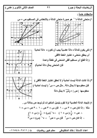‫اﻟﺒﺤﺘﺔ‬ ‫اﻟﺮﯾﺎﺿﯿﺎت‬)‫ﺟﺒـﺮ‬(‫اﻟﺜﺎﻧﻮى‬ ‫اﻟﺜﺎﻧﻰ‬ ‫اﻟﺼﻒ‬)‫ﻋﻠﻤﻰ‬(
‫ــــــــــــــــــــــ‬‫ــــــــــــــــــــــــــــــــــــــــــــــــــــــــــــــــــــــــــــــــــــــــــــــــــــــــــــــــــــــــــــــــ‬
‫ــــــــــــــــــــــــــــــــــــــــــــــــــــــــــــــــــــــــــــــــــــــــــــــــــــــــــــــــــــــــــــــ‬‫ــــــــــــــــــــــــ‬
‫اﻻﺳﺘﺎذ‬ ‫اﻋﺪاد‬/‫ت‬ ‫رﯾﺎﺿﯿﺎت‬ ‫ﺧﺒﯿﺮ‬ ‫ﻣﻌﻠﻢ‬ ‫اﻟﻤﻨﻔﻠﻮطﻰ‬ ‫ﺧﺎﻟﺪ‬/٠١١٥٤٨٠٢٨١١
٩٦
‫ھﺎﻣﺔ‬ ‫ﻣﻼﺣﻈﺎت‬:
١(‫د‬ ‫اﻟﺪاﻟﺔ‬ ‫ﻣﻨﺤﻨﻰ‬‫ــ‬١
‫ص‬ ‫اﻟﻤﺴﺘﻘﯿﻢ‬ ‫ﻓﻰ‬ ‫ﺑﺎﻻﻧﻌﻜﺎس‬ ‫د‬ ‫اﻟﺪاﻟﺔ‬ ‫ﻣﻨﺤﻨﻰ‬ ‫ﺻﻮرة‬ ‫ھﻮ‬=‫س‬
٢(‫أﺣﺎدﯾﺔ‬ ‫داﻟﺔ‬ ‫د‬ ‫ﺗﻜﻮن‬ ‫أن‬ ‫ﯾﺠﺐ‬ ‫ﻋﻜﺴﯿﺔ‬ ‫داﻟﺔ‬ ‫د‬ ‫ﻟﻠﺪاﻟﺔ‬ ‫ﯾﻜﻮن‬ ‫ﻟﻜﻰ‬
‫اﻟ‬ ‫اﺧﺘﺒﺎر‬ ‫د‬ ‫ﻣﻨﺤﻨﻰ‬ ‫ﯾﺤﻘﻖ‬ ‫أى‬‫اﻷﻓﻘﻰ‬ ‫ﺨﻂ‬
)‫واﺣﺪة‬ ‫ﻧﻘﻄﺔ‬ ‫ﻓﻰ‬ ‫اﻟﻤﻨﺤﻨﻰ‬ ‫أﻓﻘﻰ‬ ‫ﻣﺴﺘﻘﯿﻢ‬ ‫أى‬ ‫ﻗﻄﻊ‬ ‫إذا‬
‫أﺣﺎدﯾﺔ‬ ‫داﻟﺔ‬ ‫ﯾﻤﺜﻞ‬ ‫اﻟﻤﻨﺤﻨﻰ‬ ‫ﻓﺈن‬(
٣(‫أﺣﺎدﯾﺔ‬ ‫ﻟﯿﺴﺖ‬ ‫اﻟﺪاﻟﺔ‬ ‫ﻛﺎﻧﺖ‬ ‫إذا‬)‫اﻷﻓﻘﻰ‬ ‫اﻟﺨﻂ‬ ‫اﺧﺘﺒﺎر‬ ‫ﺗﺤﻘﻖ‬ ‫ﻻ‬(
‫داﻟﺔ‬ ‫ﯾﻤﺜﻞ‬ ‫ﻻ‬ ‫ﻣﻌﻜﻮﺳﮭﺎ‬ ‫ﻓﺈن‬.‫ص‬ ‫ﻣﺜﻞ‬=‫س‬٢
)‫أﺣﺎدﯾﺔ‬ ‫ﻟﯿﺴﺖ‬(
‫ﻣﻌﻜﻮﺳﮭﺎ‬|‫ص‬|=‫؟‬‫داﻟﺔ‬ ‫ﯾﻤﺜﻞ‬ ‫ﻻ‬ ‫س‬
٤(‫س‬ ‫ﺑﺪﻻﻟﺔ‬ ‫ص‬ ‫ﻧﻮﺟﺪ‬ ‫ﺛﻢ‬ ‫اﻟﻤﺘﻐﯿﺮات‬ ‫ﺑﺘﺒﺪﯾﻞ‬ ‫ﻧﻘﻮم‬ ‫أوﻻ‬ ‫اﻟﻌﻜﺴﯿﺔ‬ ‫اﻟﺪاﻟﺔ‬ ‫ﻹﯾﺠﺎد‬.
‫ﻣﺜﻼ‬:‫ص‬ ‫ﻛﺎن‬ ‫إذا‬=٣‫س‬–١‫س‬ ‫ﻓﺈن‬=٣‫ص‬–١B٣‫ص‬=‫س‬+١
B‫ص‬) =‫س‬+١(B‫د‬‫ــ‬١
)‫س‬) = (‫س‬+١(
‫ص‬ ‫ﻛﺎن‬ ‫إذا‬ ،=‫س‬٣
‫س‬ ‫ﻓﺈن‬=‫ص‬٣
B‫د‬‫ــ‬١
)‫س‬= (‫س‬
١
٣
١
٣١
٣
 