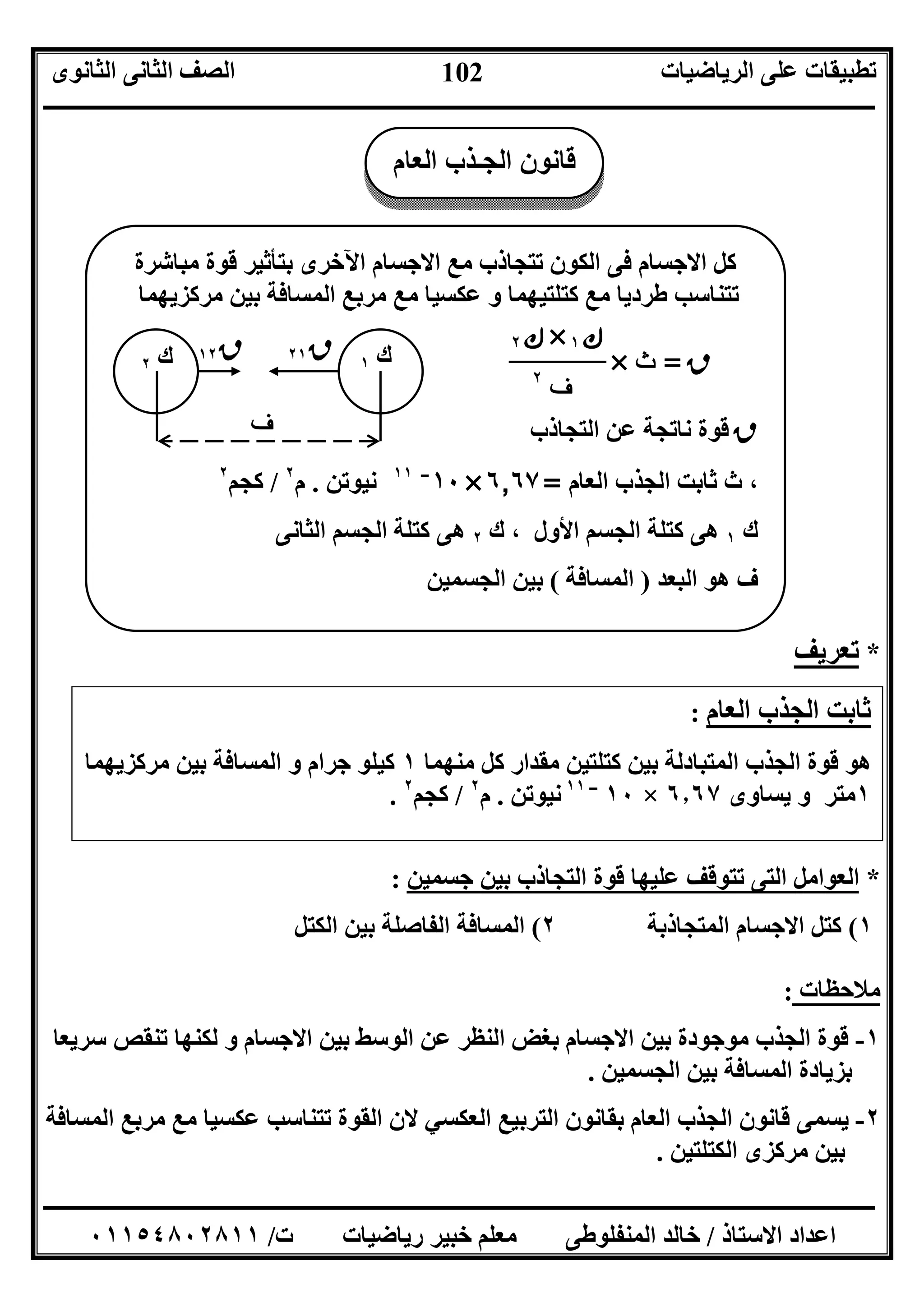 ‫اﻟﺮﯾﺎﺿﯿﺎت‬ ‫ﻋﻠﻰ‬ ‫ﺗﻄﺒﯿﻘﺎت‬‫اﻟﺜﺎﻧﻮى‬ ‫اﻟﺜﺎﻧﻰ‬ ‫اﻟﺼﻒ‬
‫ــــــــــــــــــــــــــــــــــــــــــــــــــــــــــــــــــــــــــــــــــــــــــــــــــــــــــــــــــــــــــــــــــــــــــــــــــــــ‬
‫ـــــــــــــــــــــــــــــــــــــــــــــــــــــــــــــــــــــــــــــــــــ‬‫ـــــــــــــــــــــــــــــــــــــــــــــــــــــــــــــــــــ‬
‫اﻻﺳﺘﺎذ‬ ‫اﻋﺪاد‬/‫ت‬ ‫رﯾﺎﺿﯿﺎت‬ ‫ﺧﺒﯿﺮ‬ ‫ﻣﻌﻠﻢ‬ ‫اﻟﻤﻨﻔﻠﻮﻃﻰ‬ ‫ﺧﺎﻟﺪ‬/٠١١٥٤٨٠٢٨١١
102
‫ﻣﺒﺎﺷﺮة‬ ‫ﻗﻮة‬ ‫ﺑﺘﺄﺛﯿﺮ‬ ‫اﻵﺧﺮى‬ ‫اﻻﺟﺴﺎم‬ ‫ﻣﻊ‬ ‫ﺗﺘﺠﺎذب‬ ‫اﻟﻜﻮن‬ ‫ﻓﻰ‬ ‫اﻻﺟﺴﺎم‬ ‫ﻛﻞ‬
‫ﻣﺮﻛﺰﯾﮭﻤﺎ‬ ‫ﺑﯿﻦ‬ ‫اﻟﻤﺴﺎﻓﺔ‬ ‫ﻣﺮﺑﻊ‬ ‫ﻣﻊ‬ ‫ﻋﻜﺴﯿﺎ‬ ‫و‬ ‫ﻛﺘﻠﺘﯿﮭﻤﺎ‬ ‫ﻣﻊ‬ ‫ﻃﺮدﯾﺎ‬ ‫ﺗﺘﻨﺎﺳﺐ‬
‫ق‬=‫ث‬×
‫ق‬‫اﻟﺘ‬ ‫ﻋﻦ‬ ‫ﻧﺎﺗﺠﺔ‬ ‫ﻗﻮة‬‫ﺠﺎذب‬
‫اﻟﻌﺎم‬ ‫اﻟﺠﺬب‬ ‫ﺛﺎﺑﺖ‬ ‫ث‬ ،=٦٫٦٧×١٠‫ـ‬‫ـ‬‫ــ‬١١
‫ﻧﯿﻮﺗﻦ‬.‫م‬٢
/‫ﻛﺠﻢ‬٢
‫ك‬١‫ك‬ ، ‫اﻷول‬ ‫اﻟﺠﺴﻢ‬ ‫ﻛﺘﻠﺔ‬ ‫ھﻰ‬٢‫اﻟﺜﺎﻧﻰ‬ ‫اﻟﺠﺴﻢ‬ ‫ﻛﺘﻠﺔ‬ ‫ھﻰ‬
‫اﻟﺒﻌﺪ‬ ‫ھﻮ‬ ‫ف‬)‫اﻟﻤﺴﺎﻓﺔ‬(‫اﻟﺠﺴﻤﯿﻦ‬ ‫ﺑﯿﻦ‬
*‫ﺗﻌﺮﯾﻒ‬
*‫ﺟﺴﻤﯿﻦ‬ ‫ﺑﯿﻦ‬ ‫اﻟﺘﺠﺎذب‬ ‫ﻗﻮة‬ ‫ﻋﻠﯿﮭﺎ‬ ‫ﺗﺘﻮﻗﻒ‬ ‫اﻟﺘﻰ‬ ‫اﻟﻌﻮاﻣﻞ‬:
١(‫اﻟﻤﺘﺠﺎذﺑﺔ‬ ‫اﻻﺟﺴﺎم‬ ‫ﻛﺘﻞ‬٢(‫اﻟﻜﺘﻞ‬ ‫ﺑﯿﻦ‬ ‫اﻟﻔﺎﺻﻠﺔ‬ ‫اﻟﻤﺴﺎﻓﺔ‬
‫ﻣﻼﺣﻈﺎت‬:
١-‫ﺳﺮﯾﻌﺎ‬ ‫ﺗﻨﻘﺺ‬ ‫ﻟﻜﻨﮭﺎ‬ ‫و‬ ‫اﻻﺟﺴﺎم‬ ‫ﺑﯿﻦ‬ ‫اﻟﻮﺳﻂ‬ ‫ﻋﻦ‬ ‫اﻟﻨﻈﺮ‬ ‫ﺑﻐﺾ‬ ‫اﻻﺟﺴﺎم‬ ‫ﺑﯿﻦ‬ ‫ﻣﻮﺟﻮدة‬ ‫اﻟﺠﺬب‬ ‫ﻗﻮة‬
‫اﻟ‬ ‫ﺑﯿﻦ‬ ‫اﻟﻤﺴﺎﻓﺔ‬ ‫ﺑﺰﯾﺎدة‬‫ﺠﺴﻤﯿﻦ‬.
٢-‫اﻟﻤﺴﺎﻓﺔ‬ ‫ﻣﺮﺑﻊ‬ ‫ﻣﻊ‬ ‫ﻋﻜﺴﯿﺎ‬ ‫ﺗﺘﻨﺎﺳﺐ‬ ‫اﻟﻘﻮة‬ ‫ﻻن‬ ‫اﻟﻌﻜﺴﻲ‬ ‫اﻟﺘﺮﺑﯿﻊ‬ ‫ﺑﻘﺎﻧﻮن‬ ‫اﻟﻌﺎم‬ ‫اﻟﺠﺬب‬ ‫ﻗﺎﻧﻮن‬ ‫ﯾﺴﻤﻰ‬
‫اﻟﻜﺘﻠﺘﯿﻦ‬ ‫ﻣﺮﻛﺰى‬ ‫ﺑﯿﻦ‬.
‫اﻟﻌﺎم‬ ‫اﻟﺠـﺬب‬ ‫ﻗﺎﻧﻮن‬
‫ك‬١‫ك‬٢
‫ق‬٢١‫ق‬١٢
‫ف‬
‫ك‬١×‫ك‬٢
‫ف‬٢
‫اﻟﻌﺎم‬ ‫اﻟﺠﺬب‬ ‫ﺛﺎﺑﺖ‬:
‫ﻣﻨﮭﻤﺎ‬ ‫ﻛﻞ‬ ‫ﻣﻘﺪار‬ ‫ﻛﺘﻠﺘﯿﻦ‬ ‫ﺑﯿﻦ‬ ‫اﻟﻤﺘﺒﺎدﻟﺔ‬ ‫اﻟﺠﺬب‬ ‫ﻗﻮة‬ ‫ھﻮ‬١‫ﻣﺮﻛﺰﯾﮭﻤﺎ‬ ‫ﺑﯿﻦ‬ ‫اﻟﻤﺴﺎﻓﺔ‬ ‫و‬ ‫ﺟﺮام‬ ‫ﻛﯿﻠﻮ‬
١‫ﻣﺘ‬‫ﯾﺴﺎوى‬ ‫و‬ ‫ﺮ‬٦٫٦٧×١٠‫ــ‬١١
‫ﻧﯿﻮﺗﻦ‬.‫م‬٢
/‫ﻛﺠﻢ‬٢
.
 