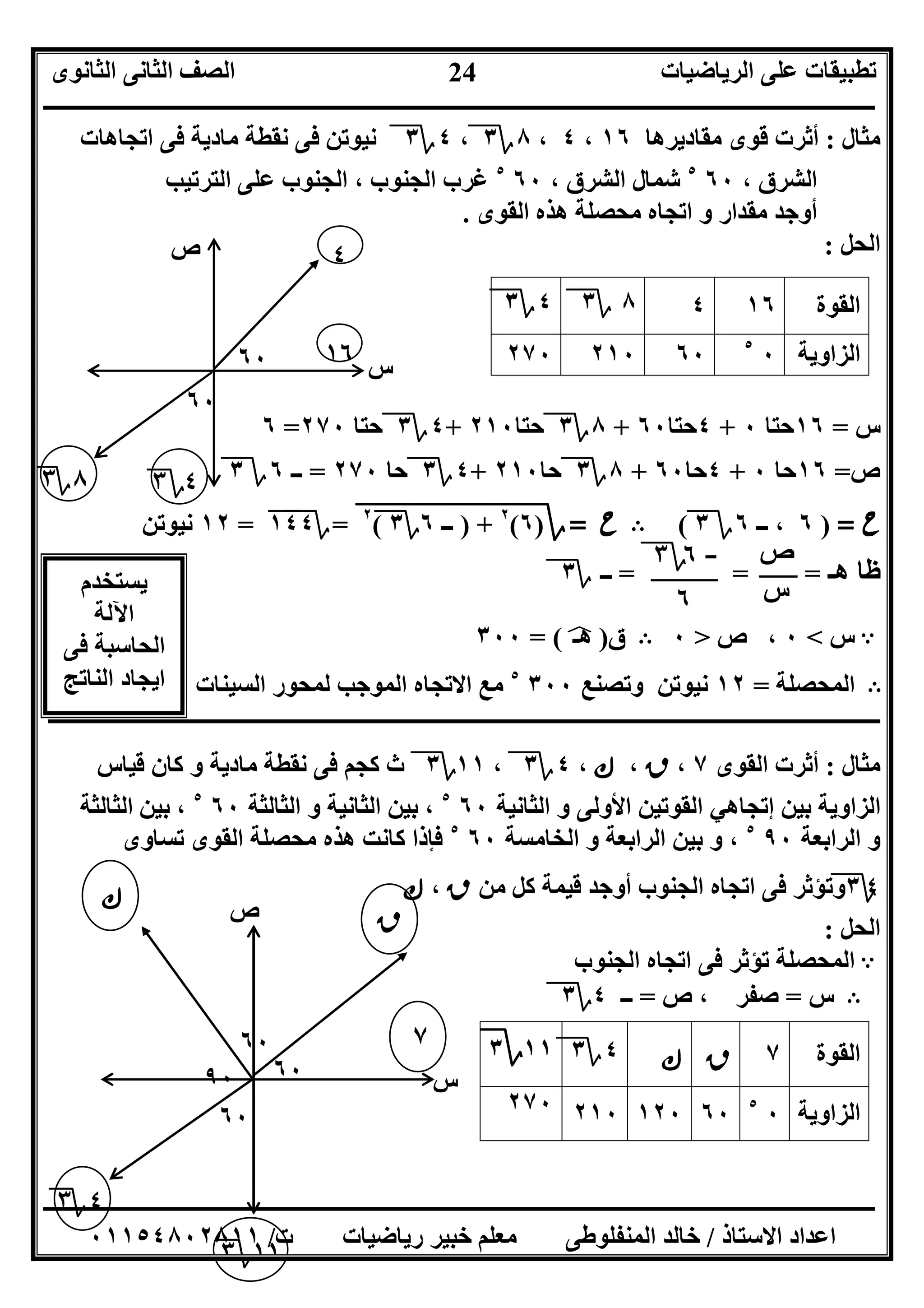 ‫اﻟﺮﯾﺎﺿﯿﺎت‬ ‫ﻋﻠﻰ‬ ‫ﺗﻄﺒﯿﻘﺎت‬‫اﻟﺜﺎﻧﻮى‬ ‫اﻟﺜﺎﻧﻰ‬ ‫اﻟﺼﻒ‬
‫ــــــــــــــــــــــــــــــــــــــــــــــــــــــــــــــــــــــــــــــــــــــــــــــــــــــــــــــــــــــــــــــــــــــــــــــــــــــ‬
‫ـــــــــــــــــــــــــــــــــــــــــــــــــــــــــــــــــــــــــــــــــــ‬‫ـــــــــــــــــــــــــــــــــــــــــــــــــــــــــــــــــــ‬
‫اﻻﺳﺘﺎذ‬ ‫اﻋﺪاد‬/‫ت‬ ‫رﯾﺎﺿﯿﺎت‬ ‫ﺧﺒﯿﺮ‬ ‫ﻣﻌﻠﻢ‬ ‫اﻟﻤﻨﻔﻠﻮﻃﻰ‬ ‫ﺧﺎﻟﺪ‬/٠١١٥٤٨٠٢٨١١
24
‫ﻣﺜﺎل‬:‫ﻣﻘﺎدﯾﺮھﺎ‬ ‫ﻗﻮى‬ ‫أﺛﺮت‬١٦،٤،٨‫؟‬٣،٤‫؟‬٣‫اﺗﺠﺎھﺎت‬ ‫ﻓﻰ‬ ‫ﻣﺎدﯾﺔ‬ ‫ﻧﻘﻄﺔ‬ ‫ﻓﻰ‬ ‫ﻧﯿﻮﺗﻦ‬
، ‫اﻟﺸﺮق‬٦٠٥
، ‫اﻟﺸﺮق‬ ‫ﺷﻤﺎل‬٦٠٥
‫اﻟﺘﺮﺗﯿﺐ‬ ‫ﻋﻠﻰ‬ ‫اﻟﺠﻨﻮب‬ ، ‫اﻟﺠﻨﻮب‬ ‫ﻏﺮب‬
‫أوﺟﺪ‬‫اﺗﺠﺎه‬ ‫و‬ ‫ﻣﻘﺪار‬‫اﻟﻘﻮى‬ ‫ھﺬه‬ ‫ﻣﺤﺼﻠﺔ‬.
‫اﻟﺤﻞ‬:
‫اﻟﻘﻮة‬١٦٤٨‫؟‬٣٤‫؟‬٣
‫اﻟﺰاوﯾﺔ‬٠٥
٦٠٢١٠٢٧٠
‫س‬=١٦‫ﺣﺘﺎ‬٠+٤‫ﺣﺘﺎ‬٦٠+٨‫؟‬٣‫ﺣﺘﺎ‬٢١٠+٤‫؟‬٣‫ﺣﺘﺎ‬٢٧٠=٦
‫ص‬=١٦‫ﺣﺎ‬٠+٤‫ﺣﺎ‬٦٠+٨‫؟‬٣‫ﺣﺎ‬٢١٠+٤‫؟‬٣‫ﺣﺎ‬٢٧٠=‫ــ‬٦‫؟‬٣
‫ح‬=)٦‫ــ‬ ،٦‫؟‬٣(B‫ح‬=‫؟‬)٦(٢
"+")"‫ــ‬٦"‫؟‬"٣("٢
"=‫؟‬١٤٤"=١٢‫ﻧﯿﻮﺗﻦ‬
‫ھـ‬ ‫ﻇﺎ‬= ==‫ــ‬‫؟‬٣
A‫س‬<٠،‫ص‬>٠B‫ق‬)‫ھـ‬p= (٣٠٠
B‫اﻟﻤﺤﺼﻠﺔ‬=١٢‫وﺗﺼﻨﻊ‬ ‫ﻧﯿﻮﺗﻦ‬٣٠٠٥
‫ا‬ ‫ﻣﻊ‬‫اﻟﺴﯿﻨﺎت‬ ‫ﻟﻤﺤﻮر‬ ‫اﻟﻤﻮﺟﺐ‬ ‫ﻻﺗﺠﺎه‬
‫ــــــــــــــــــــــــــــــــــــــــــــــــــــــــــــــــــــــــــــــــــــــــــــــــــــــــــــــــــــــــــــــــــــــــــــــــــــــ‬
‫ﻣﺜﺎل‬:‫اﻟﻘﻮى‬ ‫أﺛﺮت‬٧،‫ق‬،‫ﻙ‬،٤‫؟‬٣،١١‫؟‬٣‫و‬ ‫ﻣﺎدﯾﺔ‬ ‫ﻧﻘﻄﺔ‬ ‫ﻓﻰ‬ ‫ﻛﺠﻢ‬ ‫ث‬‫ﻗﯿﺎس‬ ‫ﻛﺎن‬
‫اﻟﺜﺎﻧﯿﺔ‬ ‫و‬ ‫اﻷوﻟﻰ‬ ‫اﻟﻘﻮﺗﯿﻦ‬ ‫إﺗﺠﺎھﻲ‬ ‫ﺑﯿﻦ‬ ‫اﻟﺰاوﯾﺔ‬٦٠٥
‫اﻟﺜﺎﻟﺜﺔ‬ ‫و‬ ‫اﻟﺜﺎﻧﯿﺔ‬ ‫ﺑﯿﻦ‬ ،٦٠٥
‫ﺑﯿﻦ‬ ،‫اﻟﺜﺎﻟﺜﺔ‬
‫اﻟﺮاﺑﻌﺔ‬ ‫و‬٩٠٥
‫اﻟﺨﺎﻣﺴﺔ‬ ‫و‬ ‫اﻟﺮاﺑﻌﺔ‬ ‫ﺑﯿﻦ‬ ‫و‬ ،٦٠٥
‫ﺗﺴﺎوى‬ ‫اﻟﻘﻮى‬ ‫ﻣﺤﺼﻠﺔ‬ ‫ھﺬه‬ ‫ﻛﺎﻧﺖ‬ ‫ﻓﺈذا‬
٤‫؟‬٣‫و‬‫اﻟﺠﻨﻮب‬ ‫اﺗﺠﺎه‬ ‫ﻓﻰ‬ ‫ﺗﺆﺛﺮ‬‫ﻣﻦ‬ ‫ﻛﻞ‬ ‫ﻗﯿﻤﺔ‬ ‫أوﺟﺪ‬‫ﻕ‬،‫ﻙ‬
‫اﻟﺤﻞ‬:
A‫ﻓ‬ ‫ﺗﺆﺛﺮ‬ ‫اﻟﻤﺤﺼﻠﺔ‬‫اﻟﺠﻨﻮب‬ ‫اﺗﺠﺎه‬ ‫ﻰ‬
B‫س‬=‫ص‬ ، ‫ﺻﻔﺮ‬=‫ــ‬٤‫؟‬٣
‫اﻟﻘﻮة‬٧‫ﻕ‬‫ﻙ‬٤‫؟‬٣١١‫؟‬٣
‫اﻟﺰاوﯾﺔ‬٠٥
٦٠١٢٠٢١٠٢٧٠
‫ص‬
‫س‬
٦٠
٤‫؟‬٣
٤
١٦
٨‫؟‬٣
٦٠
‫ﯾﺴﺘﺨﺪم‬
‫اﻵﻟﺔ‬
‫ﻓﻰ‬ ‫اﻟﺤﺎﺳﺒﺔ‬
‫اﻟﻨﺎﺗﺞ‬ ‫اﯾﺠﺎد‬
‫ص‬
‫س‬
‫ـ‬‫ـ‬-٦‫؟‬٣
٦
‫ص‬
٦٠
‫س‬
١١‫؟‬٣
٤‫؟‬٣
٦٠
‫ك‬
٧٦٠
٩٠
‫ق‬
 