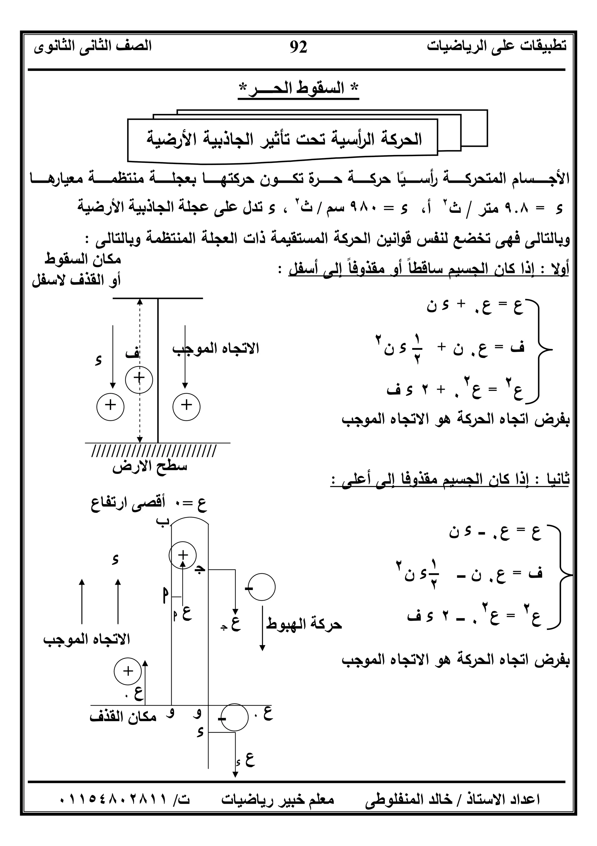 ‫اﻟﺮﯾﺎﺿﯿﺎت‬ ‫ﻋﻠﻰ‬ ‫ﺗﻄﺒﯿﻘﺎت‬‫اﻟﺜﺎﻧﻮى‬ ‫اﻟﺜﺎﻧﻰ‬ ‫اﻟﺼﻒ‬
‫ــــــــــــــــــــــــــــــــــــــــــــــــــــــــــــــــــــــــــــــــــــــــــــــــــــــــــــــــــــــــــــــــــــــــــــــــــــــ‬
‫ـــــــــــــــــــــــــــــــــــــــــــــــــــــــــــــــــــــــــــــــــــ‬‫ـــــــــــــــــــــــــــــــــــــــــــــــــــــــــــــــــــ‬
‫اﻻﺳﺘﺎذ‬ ‫اﻋﺪاد‬/‫ت‬ ‫رﯾﺎﺿﯿﺎت‬ ‫ﺧﺒﯿﺮ‬ ‫ﻣﻌﻠﻢ‬ ‫اﻟﻤﻨﻔﻠﻮﻃﻰ‬ ‫ﺧﺎﻟﺪ‬/٠١١٥٤٨٠٢٨١١
92
*‫اﻟ‬‫اﻟﺤــــﺮ‬ ‫ﺴﻘﻮط‬*
‫ـــــــﺎ‬‫ـ‬‫ﻫ‬‫ﻣﻌﯾﺎر‬ ‫ـــــــﺔ‬‫ـ‬‫ﻣﻧﺗظﻣ‬ ‫ـــــــﺔ‬‫ـ‬‫ﺑﻌﺟﻠ‬ ‫ـــــــﺎ‬‫ـ‬‫ﺣرﻛﺗﻬ‬ ‫ـــــــون‬‫ـ‬‫ﺗﻛ‬ ‫ة‬‫ـــــــر‬‫ـ‬‫ﺣ‬ ‫ـــــــﺔ‬‫ـ‬‫ﺣرﻛ‬ ‫ـــــــﯾﺎ‬‫ـ‬‫أﺳ‬‫ر‬ ‫ـــــــﺔ‬‫ـ‬‫اﻟﻣﺗﺣرﻛ‬ ‫ـــــــﺳﺎم‬‫ـ‬‫اﻷﺟ‬ً
‫ء‬=٩.٨‫ﻣﺗر‬/‫ث‬٢
‫أ‬،‫ء‬=٩٨٠‫ﺳﻢ‬/‫ث‬٢
،‫ء‬‫اﻷرﺿﯿﺔ‬ ‫اﻟﺠﺎذﺑﯿﺔ‬ ‫ﻋﺠﻠﺔ‬ ‫ﻋﻠﻰ‬ ‫ﺗﺪل‬
‫وﺑﺎﻟﺗﺎﻟﻰ‬ ‫اﻟﻣﻧﺗظﻣﺔ‬ ‫اﻟﻌﺟﻠﺔ‬ ‫ذات‬ ‫اﻟﻣﺳﺗﻘﯾﻣﺔ‬ ‫اﻟﺣرﻛﺔ‬ ‫اﻧﯾن‬‫و‬‫ﻗ‬ ‫ﻟﻧﻔس‬ ‫ﺗﺧﺿﻊ‬ ‫ﻓﻬﻰ‬ ‫وﺑﺎﻟﺗﺎﻟﻰ‬:
‫أوﻻ‬:‫اﻟ‬ ‫ﻛﺎن‬ ‫إذا‬‫أﺳﻔل‬ ‫إﻟﻰ‬ ‫ﻣﻘذوﻓﺎ‬ ‫أو‬ ‫ﺳﺎﻗطﺎ‬ ‫ﺟﺳﯾم‬ً ً:
‫اﻟﻣوﺟب‬ ‫اﻻﺗﺟﺎﻩ‬ ‫ﻫو‬ ‫اﻟﺣرﻛﺔ‬ ‫اﺗﺟﺎﻩ‬ ‫ﺑﻔرض‬
‫ﺛﺎﻧﯾﺎ‬:‫أﻋﻠﻰ‬ ‫إﻟﻰ‬ ‫ﻣﻘذوﻓﺎ‬ ‫اﻟﺟﺳﯾم‬ ‫ﻛﺎن‬ ‫إذا‬:
‫اﻟﻣوﺟب‬ ‫اﻻﺗﺟﺎﻩ‬ ‫ﻫو‬ ‫اﻟﺣرﻛﺔ‬ ‫اﺗﺟﺎﻩ‬ ‫ﺑﻔرض‬
‫اﻷرﺿﯾﺔ‬ ‫اﻟﺟﺎذﺑﯾﺔ‬ ‫ﺗﺄﺛﯾر‬ ‫ﺗﺣت‬ ‫أﺳﯾﺔ‬‫ر‬‫اﻟ‬ ‫اﻟﺣرﻛﺔ‬
/////////////////////////
+
+
+
‫اﻟﺴﻘﻮط‬ ‫ﻣﻜﺎن‬
‫ﻻﺳﻔﻞ‬ ‫اﻟﻘﺬف‬ ‫أو‬
‫اﻻرض‬ ‫ﺳﻄﺢ‬
‫اﻻﺗﺠﺎ‬‫اﻟﻤﻮﺟﺐ‬ ‫ه‬‫ف‬‫ء‬
‫ب‬
‫اﻟﮭﺒﻮط‬ ‫ﺣﺮﻛﺔ‬
‫ا‬
‫ج‬
‫ء‬
‫ع‬‫ا‬
‫ع‬‫ج‬
‫ء‬
‫ع‬٠
‫ع‬=٠‫ارﺗﻔﺎع‬ ‫أﻗﺼﻰ‬
‫اﻟﻘﺬف‬ ‫ﻣﻜﺎن‬ ‫و‬ ‫و‬
‫اﻟﻤﻮﺟﺐ‬ ‫اﻻﺗﺠﺎه‬
‫ع‬‫ء‬
‫ــ‬
+
+
‫ع‬٠‫ــ‬
‫ع‬=‫ع‬٠+‫ء‬‫ن‬
‫ف‬=‫ع‬٠‫ن‬+‫ء‬‫ن‬٢
‫ع‬٢=‫ع‬٠
٢+٢‫ء‬‫ف‬
١
٢
‫ع‬=‫ع‬٠‫ـــ‬‫ء‬‫ن‬
‫ف‬=‫ع‬٠‫ن‬‫ــــ‬‫ء‬‫ن‬٢
‫ع‬٢=‫ع‬٠
٢‫ــــ‬٢‫ء‬‫ف‬
١
٢
 