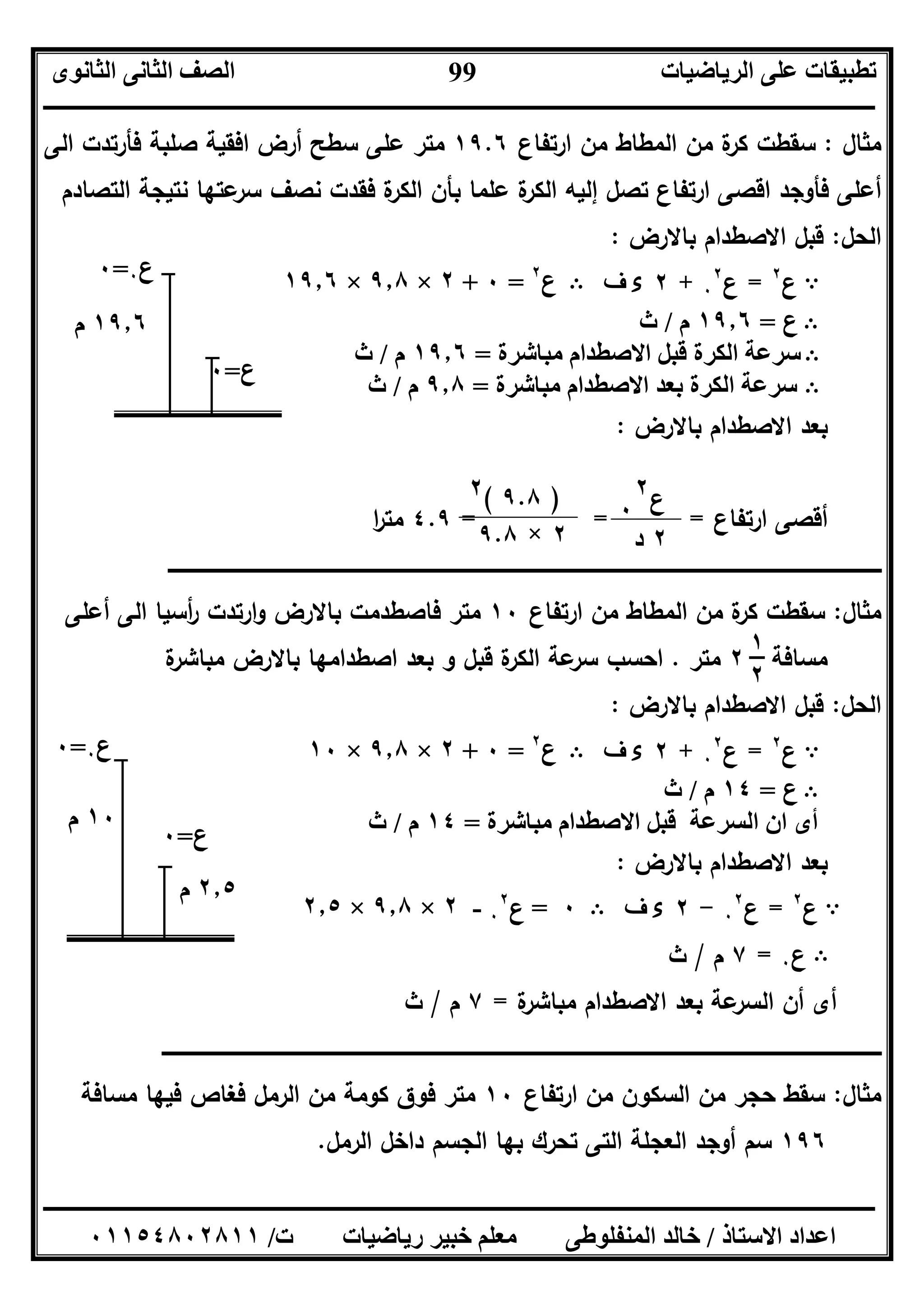 ‫اﻟﺮﯾﺎﺿﯿﺎت‬ ‫ﻋﻠﻰ‬ ‫ﺗﻄﺒﯿﻘﺎت‬‫اﻟﺜﺎﻧﻮى‬ ‫اﻟﺜﺎﻧﻰ‬ ‫اﻟﺼﻒ‬
‫ــــــــــــــــــــــــــــــــــــــــــــــــــــــــــــــــــــــــــــــــــــــــــــــــــــــــــــــــــــــــــــــــــــــــــــــــــــــ‬
‫ـــــــــــــــــــــــــــــــــــــــــــــــــــــــــــــــــــــــــــــــــــ‬‫ـــــــــــــــــــــــــــــــــــــــــــــــــــــــــــــــــــ‬
‫اﻻﺳﺘﺎذ‬ ‫اﻋﺪاد‬/‫ت‬ ‫رﯾﺎﺿﯿﺎت‬ ‫ﺧﺒﯿﺮ‬ ‫ﻣﻌﻠﻢ‬ ‫اﻟﻤﻨﻔﻠﻮﻃﻰ‬ ‫ﺧﺎﻟﺪ‬/٠١١٥٤٨٠٢٨١١
99
‫ﻣﺛﺎل‬:‫ارﺗﻔﺎع‬ ‫ﻣن‬ ‫اﻟﻣطﺎط‬ ‫ﻣن‬ ‫ة‬‫ﻛر‬ ‫ﺳﻘطت‬١٩.٦‫اﻟﻰ‬ ‫ﻓﺄرﺗدت‬ ‫ﺻﻠﺑﺔ‬ ‫اﻓﻘﯾﺔ‬ ‫أرض‬ ‫ﺳطﺢ‬ ‫ﻋﻠﻰ‬ ‫ﻣﺗر‬
‫أﻋﻠﻰ‬‫اﻟﺗﺻﺎدم‬ ‫ﻧﺗﯾﺟﺔ‬ ‫ﻋﺗﻬﺎ‬‫ﺳر‬ ‫ﻧﺻف‬ ‫ﻓﻘدت‬ ‫ة‬‫اﻟﻛر‬ ‫ﺑﺄن‬ ‫ﻋﻠﻣﺎ‬ ‫ة‬‫اﻟﻛر‬ ‫إﻟﯾﻪ‬ ‫ﺗﺻل‬ ‫ارﺗﻔﺎع‬ ‫اﻗﺻﻰ‬ ‫ﻓﺄوﺟد‬
‫اﻟﺣل‬:‫ﺑﺎﻻرض‬ ‫اﻻﺻطدام‬ ‫ﻗﺑل‬:
A‫ع‬٢
=‫ع‬٠
٢
+٢‫ف‬ ‫ء‬B‫ع‬٢
=٠+٢×٩٫٨×١٩٫٦
B‫ع‬=١٩٫٦‫م‬/‫ث‬
B‫ﻣﺒﺎﺷﺮة‬ ‫اﻻﺻﻄﺪام‬ ‫ﻗﺒﻞ‬ ‫اﻟﻜﺮة‬ ‫ﺳﺮﻋﺔ‬=١٩٫٦‫م‬/‫ث‬
B‫ﻣﺒﺎﺷﺮة‬ ‫اﻻﺻﻄﺪام‬ ‫ﺑﻌﺪ‬ ‫اﻟﻜﺮة‬ ‫ﺳﺮﻋﺔ‬=٩٫٨‫م‬/‫ث‬
‫ﺑﺎﻻرض‬ ‫اﻻﺻطدام‬ ‫ﺑﻌد‬:
‫ارﺗﻔﺎع‬ ‫أﻗﺻﻰ‬= ==٤.٩‫ا‬‫ر‬‫ﻣﺗ‬
‫ــــــــــــــــــــــــــــــــــــــــــــــــــــــــــــــــــــــــــــــــــــــــــــــــــــ‬‫ـ‬‫ــــــــــــــــــــــــــ‬‫ـــــــــــــــــــــــ‬‫ـــــــــــــــــــــــــــــــــــــــــــــــــــــــــــــــــــــــــــــــــــــــــ‬
‫ﻣﺛﺎل‬:‫ارﺗﻔﺎع‬ ‫ﻣن‬ ‫اﻟﻣطﺎط‬ ‫ﻣن‬ ‫ة‬‫ﻛر‬ ‫ﺳﻘطت‬١٠‫أﻋﻠﻰ‬ ‫اﻟﻰ‬ ‫أﺳﯾﺎ‬‫ر‬ ‫ارﺗدت‬‫و‬ ‫ﺑﺎﻻرض‬ ‫ﻓﺎﺻطدﻣت‬ ‫ﻣﺗر‬
‫ﻣﺳﺎﻓﺔ‬٢‫ﻣﺗر‬.‫ﺑﺎﻻرض‬ ‫اﺻطداﻣﻬﺎ‬ ‫ﺑﻌد‬ ‫و‬ ‫ﻗﺑل‬ ‫ة‬‫اﻟﻛر‬ ‫ﻋﺔ‬‫ﺳر‬ ‫اﺣﺳب‬‫ة‬‫ﻣﺑﺎﺷر‬
‫اﻟﺣل‬:‫ﺑﺎﻻرض‬ ‫اﻻﺻطدام‬ ‫ﻗﺑل‬:
A‫ع‬٢
=‫ع‬٠
٢
+٢‫ف‬ ‫ء‬B‫ع‬٢
=٠+٢×٩٫٨×١٠
B‫ع‬=١٤‫م‬/‫ث‬
‫ﻣﺒﺎﺷﺮة‬ ‫اﻻﺻﻄﺪام‬ ‫ﻗﺒﻞ‬ ‫اﻟﺴﺮﻋﺔ‬ ‫ان‬ ‫أى‬=١٤‫م‬/‫ث‬
‫ﺑﺎﻻرض‬ ‫اﻻﺻطدام‬ ‫ﺑﻌد‬:
A‫ع‬٢
=‫ع‬٠
٢
-٢‫ف‬ ‫ء‬B٠=‫ع‬٠
٢
-٢×٩٫٨×٢٫٥
B‫ع‬٠=٧‫م‬/‫ث‬
‫ة‬‫ﻣﺑﺎﺷر‬ ‫اﻻﺻطدام‬ ‫ﺑﻌد‬ ‫ﻋﺔ‬‫اﻟﺳر‬ ‫أن‬ ‫أى‬=٧‫م‬/‫ث‬
‫ــــــــــــــــــــــــــــــــــــــــــــــــــــــــــــــــــــــــــــــــــــــــــــــــــــ‬‫ـ‬‫ـــــــــــــــــــــــــــــــــــــــــــــــــ‬‫ـــــــــــــــــــــ‬‫ــــــــــــــــــــــــــــــــــــــــــــــــــــــــــــــــــــــ‬
‫ﻣﺛﺎل‬:‫ارﺗﻔﺎع‬ ‫ﻣن‬ ‫اﻟﺳﻛون‬ ‫ﻣن‬ ‫ﺣﺟر‬ ‫ﺳﻘط‬١٠‫ﻣﺳﺎﻓﺔ‬ ‫ﻓﯾﻬﺎ‬ ‫ﻓﻐﺎص‬ ‫اﻟرﻣل‬ ‫ﻣن‬ ‫ﻛوﻣﺔ‬ ‫ﻓوق‬ ‫ﻣﺗر‬
١٩٦‫اﻟرﻣل‬ ‫داﺧل‬ ‫اﻟﺟﺳم‬ ‫ﺑﻬﺎ‬ ‫ﺗﺣرك‬ ‫اﻟﺗﻰ‬ ‫اﻟﻌﺟﻠﺔ‬ ‫أوﺟد‬ ‫ﺳم‬.
‫ع‬٠=٠
‫ع‬=٠
١٩٫٦‫م‬
‫ع‬٠
٢
٢‫د‬
)٩.٨(٢
٢×٩.٨
١
٢
‫ع‬٠=٠
‫ع‬=٠
١٠‫م‬
٢٫٥‫م‬
 