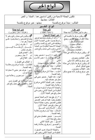 17
‫الخبر‬ ‫و‬ ‫المبتدأ‬ : ‫هما‬ ‫أساسيين‬ ‫ركنين‬ ‫من‬ ‫االسمية‬ ‫الجملة‬ ‫تتكون‬
ُ‫الطالب‬ٌ‫د‬‫مجتــه‬
‫بالضمة‬ ‫مرفوع‬ ‫خبر‬ : ‫مجتهد‬ ‫بالضمة‬ ‫مرفوع‬ ‫مبتدأ‬ : ‫الطالب‬
‫الخــــبر‬ ‫أنواع‬
‫مفرد‬ ‫خـبر‬
‫جملة‬ ‫شبه‬ ‫وال‬ ‫جملة‬ ‫ليس‬ ‫ما‬ ‫وهو‬
‫جملة‬ ‫خـبر‬
) ‫فعلية‬ ، ‫اسمية‬ (
‫جملة‬ ‫شبه‬ ‫خـبر‬
)‫ومجرور‬ ‫جار‬ ، ‫ظرف‬ (
‫فى‬ ‫بالضمة‬ ً‫ا‬‫مرفوع‬ ‫ويكون‬
‫ال‬ ‫وجمع‬ ‫اإلفراد‬ ‫حالة‬‫وجمع‬ ‫تكسير‬
: ‫مثل‬ ‫السالم‬ ‫المؤنث‬
-. ٌ‫محبوب‬ ‫الطالب‬
-. ُ‫ء‬‫سعدا‬ ‫الطالب‬
-. ٌ‫محبوبات‬ ‫الطالبات‬
‫حالة‬ ‫في‬ ‫باأللف‬ ً‫ا‬‫مرفوع‬ ‫ويكون‬
‫المثنى‬
.‫محبوبان‬ ‫الطالبان‬ : ‫مثل‬
‫مثنى‬ ‫ألنه‬ ‫باأللف‬ ‫مرفوع‬ ‫خبر‬
‫وة‬‫و‬‫حال‬ ‫وي‬‫و‬‫ف‬ ‫والواو‬‫و‬‫ب‬ ً‫ا‬‫و‬‫و‬‫مرفوع‬ ‫وون‬‫و‬‫ويك‬
‫الس‬ ‫المذكر‬ ‫جمع‬‫الم‬
. ‫محبوبون‬ ‫الطالب‬ : ‫مثل‬
‫موذكر‬ ‫جموع‬ ‫ألنوه‬ ‫بالواو‬ ‫مرفوع‬ ‫خبر‬
‫سالم‬
‫أ‬-: ‫االسمية‬ ‫الجملة‬ ‫خبر‬
(۱‫ضومير‬ ‫بمبتودئها‬ ‫يتصل‬ ‫أن‬ ‫البد‬ )
‫األول‬ ‫وووودأ‬‫و‬‫المبت‬ ‫ووووى‬‫و‬‫عل‬ ‫ووووود‬‫و‬‫يع‬ ‫ووووط‬‫و‬‫راب‬
‫ووون‬‫و‬‫وتك‬ ‫وودد‬‫و‬‫والع‬ ‫وووع‬‫و‬‫الن‬ ‫ووى‬‫و‬‫ف‬ ‫ووه‬‫و‬‫ويطابق‬
‫ودأ‬‫و‬‫المبت‬ ‫ون‬‫و‬‫م‬ ‫وة‬‫و‬‫المكون‬ ‫ومية‬‫و‬‫االس‬ ‫وة‬‫و‬‫الجمل‬
‫خبوور‬ ‫رفووع‬ ‫محوول‬ ‫فووى‬ ‫وخبووره‬ ‫الثوواني‬
‫للمب‬: ‫األول‬ ‫تدأ‬
+ ‫اسـوـم‬ [ + ‫اسـم‬‫يعوود‬ ‫ضومير‬
‫األول‬ ‫االسووم‬ ‫علووى‬‫لالسووـم‬ ‫خبوور‬ + ]
‫الثاني‬
ٌ‫مهـذب‬ ‫ـه‬ُ‫ـ‬‫أسلوبـ‬ ُ‫الطالب‬ : ‫مثال‬
‫وعالموة‬ ‫مرفوع‬ ‫أول‬ ‫مبتدأ‬ : ‫الطالب‬
. ‫الضمة‬ ‫رفعه‬
‫وعالموة‬ ‫مرفوع‬ ٍ‫ن‬‫ثـا‬ ‫مبتدأ‬ : ‫أسلوب‬
. ‫الضمة‬ ‫رفعه‬
‫مب‬ ‫ضمير‬ .. ‫الغيبة‬ ‫هاء‬ : ‫الهاء‬‫فوي‬ ‫ني‬
. ‫إليه‬ ‫مضاف‬ ‫جر‬ ‫محل‬
‫ووع‬‫و‬‫مرف‬ ‫واني‬‫و‬‫الث‬ ‫ودأ‬‫و‬‫للمبت‬ ‫ور‬‫و‬‫خب‬ : ‫وذب‬‫و‬‫مه‬
. ‫الضمة‬ ‫رفعه‬ ‫وعالمة‬
) ‫وذب‬‫و‬‫مه‬ ‫ولوبه‬‫و‬‫أس‬ ( ‫ومية‬‫و‬‫االس‬ ‫وة‬‫و‬‫والجمل‬
‫فوي‬ ‫وخبوره‬ ‫الثواني‬ ‫المبتدأ‬ ‫من‬ ‫المكونة‬
. ‫األول‬ ‫للمبتدأ‬ ‫خبر‬ ‫رفع‬ ‫محل‬
(۲‫ضمير‬ ‫المبتدأ‬ ‫االسم‬ ‫بعد‬ ‫يقع‬ ‫أو‬ )
‫الضومير‬ ‫خبور‬ ‫ثوم‬ ‫عليوه‬ ‫يعوود‬ ‫منفصل‬
‫ور‬‫و‬‫وخب‬ ‫ومير‬‫و‬‫الض‬ ‫وون‬‫و‬‫فيك‬‫ومية‬‫و‬‫اس‬ ‫وة‬‫و‬‫جمل‬ ‫ه‬
.‫األول‬ ‫المبتدأ‬ ‫خبر‬ ‫رفع‬ ‫محل‬ ‫في‬
ُ‫ق‬‫الحــــــ‬ ‫هــو‬ ُ‫م‬‫اإلسـال‬ : ‫مثال‬
‫وعالموة‬ ‫مرفوع‬ ‫أول‬ ‫مبتدأ‬ : ُ‫م‬‫اإلسال‬
. ‫الضمة‬ ‫رفعه‬
‫في‬ ‫مبني‬ ‫منفصل‬ ‫ضمير‬ : ‫هـــــــــو‬
. ٍ‫ن‬‫ثـا‬ ‫مبتدأ‬ ‫رفع‬ ‫محل‬
‫الثاني‬ ‫للمبتدأ‬ ‫خبر‬ : ُ‫ق‬‫الحـــ‬
‫وعالم‬ ‫مرفوع‬ ) ‫الضمــير‬ (‫رفعوه‬ ‫ة‬
. ‫الضمة‬
) ‫الحــق‬ ‫هـــو‬ ( ‫االسمية‬ ‫والجملة‬
‫في‬ ‫وخبره‬ ‫الثاني‬ ‫المبتدأ‬ ‫من‬ ‫المكونة‬
‫ال‬ ‫وو‬‫و‬‫وه‬ ‫وع‬‫و‬‫رف‬ ‫ول‬‫و‬‫مح‬ ‫وى‬‫و‬‫ف‬ ‫وون‬‫و‬‫ويك‬
‫وووى‬‫و‬‫عل‬ ‫وووود‬‫و‬‫يع‬ ‫رابوووط‬ ‫ووومير‬‫و‬‫لض‬ ‫يحتووواج‬
: ‫إما‬ ‫وهو‬ ‫المبتدأ‬
۱-‫زمان‬ ‫ظـرف‬
‫ووووووووووووووم‬‫و‬‫الي‬ ‫وووووووووووووة‬‫و‬‫الرحل‬ : ‫ووووووووووووول‬‫و‬‫مث‬
-‫مكـان‬ ‫ظـرف‬
‫فوق‬ ‫الجندى‬ : ‫مثل‬
۲-‫ومجرور‬ ‫جار‬
‫فى‬ ‫الفالح‬ : ‫مثل‬
) ‫الفصل‬ ‫في‬ ‫الطالب‬ (
‫مر‬ ‫ووودأ‬‫و‬‫مبت‬ : ُ‫وووب‬‫و‬‫الطال‬‫وووة‬‫و‬‫وعالم‬ ‫ووووع‬‫و‬‫ف‬
. ‫الضمة‬ ‫رفعه‬
‫لوه‬ ‫محول‬ ‫ال‬ ‫مبنوي‬ ‫جور‬ ‫حرف‬ : ‫فـــي‬
.‫اإلعراب‬ ‫من‬
‫جره‬ ‫وعالمة‬ ‫مجرور‬ ‫اسم‬ : ِ‫الفصل‬
. ‫الكسرة‬
‫من‬ ) ‫الفصل‬ ‫في‬ ( ‫الجملة‬ ‫وشبه‬
‫خبر‬ ‫رفع‬ ‫محل‬ ‫في‬ ‫والمجرور‬ ‫الجار‬
. ‫للمبتدأ‬
 