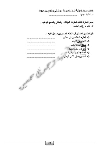 22
‫خاطب‬: ‫بنوعيهما‬ ‫والجمع‬ ‫والمثنى‬ ، ‫المؤنثة‬ ‫المفردة‬ ‫اآلتية‬ ‫بالعبارة‬
‫مجتهد‬ ‫تلميذ‬ َ‫أنت‬............................................
: ‫بنوعيه‬ ‫وللجمع‬ ‫وللمثنى‬ ، ‫المؤنثة‬ ‫للمفردة‬ ‫التالية‬ ‫العبارة‬ ‫اجعل‬
‫الكيمياء‬ ‫فى‬ ‫بارع‬ ‫عالم‬ ‫هو‬............................................
: ‫عليه‬ ‫يدل‬ ‫ما‬ ‫ن‬ّ‫ي‬‫وب‬ ، ‫خط‬ ‫تحته‬ ‫فيما‬ ‫المستتر‬ ‫الضمير‬ ‫ّر‬‫د‬‫ق‬-
‫نحترم‬‫عملهم‬ ‫فى‬ ‫المخلصين‬............................................
‫األم‬‫ترعى‬‫األبناء‬............................................
‫نحقق‬‫بالعمل‬ ‫أهدافنا‬............................................
‫ذاكر‬‫باجتهاد‬ ‫دروسك‬............................................
‫أتصفح‬‫بعناية‬ ‫الجريدة‬............................................
‫الجندى‬‫يحقق‬‫للوطن‬ ‫األمن‬............................................
 
