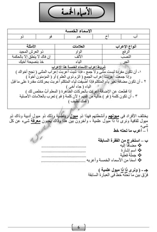 6
‫الخمسة‬ ‫األسماء‬
‫أب‬‫أخ‬‫حم‬‫فو‬‫ذو‬
‫اإلعراب‬ ‫أنواع‬‫العالمات‬‫األمثلة‬
‫الرفع‬‫الواو‬‫المجيد‬ ‫العرش‬ ‫ذو‬
‫النصب‬‫األلف‬‫ال‬ ‫فاك‬ ‫إن‬‫بالحكمة‬ ‫إال‬ ‫ينطق‬
‫الجر‬‫الياء‬‫أخيك‬ ‫بنصيحة‬ ‫خذ‬
‫اإلعراب‬ ‫هذا‬ ‫الخمسة‬ ‫األسماء‬ ‫إعراب‬ ‫شروط‬
۱-) ‫أخواك‬ ‫نجح‬ ( ‫المثنى‬ ‫إعراب‬ ‫أعربت‬ ‫ثنيت‬ ‫فإذا‬ ، ‫جمع‬ ‫وال‬ ‫مثنى‬ ‫ليست‬ ‫مفردة‬ ‫تكون‬ ‫أن‬
) ‫أخوة‬ ‫المؤمنون‬ ( ‫أو‬ ) ‫العلم‬ ‫ذوى‬ ‫الزم‬ ( ‫الجمع‬ ‫إعراب‬ ‫أعربت‬ ‫جمعت‬ ‫وإذا‬
۲-‫لغير‬ ‫مضافة‬ ‫تكون‬ ‫أن‬‫ياء‬‫قبل‬ ‫ما‬ ‫على‬ ‫مقدرة‬ ‫بحركات‬ ‫أعربت‬ ‫المتكلم‬ ‫لياء‬ ‫أضيفت‬ ‫فإذا‬ ‫المتكلم‬
) ‫أخى‬ ‫جاء‬ ( ‫الياء‬
) ‫لك‬ ‫مخلص‬ ٌ‫أب‬ ‫المعلم‬ ( ‫الظاهرة‬ ‫بالحركات‬ ‫أعربت‬ ‫اإلضافة‬ ‫عن‬ ‫قطعت‬ ‫إذا‬
۳-‫األصلية‬ ‫بالعالمات‬ ‫تعرب‬ ) ‫فم‬ ( ‫كلمة‬ ‫ألن‬ ‫؛‬ ‫الميم‬ ‫من‬ ‫خالية‬ ) ‫فو‬ ( ‫كلمة‬ ‫تكون‬ ‫أن‬
) ‫نظيف‬ ‫فمك‬ (
‫يختلف‬‫فى‬ ‫األفراد‬‫ميولهم‬‫ذو‬ ‫فهذا‬ ‫وأنشطتهم‬‫ميول‬‫ذو‬ ‫وذاك‬ ‫أدبية‬ ‫ميول‬ ‫ذو‬ ‫وذلك‬ ‫رياضية‬
‫يحبون‬ ‫وذاك‬ ‫هذا‬ ‫بين‬ ‫وآخرون‬ ، ‫علمية‬ ‫ميول‬ ‫ذا‬ ‫ذا‬ ‫ونرى‬ ‫ثقافية‬ ‫ميول‬‫معرفة‬‫كل‬ ‫عن‬ ‫شىء‬
‫شىء‬
‫أ‬–‫خط‬ ‫تحته‬ ‫ما‬ ‫أعرب‬
‫ب‬–‫السابقة‬ ‫الفقرة‬ ‫من‬ ‫استخرج‬
‫إليه‬ ‫ا‬ً‫ف‬‫مضا‬............................................
‫إشارة‬ ‫اسم‬............................................
‫فعلية‬ ‫جملة‬............................................
‫وأعربه‬ ‫الخمسة‬ ‫األسماء‬ ‫من‬ ‫ا‬ً‫م‬‫اس‬............................................
‫جـ‬-‫ونرى‬ (‫ذا‬‫ذا‬) ‫علمية‬ ‫ميول‬
‫السابقة‬ ‫العبارة‬ ‫فى‬ ‫خط‬ ‫تحته‬ ‫ما‬ ‫بين‬ ‫ّق‬‫ر‬‫ف‬
 