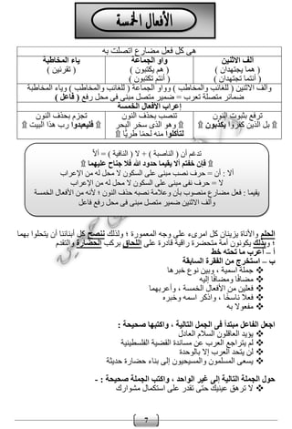 7
‫الحلم‬‫ولذلك‬ ‫؛‬ ‫المعمورة‬ ‫وجه‬ ‫على‬ ‫امرىء‬ ‫كل‬ ‫يزينان‬ ‫واألناة‬‫ننصح‬‫بهما‬ ‫يتحلوا‬ ‫أن‬ ‫أبنائنا‬ ‫كل‬
‫و‬ ‫؛‬‫بذلك‬‫على‬ ‫قادرة‬ ‫راقية‬ ‫متحضرة‬ ‫أمة‬ ‫يكونون‬‫اللحاق‬‫بركب‬‫الحضارة‬‫والتقدم‬
‫أ‬–‫تحت‬ ‫ما‬ ‫أعرب‬‫خط‬ ‫ه‬
‫ب‬–‫السابقة‬ ‫الفقرة‬ ‫من‬ ‫استخرج‬
‫خبرها‬ ‫نوع‬ ‫وبين‬ ، ‫اسمية‬ ‫جملة‬
‫إليه‬ ‫ا‬ً‫ف‬‫ومضا‬ ‫ا‬ً‫ف‬‫مضا‬
‫وأعربهما‬ ، ‫الخمسة‬ ‫األفعال‬ ‫من‬ ‫فعلين‬
‫وخبره‬ ‫اسمه‬ ‫واذكر‬ ، ‫ا‬ً‫خ‬‫ناس‬ ‫فعال‬
‫به‬ ‫مفعوال‬
: ‫صحيحة‬ ‫واكتبها‬ ، ‫التالية‬ ‫الجمل‬ ‫فى‬ ‫مبتدأ‬ ‫الفاعل‬ ‫اجعل‬
‫العادل‬ ‫السالم‬ ‫العاقلون‬ ‫يؤيد‬
‫يترا‬ ‫لم‬‫الفلسطينية‬ ‫القضية‬ ‫مساندة‬ ‫عن‬ ‫العرب‬ ‫جع‬
‫بالوحدة‬ ‫إال‬ ‫العرب‬ ‫يتحد‬ ‫لن‬
‫حديثة‬ ‫حضارة‬ ‫بناء‬ ‫إلى‬ ‫والمسيحيون‬ ‫المسلمون‬ ‫يسعى‬
‫غير‬ ‫إلى‬ ‫التالية‬ ‫الجملة‬ ‫حول‬: ‫صحيحة‬ ‫الجملة‬ ‫واكتب‬ ، ‫الواحد‬-
‫مشوارك‬ ‫استكمال‬ ‫على‬ ‫تقدر‬ ‫حتى‬ ‫عينيك‬ ‫ترهق‬ ‫ال‬
‫به‬ ‫اتصلت‬ ‫مضارع‬ ‫فعل‬ ‫كل‬ ‫هى‬
‫االثنين‬ ‫ألف‬
) ‫يجتهدان‬ ‫هما‬ (
) ‫تجتهدان‬ ‫أنتما‬ (
‫الجماعة‬ ‫واو‬
) ‫يكتبون‬ ‫هم‬ (
) ‫تكتبون‬ ‫أنتم‬ (
‫المخاط‬ ‫ياء‬‫بة‬
) ‫تقرئين‬ (
‫المخاطبة‬ ‫وياء‬ ) ‫والمخاطب‬ ‫للغائب‬ ( ‫الجماعة‬ ‫وواو‬ ) ‫والمخاطب‬ ‫للغائب‬ ( ‫االثنين‬ ‫وألف‬
‫رفع‬ ‫محل‬ ‫فى‬ ‫مبنى‬ ‫متصل‬ ‫ضمير‬ = ‫تعرب‬ ‫متصلة‬ ‫ضمائر‬) ‫فاعل‬ (
‫الخمسة‬ ‫األفعال‬ ‫إعراب‬
‫النون‬ ‫بثبوت‬ ‫ترفع‬
۩‫كفروا‬ ‫الذين‬ ‫بل‬‫يكذبون‬۩
‫النون‬ ‫بحذف‬ ‫تنصب‬
۩‫البح‬ ‫سخر‬ ‫الذى‬ ‫وهو‬‫ر‬
‫لتأكلوا‬‫ا‬ًّ‫ي‬‫طر‬ ‫ا‬ً‫م‬‫لح‬ ‫منه‬۩
‫النون‬ ‫بحذف‬ ‫تجزم‬
۩‫فليعبدوا‬‫البيت‬ ‫هذا‬ ‫رب‬۩
ّ‫ال‬‫أ‬ = ) ‫النافية‬ ( ‫ال‬ + ) ‫الناصبة‬ ( ‫أن‬ ‫تدغم‬
۩‫عليهما‬ ‫جناح‬ ‫فال‬ ‫هللا‬ ‫حدود‬ ‫يقيما‬ ‫أال‬ ‫خفتم‬ ‫فإن‬۩
‫ح‬ = ‫أن‬ : ‫أال‬‫اإلعراب‬ ‫من‬ ‫له‬ ‫محل‬ ‫ال‬ ‫السكون‬ ‫على‬ ‫مبنى‬ ‫نصب‬ ‫رف‬
‫اإلعراب‬ ‫من‬ ‫له‬ ‫محل‬ ‫ال‬ ‫السكون‬ ‫على‬ ‫مبنى‬ ‫نفى‬ ‫حرف‬ = ‫ال‬
‫الخمسة‬ ‫األفعال‬ ‫من‬ ‫ألنه‬ ‫؛‬ ‫النون‬ ‫حذف‬ ‫نصبه‬ ‫وعالمة‬ ‫بأن‬ ‫منصوب‬ ‫مضارع‬ ‫فعل‬ : ‫يقيما‬
‫فاعل‬ ‫رفع‬ ‫محل‬ ‫فى‬ ‫مبنى‬ ‫متصل‬ ‫ضمير‬ ‫االثنين‬ ‫وألف‬
 