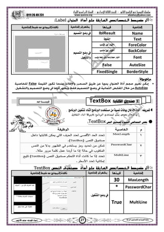 ‫ا‬ ‫ا‬  ‫ا‬ –‫ادي‬‫ا‬ ‫ا‬ –‫ول‬‫ا‬‫را‬‫ا‬ ‫ا‬
0111 26 49 231
27‫س‬‫ا‬  :‫ا‬ ‫اد‬‫إ‬ ‫ا‬‫ا‬  ‫ا‬ ‫ا‬ 
altokhey@yahoo.comwww.quesna.org
‫ﻋﻠﻰ‬ ‫اﻟﺴﺎﺑﻘﺔ‬ ‫اﻟﺨﺼﺎﺋﺺ‬ ‫ﺿﺒﻂ‬ ‫أﺛﺮ‬‫أداة‬‫اﻟﻌﻨﻮان‬Label:
‫ا‬‫أ‬‫ا‬‫ا‬‫ذج‬‫ا‬‫ة‬‫م‬
NamelblResult‫و‬‫ا‬
Text‫ا‬
‫و‬‫ا‬
‫وا‬.
ForeColor‫ر‬‫ا‬‫ن‬
BackColor‫ر‬‫ا‬‫ن‬
Font‫ر‬‫ا‬‫ع‬‫وم‬ ‫و‬‫ا‬.
AutoSizeFalse
BorderStyleFixedSingle
‫ظ‬:
alseF
AutoSize.
:. ‫م‬‫ا‬  ‫ء‬‫أ‬ ‫م‬‫ا‬   ‫م‬ ‫ت‬‫م‬ ‫ل‬‫د‬ ‫أداة‬
‫ا‬ ‫ﺗﻐﻴﻴﺮﻫﺎ‬ ‫اﻟﺒﺮﻧﺎﻣﺞ‬ ‫ﻟﻤﺴﺘﺨﺪم‬ ‫ﻳﻤﻜﻦ‬ ‫ﻧﺼﻮص‬ ‫ادﺧﺎل‬ ‫أي‬‫اﻟﺘﺸﻐﻴﻞ‬ ‫ﺛﻨﺎء‬
‫ا‬ ‫ة‬‫ا‬‫وق‬‫ا‬
‫ﻋﻠﻰ‬ ‫اﻟﺴﺎﺑﻘﺔ‬ ‫اﻟﺨﺼﺎﺋﺺ‬ ‫ﺿﺒﻂ‬ ‫أﺛﺮ‬‫أداة‬‫اﻟﻨﺺ‬ ‫ﺻﻨﺪوق‬T TextBox
‫ا‬‫ا‬ ‫أ‬‫ا‬‫ذج‬‫ا‬‫ة‬‫م‬
MaxLength30
‫و‬‫ا‬.
PasswordChar*
MultiLineTrue
‫ا‬ 
‫ا‬  )٤(‫ا‬ ‫وق‬TextBox
 