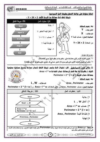 ‫ا‬ ‫ا‬  ‫ا‬ –‫ادي‬‫ا‬ ‫ا‬ –‫ول‬‫ا‬‫را‬‫ا‬ ‫ا‬
0111 26 49 231
4‫س‬‫ا‬  :‫ا‬ ‫اد‬‫إ‬ ‫ا‬‫ا‬  ‫ا‬ ‫ا‬ 
altokhey@yahoo.comwww.quesna.org
‫ا‬ ‫وط‬ ‫ا‬ ‫ا‬  ‫أ‬‫ذ‬‫ا‬ 
‫و‬‫ا‬ ‫ر‬‫ا‬  ‫د‬   Y = 3X + 2:
‫أو‬‫ا‬  :
: ‫ت‬‫ا‬Y
: ‫ت‬‫ا‬X
) ‫ا‬‫ا‬(:Y
Y = 3X + 2
‫ي‬‫ف‬‫ا‬‫ا‬‫ي‬‫د‬‫و‬ ‫وا‬ ‫م‬)‫ج‬(‫د‬‫ا‬.
‫أن‬‫ي‬‫ف‬‫ا‬‫ا‬‫دة‬‫أو‬‫ي‬‫ى‬‫أو‬‫أ‬)‫ت‬(
: ‫ا‬  ‫ل‬  ‫و‬  ‫ب‬ ‫ا‬  ‫وار‬ ‫ا‬ ‫ات‬ ‫ا‬
‫ل‬‫ا‬L‫ض‬‫وا‬W‫د‬ ‫أن‬ ‫ا‬ ‫ا‬ ‫ب‬Area = l * w
‫ا‬ ‫ب‬ ‫د‬‫و‬Perimeter = 2 * (l + w )
: ‫أو‬‫ا‬ 
: ‫ت‬‫ا‬Area , Perimeter: ‫ت‬‫ا‬L , W
) ‫ا‬‫ا‬(:Area , PerimeterArea = l * wPerimeter = 2 * (l + w )
L , W
Area = l * w
Perimeter = 2 * (l + w )
Area , Perimeter
: ‫ﻻﺣﻆ‬Area‫و‬ ، ‫ا‬ ‫ا‬  ‫ا‬  ‫رة‬Perimeter‫ء‬‫ا‬ ‫ه‬ ‫ا‬‫ا‬ ‫ود‬ ، ‫ب‬‫ا‬ ‫ا‬  
.  ‫ا‬ ‫ى‬  ‫ل‬ 
Start
Read L , W
Print Area , Perimeter
Area = l * w
Perimeter = 2 * (l + w )
End
‫اﻟﺘﺪﻓﻖ‬ ‫ﺧﺮﻳﻄﺔ‬ : ‫ﺛﺎﻟﺜﺎ‬ ‫ﺛﺎﻧﻴﺎ‬:‫اﻟﺤﻞ‬ ‫ﺧﻄﻮات‬
 