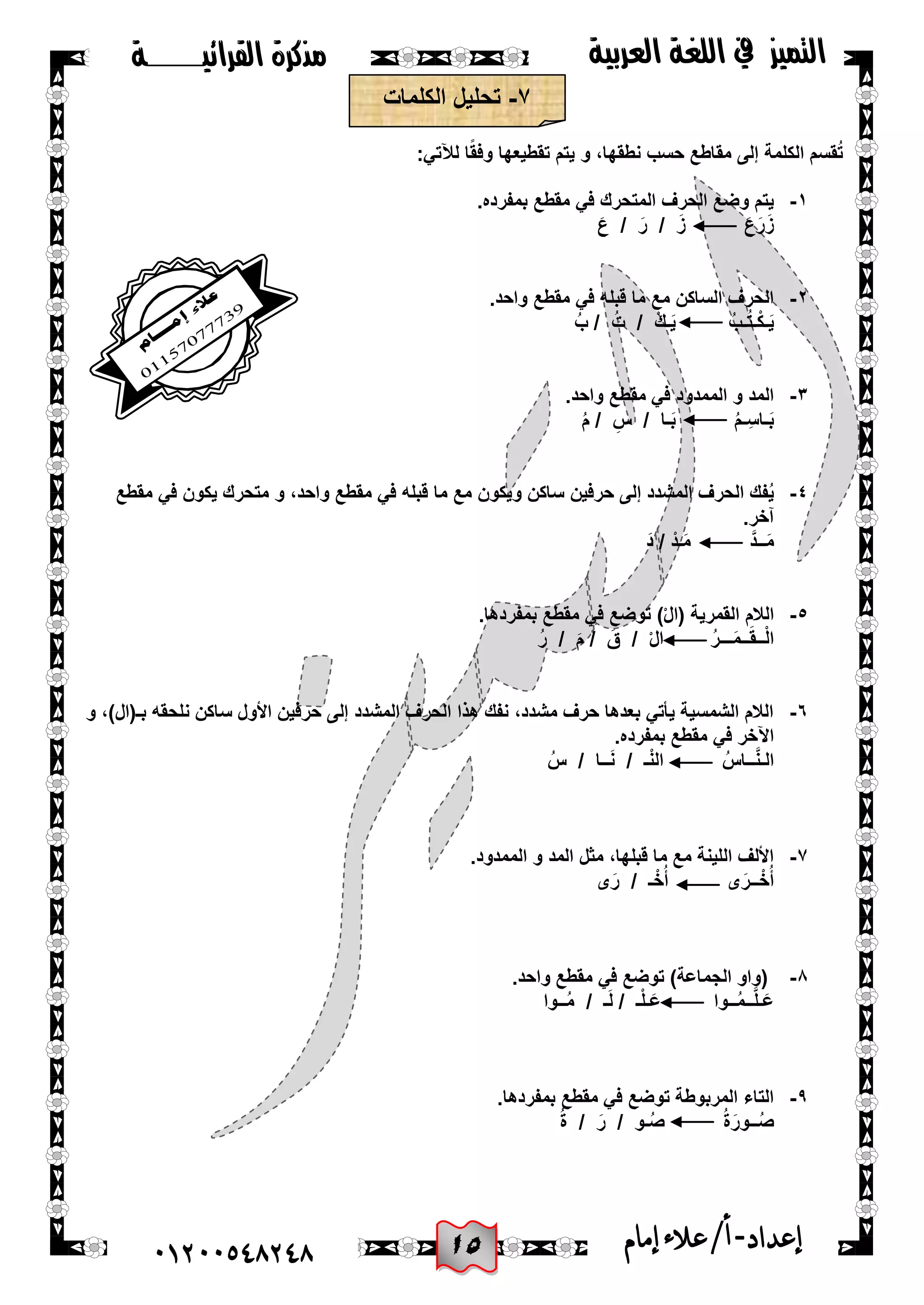 05
‫القرائيـــــــة‬ ‫مذكرة‬ ‫التميز‬‫العربية‬ ‫اللغة‬ ‫يف‬
44244510210 ‫إعد‬‫اد‬-/‫أ‬‫إمام‬‫عالء‬
7-‫الكلمات‬ ‫تحلٌل‬
:ً‫لآلت‬ ‫ا‬ً‫ق‬‫وف‬ ‫تقطٌعها‬ ‫ٌتم‬ ‫و‬ ،‫نطقها‬ ‫حسب‬ ‫مقاطع‬ ‫إلى‬ ‫الكلمة‬ ‫قسم‬ُ‫ت‬
ٔ-‫بمفر‬ ‫مقطع‬ ً‫ف‬ ‫المتحرك‬ ‫الحرف‬ ‫وضع‬ ‫ٌتم‬.‫ده‬
َ‫ع‬ / َ‫ر‬ / َ‫ز‬ َ‫ع‬َ‫ر‬َ‫ز‬
ٕ-.‫واحد‬ ‫مقطع‬ ً‫ف‬ ‫قبله‬ ‫ما‬ ‫مع‬ ‫الساكن‬ ‫الحرف‬
ُ‫ب‬ / ُ‫ت‬ / ْ‫ك‬‫ـ‬ٌَ ُ‫ـب‬ُ‫ت‬‫ـ‬ْ‫ك‬‫ـ‬ٌَ
ٖ-.‫واحد‬ ‫مقطع‬ ً‫ف‬ ‫الممدود‬ ‫و‬ ‫المد‬
ُ‫م‬ / ِ‫س‬ / ‫ـا‬َ‫ب‬ ُ‫م‬‫ـ‬ِ‫ـاس‬َ‫ب‬
ٗ-‫متح‬ ‫و‬ ،‫واحد‬ ‫مقطع‬ ً‫ف‬ ‫قبله‬ ‫ما‬ ‫مع‬ ‫وٌكون‬ ‫ساكن‬ ‫حرفٌن‬ ‫إلى‬ ‫المشدد‬ ‫الحرف‬ ‫فك‬ٌُ‫مقطع‬ ً‫ف‬ ‫ٌكون‬ ‫رك‬
.‫آخر‬
َ‫د‬ / ْ‫َـد‬‫م‬ َّ‫د‬‫ــ‬َ‫م‬
٘-.‫بمفردها‬ ‫مقطع‬ ً‫ف‬ ‫توضع‬ )ْ‫ل‬‫(ا‬ ‫القمرٌة‬ ‫الالم‬
ُ‫ر‬ / َ‫م‬ / َ‫ق‬ / ْ‫ل‬‫ا‬ ُ‫ر‬‫ـــ‬َ‫م‬‫ــ‬َ‫ق‬‫ــ‬ْ‫ل‬‫ا‬
ٙ-‫و‬ ،)‫بـ(ال‬ ‫نلحقه‬ ‫ساكن‬ ‫األول‬ ‫حرفٌن‬ ‫إلى‬ ‫المشدد‬ ‫الحرف‬ ‫هذا‬ ‫نفك‬ ،‫مشدد‬ ‫حرف‬ ‫بعدها‬ ً‫ٌأت‬ ‫الشمسٌة‬ ‫الالم‬
‫بمفرده‬ ‫مقطع‬ ً‫ف‬ ‫اآلخر‬.
ُ‫س‬ / ‫ــا‬َ‫ن‬ / ‫ـ‬ْ‫ن‬‫ال‬ ُ‫ــاس‬َّ‫ن‬‫الـ‬
7-.‫الممدود‬ ‫و‬ ‫المد‬ ‫مثل‬ ،‫قبلها‬ ‫ما‬ ‫مع‬ ‫اللٌنة‬ ‫األلف‬
‫ى‬َ‫ر‬ / ‫ـ‬ْ‫خ‬ُ‫أ‬ ‫ى‬َ‫ــر‬ْ‫خ‬ُ‫أ‬
8-.‫واحد‬ ‫مقطع‬ ً‫ف‬ ‫توضع‬ )‫الجماعة‬ ‫(واو‬
‫ــوا‬ُ‫م‬ / ‫ـ‬َ‫ل‬ / ‫ـ‬ْ‫ل‬‫ـ‬َ‫ع‬ ‫ــوا‬ُ‫م‬‫ــ‬َّ‫ل‬‫ـ‬َ‫ع‬
9-.‫بمفردها‬ ‫مقطع‬ ً‫ف‬ ‫توضع‬ ‫المربوطة‬ ‫التاء‬
‫ــ‬ُ‫ص‬ُ‫ة‬ / َ‫ر‬ / ‫ـو‬ُ‫ص‬ ُ‫ة‬َ‫ور‬
 