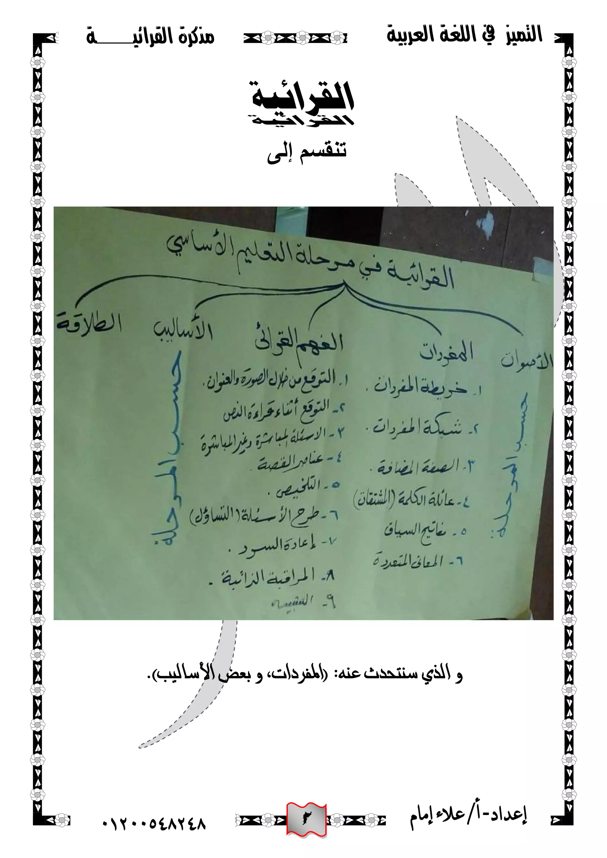 2
‫القرائيـــــــة‬ ‫مذكرة‬ ‫التميز‬‫العربية‬ ‫اللغة‬ ‫يف‬
44244510210 ‫إعد‬‫اد‬-/‫أ‬‫إمام‬‫عالء‬
‫القرائية‬
‫عنه‬ ‫سنتحدث‬ ‫الذي‬ ‫و‬:.)‫األساليب‬ ‫بعض‬ ‫و‬ ،‫(املفردات‬
‫إلى‬ ‫تنقسم‬
 