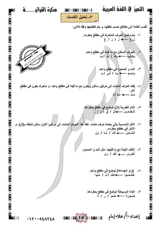 05
‫القرائيـــــــة‬ ‫مذكرة‬ ‫التميز‬‫العربية‬ ‫اللغة‬ ‫يف‬
44244510210 ‫إعد‬‫اد‬-/‫أ‬‫إمام‬‫عالء‬
7-‫الكلمات‬ ‫تحلٌل‬
:ً‫لآلت‬ ‫ا‬ً‫ق‬‫وف‬ ‫تقطٌعها‬ ‫ٌتم‬ ‫و‬ ،‫نطقها‬ ‫حسب‬ ‫مقاطع‬ ‫إلى‬ ‫الكلمة‬ ‫قسم‬ُ‫ت‬
ٔ-‫بمفر‬ ‫مقطع‬ ً‫ف‬ ‫المتحرك‬ ‫الحرف‬ ‫وضع‬ ‫ٌتم‬.‫ده‬
َ‫ع‬ / َ‫ر‬ / َ‫ز‬ َ‫ع‬َ‫ر‬َ‫ز‬
ٕ-.‫واحد‬ ‫مقطع‬ ً‫ف‬ ‫قبله‬ ‫ما‬ ‫مع‬ ‫الساكن‬ ‫الحرف‬
ُ‫ب‬ / ُ‫ت‬ / ْ‫ك‬‫ـ‬ٌَ ُ‫ـب‬ُ‫ت‬‫ـ‬ْ‫ك‬‫ـ‬ٌَ
ٖ-.‫واحد‬ ‫مقطع‬ ً‫ف‬ ‫الممدود‬ ‫و‬ ‫المد‬
ُ‫م‬ / ِ‫س‬ / ‫ـا‬َ‫ب‬ ُ‫م‬‫ـ‬ِ‫ـاس‬َ‫ب‬
ٗ-‫متح‬ ‫و‬ ،‫واحد‬ ‫مقطع‬ ً‫ف‬ ‫قبله‬ ‫ما‬ ‫مع‬ ‫وٌكون‬ ‫ساكن‬ ‫حرفٌن‬ ‫إلى‬ ‫المشدد‬ ‫الحرف‬ ‫فك‬ٌُ‫مقطع‬ ً‫ف‬ ‫ٌكون‬ ‫رك‬
.‫آخر‬
َ‫د‬ / ْ‫َـد‬‫م‬ َّ‫د‬‫ــ‬َ‫م‬
٘-.‫بمفردها‬ ‫مقطع‬ ً‫ف‬ ‫توضع‬ )ْ‫ل‬‫(ا‬ ‫القمرٌة‬ ‫الالم‬
ُ‫ر‬ / َ‫م‬ / َ‫ق‬ / ْ‫ل‬‫ا‬ ُ‫ر‬‫ـــ‬َ‫م‬‫ــ‬َ‫ق‬‫ــ‬ْ‫ل‬‫ا‬
ٙ-‫و‬ ،)‫بـ(ال‬ ‫نلحقه‬ ‫ساكن‬ ‫األول‬ ‫حرفٌن‬ ‫إلى‬ ‫المشدد‬ ‫الحرف‬ ‫هذا‬ ‫نفك‬ ،‫مشدد‬ ‫حرف‬ ‫بعدها‬ ً‫ٌأت‬ ‫الشمسٌة‬ ‫الالم‬
‫بمفرده‬ ‫مقطع‬ ً‫ف‬ ‫اآلخر‬.
ُ‫س‬ / ‫ــا‬َ‫ن‬ / ‫ـ‬ْ‫ن‬‫ال‬ ُ‫ــاس‬َّ‫ن‬‫الـ‬
7-.‫الممدود‬ ‫و‬ ‫المد‬ ‫مثل‬ ،‫قبلها‬ ‫ما‬ ‫مع‬ ‫اللٌنة‬ ‫األلف‬
‫ى‬َ‫ر‬ / ‫ـ‬ْ‫خ‬ُ‫أ‬ ‫ى‬َ‫ــر‬ْ‫خ‬ُ‫أ‬
8-.‫واحد‬ ‫مقطع‬ ً‫ف‬ ‫توضع‬ )‫الجماعة‬ ‫(واو‬
‫ــوا‬ُ‫م‬ / ‫ـ‬َ‫ل‬ / ‫ـ‬ْ‫ل‬‫ـ‬َ‫ع‬ ‫ــوا‬ُ‫م‬‫ــ‬َّ‫ل‬‫ـ‬َ‫ع‬
9-.‫بمفردها‬ ‫مقطع‬ ً‫ف‬ ‫توضع‬ ‫المربوطة‬ ‫التاء‬
‫ــ‬ُ‫ص‬ُ‫ة‬ / َ‫ر‬ / ‫ـو‬ُ‫ص‬ ُ‫ة‬َ‫ور‬
 