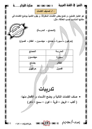 09
‫القرائيـــــــة‬ ‫مذكرة‬ ‫التميز‬‫العربية‬ ‫اللغة‬ ‫يف‬
44244510210 ‫إعد‬‫اد‬-/‫أ‬‫إمام‬‫عالء‬
ٔٓ-‫الكلمات‬ ‫تصنٌف‬
ً‫ف‬ ‫الكلمات‬ ‫بوضع‬ ‫التلمٌذ‬ ‫ٌقوم‬ ‫و‬ ،‫المتفرقة‬ ‫الكلمات‬ ‫بعض‬ ‫نضع‬ ‫و‬ ،‫كلمتٌن‬ ‫اختٌار‬ ‫هو‬
:‫مثل‬ ،‫العالقة‬ ‫حسب‬ ‫المناسب‬ ‫مكانها‬
‫(المصنع‬-)‫المدرسة‬
‫(حرفٌون‬–‫سبورة‬–‫بضائع‬-‫مهندسون‬-‫أطفال‬-)‫فصول‬
‫المدرسة‬‫المصنع‬
‫سبورة‬‫مهندسون‬
‫أطفال‬‫بضائع‬
‫ف‬‫صول‬‫حرفٌون‬
‫تدريبات‬
:‫منيا‬ ‫األفعال‬ ‫و‬ ‫األسماء‬ ‫وضح‬ ‫و‬ ‫التالية‬ ‫الكممات‬ ‫صنف‬
‫أكتب‬ (–‫الرجل‬–‫قرية‬–‫ن‬‫كو‬–‫سمع‬–)‫ذاكر‬
 
