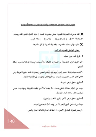 ‫ﻛﻮم‬‫دوت‬‫ﻣﺬﻛﺮة‬
140
‫اﻟﺜﺎﻧﻰ‬‫اﻟﺪرس‬:‫آﺳﻴﺎ‬‫ﻣﻊ‬‫اﻟﺤﻀﺎرى‬‫اﻟﺘﻮاﺻﻞ‬)‫واﻷ‬‫اﻟﻌﺮﺑﻰ‬‫اﻟﺘﻮاﺻﻞ‬‫ﺳﻴﻮى‬(
‫ـﺎ‬‫ﻬ‬‫وﻣﻨ‬ ‫ـﺪﱘ‬‫ﻘ‬‫اﻟ‬ ‫اﻷدﱏ‬ ‫ـﺮق‬‫ﺸ‬‫اﻟ‬ ‫ـﻼد‬‫ﺑ‬ ‫ﰱ‬ ‫ـﺖ‬‫ﻣ‬‫ﻗﺎ‬ ‫ات‬‫ر‬‫ـﺎ‬‫ﻀ‬‫ﺣ‬ ‫ـﺾ‬‫ﻌ‬‫ﺑ‬ ‫اﳌﺼﺮﻳﺔ‬ ‫ﺗﻨﺎ‬‫ر‬‫اﳊﻀﺎ‬ ‫ﻋﺎﺻﺮت‬ ‫ﻟﻘﺪ‬:
‫ﻓﻴﻨﻘﻴﺎ‬ ‫و‬ ‫اق‬‫ﺮ‬‫اﻟﻌ‬ ‫ﺑﻼد‬ ‫ﺣﻀﺎرة‬)‫ﺳﻮر‬.(‫و‬)‫اﻟﻴﻤﻦ‬(‫ﻓﺎرس‬ ‫ﺑﻼد‬ ‫و‬.
‫ﻣﻈﺎﻫﺮﻫﺎ‬ ‫ﻛﻞ‬‫ﰱ‬ ‫اﳌﺼﺮﻳﺔ‬ ‫ﳊﻀﺎرة‬ ‫ات‬‫ر‬‫اﳊﻀﺎ‬ ‫ﺗﻠﻚ‬ ‫وأﺛﺮت‬ ‫ﺛﺮت‬
‫ﻣﻌﺎﺑﺮ‬‫آ‬ ‫ﳓﻮ‬ ‫اﳊﻀﺎرى‬ ‫اﺻﻞ‬‫ﻮ‬‫اﻟﺘ‬‫ﺳﻴﺎ‬
1-‫ﺳﻴﻨﺎء‬ ‫ﺟﺰﻳﺮة‬ ‫ﺷﺒﻪ‬ ‫ﻳﻖ‬‫ﺮ‬‫ﻃ‬:
-‫ـﻴﻨﺎء‬‫ﺴ‬‫ﺑ‬ ً‫ا‬‫ر‬‫ـﺎ‬‫ﻣ‬ ‫ـﺮﻗﻴﺔ‬‫ﺸ‬‫اﻟ‬ ‫اء‬‫ﺮ‬‫ـﺤ‬‫ﺼ‬‫اﻟ‬ ‫ـﻦ‬‫ﻣ‬ ‫ـﺪأ‬‫ﺒ‬‫ﻳ‬ ‫اﻟﺬى‬ ‫اﻟﱪى‬ ‫ﻳﻖ‬‫ﺮ‬‫اﻟﻄ‬ ‫ﻫﻮ‬.‫ـﻼد‬‫ﺑ‬‫و‬ ‫ـﻮر‬‫ﺳ‬‫و‬ ‫ـﺎن‬‫ﻨ‬‫ﻟﺒ‬ ‫إﱃ‬ ‫ـﻪ‬‫ﺠ‬‫ﻳﺘ‬ ‫ﰒ‬
‫اﻟﻨﻬﺮﻳﻦ‬.
-‫ـﻦ‬‫ـ‬‫ﻣ‬‫و‬ ‫ـﺔ‬‫ـ‬‫ﻴ‬‫ﺑ‬‫ﺮ‬‫اﻟﻌ‬ ‫ـﺮة‬‫ـ‬‫ﻳ‬‫ﺰ‬‫اﳉ‬ ‫ـﺒﻪ‬‫ـ‬‫ﺷ‬ ‫ات‬‫ر‬‫ـﺎ‬‫ـ‬‫ﻀ‬‫وﺣ‬ ‫ـﺮ‬‫ـ‬‫ﺼ‬‫ﻣ‬ ‫ـﺎرة‬‫ـ‬‫ﻀ‬‫ﺣ‬ ‫ـﲔ‬‫ـ‬‫ﺑ‬ ‫ﺑﻂ‬‫ﺮ‬‫ـ‬‫ـ‬‫ﻳ‬ ‫ـﺬى‬‫ـ‬‫ﻟ‬‫ا‬ ‫ـﺮ‬‫ـ‬‫ﺴ‬‫اﳉ‬ ‫ـﺔ‬‫ـ‬‫ﺑ‬‫ﲟﺜﺎ‬ ‫ـﻴﻨﺎء‬‫ـ‬‫ﺳ‬ ‫ـﺖ‬‫ـ‬‫ﻧ‬‫ﻛﺎ‬
‫اﳍﲑوﻏ‬ ‫ﻣﻦ‬ ‫ات‬‫ر‬‫إﺷﺎ‬ ‫اﻟﻔﻴﻨﻴﻘﻴﻮن‬ ‫اﻗﺘﺒﺲ‬ ‫أﻫﻠﻬﺎ‬ ‫ﺧﻼل‬‫اﻟﻘﺪﳝﺔ‬ ‫اﻷﲜﺪﻳﺔ‬ ‫إﱃ‬ ‫وﻃﻮروﻫﺎ‬ ‫ﻠﻴﻔﻴﺔ‬.
2-‫اﳌﺘﻮﺳﻂ‬ ‫اﻟﺒﺤﺮ‬ ‫ﺳﺎﺣﻞ‬ ‫ﻳﻖ‬‫ﺮ‬‫ﻃ‬:
-‫ـﻴﻨﺎء‬‫ـ‬‫ﺳ‬ ‫ـﺎﻃﺊ‬‫ـ‬‫ﺷ‬ ‫ـﺎذاة‬‫ـ‬‫ﺤ‬‫ﲟ‬ ‫ـﺪﻟﺘﺎ‬‫ـ‬‫ﻟ‬‫ا‬ ‫ـﻦ‬‫ـ‬‫ﻣ‬ ‫ـﺪأ‬‫ـ‬‫ﺒ‬‫ﻳ‬.-‫ـﻞ‬‫ـ‬‫ﻴ‬‫ﺟﺒ‬ ‫ـﺎء‬‫ـ‬‫ﻨ‬‫ﻣﻴ‬ ‫ـﺎ‬‫ـ‬‫ﻬ‬‫وﻣﻨ‬ ‫ـﺔ‬‫ـ‬‫ﻴ‬‫اﻟﻔﻴﻨﻴﻘ‬ ‫ـﺪن‬‫ـ‬‫ﳌ‬ ً‫ا‬‫ر‬‫ـﺎ‬‫ـ‬‫ﻣ‬ ً‫ﻻ‬‫ـﺎ‬‫ـ‬‫ﴰ‬ ‫ـﻪ‬‫ـ‬‫ﺠ‬‫ﻳﺘ‬ ‫ﰒ‬
)‫ﺑﻴﺒﻠﻮس‬(‫اﳌﺘﻮﺳﻂ‬ ‫اﻟﺒﺤﺮ‬ ‫ﺳﺎﺣﻞ‬ ‫ﻋﻠﻰ‬.
3-‫اﻷﲪﺮ‬ ‫اﻟﺒﺤﺮ‬ ‫ﺳﺎﺣﻞ‬ ‫ﻳﻖ‬‫ﺮ‬‫ﻃ‬)‫واﻟﺒﺨﻮر‬ ‫اﻟﺬﻫﺐ‬ ‫ﻃﺮﻳﻖ‬:(
-‫اﻟﻐﺮﰉ‬ ‫اﻟﺴﺎﺣﻞ‬ ‫ﻣﻦ‬ ‫ﻳﺒﺪأ‬‫اﻷﲪﺮ‬ ‫ﻟﻠﺒﺤﺮ‬.‫ﺳﻴﻨﺎء‬ ‫ﺟﺰﻳﺮة‬ ‫ﺷﺒﻪ‬ ‫ﴰﺎل‬ ‫وﳝﺘﺪ‬.
-‫واﻟﻴﻤﻦ‬ ‫اﳊﺠﺎز‬ ‫ﻟﺒﻼد‬ ‫ﻳﺔ‬‫ر‬‫اﻟﺘﺠﺎ‬ ‫اﶈﻄﺎت‬ ‫ﰱ‬ ‫اﻻﺳﻴﻮى‬ ‫اﻟﺴﺎﺣﻞ‬ ‫اة‬‫ز‬‫ﲟﺤﺎ‬ ‫ﻳﺴﲑ‬ ‫ﰒ‬.
 