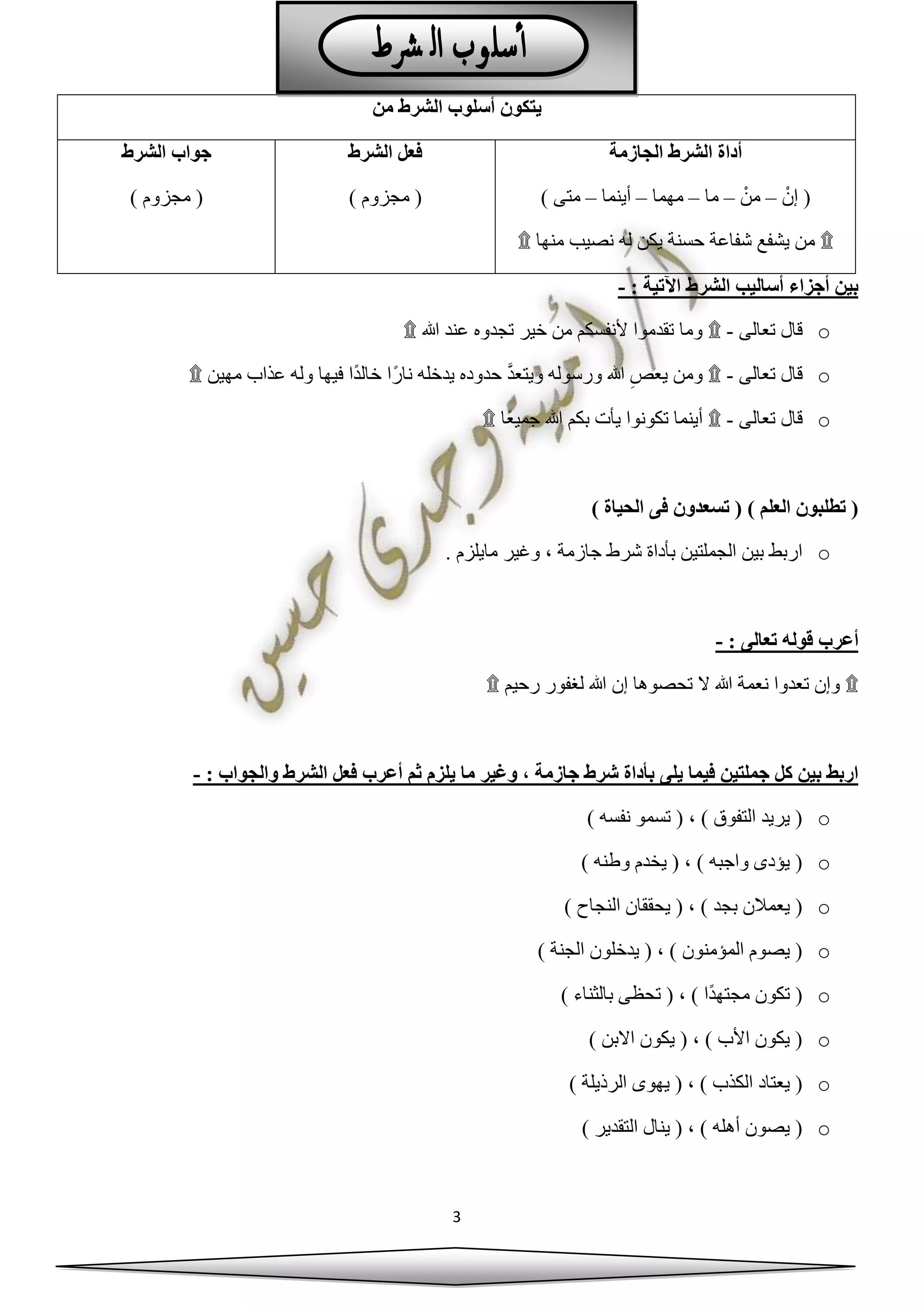 3
‫من‬ ‫الشرط‬ ‫أسلوب‬ ‫يتكون‬
‫الجازمة‬ ‫الشرط‬ ‫أداة‬
ْ‫إن‬ (–ْ‫من‬–‫ما‬–‫مهما‬–‫أينما‬–) ‫متى‬
۩‫منه‬ ‫نصيب‬ ‫له‬ ‫يكن‬ ‫حسنة‬ ‫شفاعة‬ ‫يشفع‬ ‫من‬‫ا‬۩
‫الشرط‬ ‫فعل‬
) ‫مجزوم‬ (
‫الشرط‬ ‫جواب‬
) ‫مجزوم‬ (
: ‫اآلتية‬ ‫الشرط‬ ‫أساليب‬ ‫أجزاء‬ ‫بين‬-
o‫تعالى‬ ‫قال‬-۩‫هللا‬ ‫عند‬ ‫تجدوه‬ ‫خير‬ ‫من‬ ‫ألنفسكم‬ ‫تقدموا‬ ‫وما‬۩
o‫تعالى‬ ‫قال‬-۩‫فيها‬ ‫ًا‬‫د‬‫خال‬ ‫ًا‬‫ر‬‫نا‬ ‫يدخله‬ ‫حدوده‬ َّ‫د‬‫ويتع‬ ‫ورسوله‬ ‫هللا‬ ِ‫يعص‬ ‫ومن‬‫مهين‬ ‫عذاب‬ ‫وله‬۩
o‫تعالى‬ ‫قال‬-۩‫تكونو‬ ‫أينما‬‫ًا‬‫ع‬‫جمي‬ ‫هللا‬ ‫بكم‬ ‫يأت‬ ‫ا‬۩
) ‫الحياة‬ ‫فى‬ ‫تسعدون‬ ( ) ‫العلم‬ ‫تطلبون‬ (
o. ‫مايلزم‬ ‫وغير‬ ، ‫جازمة‬ ‫شرط‬ ‫بأداة‬ ‫الجملتين‬ ‫بين‬ ‫اربط‬
: ‫تعالى‬ ‫قوله‬ ‫أعرب‬-
۩‫رحيم‬ ‫لغفور‬ ‫هللا‬ ‫إن‬ ‫تحصوها‬ ‫ال‬ ‫هللا‬ ‫نعمة‬ ‫تعدوا‬ ‫وإن‬۩
‫أ‬ ‫ثم‬ ‫يلزم‬ ‫ما‬ ‫وغير‬ ، ‫جازمة‬ ‫شرط‬ ‫بأداة‬ ‫يلى‬ ‫فيما‬ ‫جملتين‬ ‫كل‬ ‫بين‬ ‫اربط‬: ‫والجواب‬ ‫الشرط‬ ‫فعل‬ ‫عرب‬-
o) ‫نفسه‬ ‫تسمو‬ ( ، ) ‫التفوق‬ ‫يريد‬ (
o) ‫وطنه‬ ‫يخدم‬ ( ، ) ‫واجبه‬ ‫يؤدى‬ (
o) ‫النجاح‬ ‫يحققان‬ ( ، ) ‫بجد‬ ‫يعمالن‬ (
o) ‫الجنة‬ ‫يدخلون‬ ( ، ) ‫المؤمنون‬ ‫يصوم‬ (
o) ‫بالثناء‬ ‫تحظى‬ ( ، ) ‫ًا‬‫د‬‫مجته‬ ‫تكون‬ (
o) ‫االبن‬ ‫يكون‬ ( ، ) ‫األب‬ ‫يكون‬ (
o‫ي‬ ( ، ) ‫الكذب‬ ‫يعتاد‬ () ‫الرذيلة‬ ‫هوى‬
o) ‫التقدير‬ ‫ينال‬ ( ، ) ‫أهله‬ ‫يصون‬ (
 