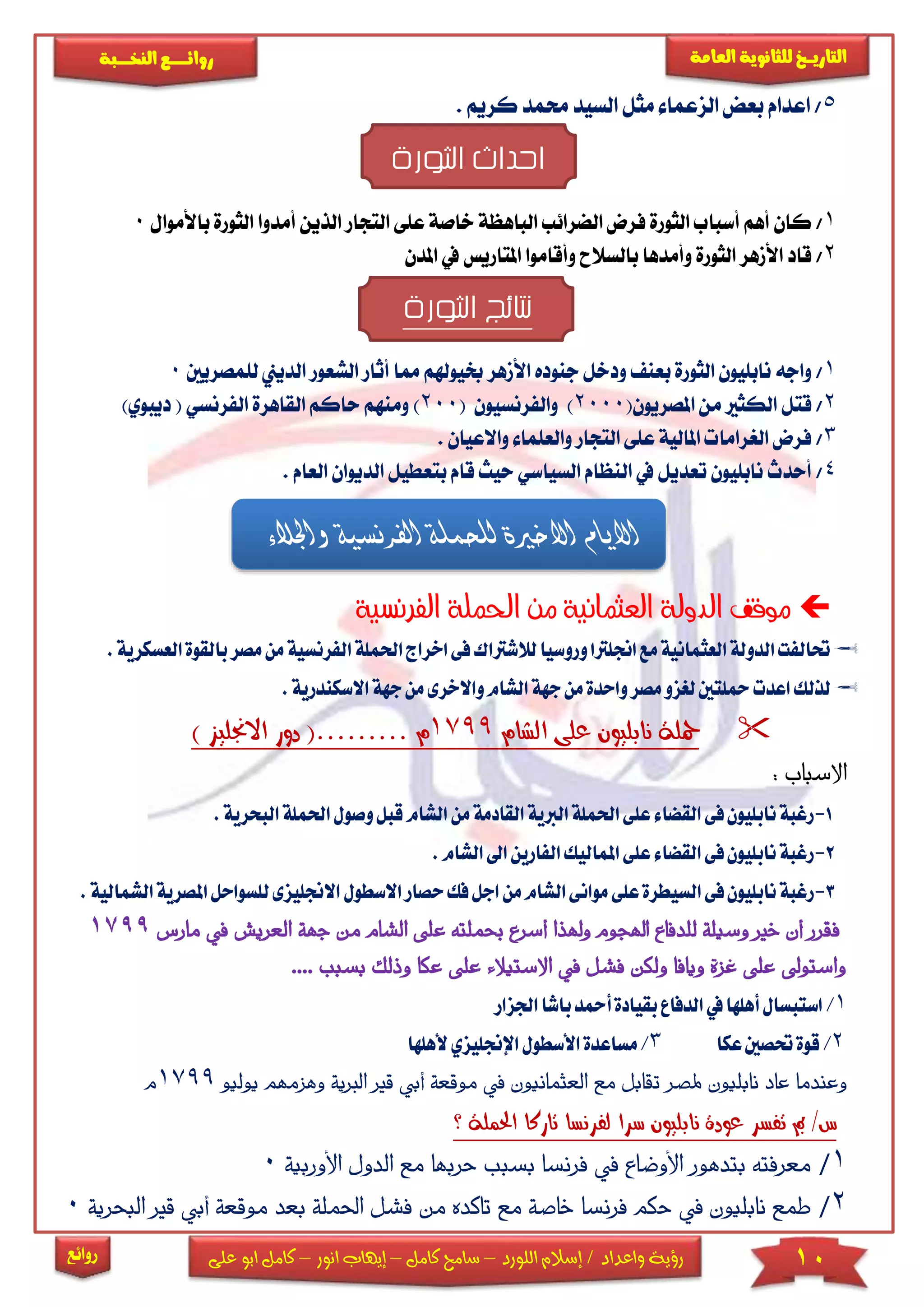 10‫اللورد‬ ‫إسالم‬ / ‫واعداد‬ ‫رؤية‬–‫كامل‬ ‫سامح‬–‫انور‬ ‫إيهاب‬–‫ا‬ ‫كامل‬‫على‬ ‫بو‬
‫التاري‬‫ـــ‬‫العامة‬ ‫للثانوية‬ ‫خ‬‫ـــــبة‬‫ـ‬‫النخ‬ ‫ــع‬‫ـ‬‫ـ‬‫ـ‬‫ـ‬‫ـ‬‫ـ‬‫ئ‬‫روا‬
‫روائع‬
5/. ‫كريم‬ ‫حممد‬ ‫السيد‬ ‫مثل‬ ‫الزعما‬ ‫بعض‬ ‫اعدام‬
‫الثورة‬ ‫احداث‬
1/‫عىى‬ ‫خاصة‬ ‫الباهظة‬ ‫الضرائب‬ ‫فرض‬ ‫الثورة‬ ‫أسباب‬ ‫أهم‬ ‫كان‬‫ا‬‫لتجار‬‫ا‬‫أمدو‬ ‫لذين‬‫باألموال‬ ‫الثورة‬ ‫ا‬0
2/‫املتاريس‬ ‫وأقاموا‬ ‫بالسالح‬ ‫وأمدها‬ ‫الثورة‬ ‫األمهر‬ ‫قاد‬‫يف‬‫املد‬‫ن‬
‫الثورة‬ ‫نتائج‬
1/‫خبيوهلم‬ ‫األمهر‬ ‫جنوده‬ ‫ودخل‬ ‫بعن‬ ‫الثورة‬ ‫نابىيون‬ ‫واجه‬‫أث‬ ‫مما‬‫الشعور‬ ‫ار‬‫لىمصريني‬ ‫الديين‬0
2/‫املصريون‬ ‫من‬ ‫الكثا‬ ‫قتل‬(2000)‫والفرنسيون‬(200)‫ومنهم‬‫ح‬)‫ديبوي‬ ( ‫الفرنسي‬ ‫القاهرة‬ ‫اكم‬
3/‫واالعيان‬ ‫والعىما‬ ‫التجار‬ ‫عىى‬ ‫املالية‬ ‫الريراما‬ ‫فرض‬.
4/‫ال‬ ‫يف‬ ‫تعديل‬ ‫نابىيون‬ ‫أحدث‬‫حيث‬ ‫السياسي‬ ‫نظام‬‫بتعطيل‬ ‫قام‬‫الديو‬‫العام‬ ‫ان‬.
‫العثمانية‬ ‫الدولة‬ ‫موقف‬‫الفرنسية‬ ‫احلملة‬ ‫من‬
‫لالشرت‬‫وروسيا‬‫اجنلرتا‬‫مع‬‫العثمانية‬‫الدولة‬‫حتالفت‬‫اك‬‫ف‬‫اخ‬‫ى‬‫احلمل‬‫راج‬‫مصر‬‫من‬‫الفرنسية‬‫ة‬.‫العسكرية‬‫بالقوة‬
‫اعدت‬‫لذلك‬‫واال‬‫الشام‬‫جهة‬‫من‬‫واحدة‬‫مصر‬‫لغزو‬‫محلتني‬‫خرى‬‫من‬‫ج‬‫ا‬‫هة‬‫السكن‬.‫درية‬
‫الشام‬ ‫على‬ ‫نابليون‬ ‫محلة‬1799‫م‬………(‫دور‬‫اال‬) ‫جنليز‬
: ‫اب‬‫ب‬‫االس‬
1-‫م‬‫القادمة‬‫الربية‬‫احلملة‬‫على‬‫القضاء‬‫فى‬‫نابليون‬‫رغبة‬‫الش‬‫ن‬‫وص‬‫قبل‬‫ام‬‫البحري‬‫احلملة‬‫ول‬.‫ة‬
2-‫ال‬ ‫ا‬‫الفارين‬‫املماليك‬‫على‬‫القضاء‬‫فى‬‫نابليون‬‫رغبة‬.‫شام‬
3-‫ا‬‫من‬‫الشام‬‫موانى‬‫على‬‫السيطرة‬‫فى‬‫نابليون‬‫رغبة‬‫ح‬‫فك‬‫جل‬‫صار‬‫ا‬‫اال‬‫السطول‬‫للسواحل‬‫جنليزى‬‫ا‬‫الشمالية‬‫ملصرية‬.
‫حبم‬ ‫أسرع‬ ‫وهلذا‬ ‫اهلجوم‬ ‫للدفاع‬ ‫وسيلة‬ ‫خري‬ ‫أن‬ ‫فقرر‬‫ع‬ ‫لته‬‫الشام‬ ‫لى‬‫العريش‬ ‫جهة‬ ‫من‬‫مارس‬ ‫يف‬1799
‫على‬ ‫االستيالء‬ ‫يف‬ ‫فشل‬ ‫ولكن‬ ‫ويافا‬ ‫غزة‬ ‫على‬ ‫واستوىل‬‫عكا‬‫و‬‫بسبب‬ ‫ذلك‬....
1/‫باشا‬‫أمحد‬‫بقيادة‬‫الدفاع‬‫يف‬‫أهلها‬‫استبسال‬‫اجلزار‬
2/‫عكا‬‫حتصني‬‫قوة‬3/‫األسطو‬‫مساعدة‬‫ألهلها‬‫اإلجنليزي‬‫ل‬
‫يف‬ ‫العثمانيون‬ ‫مع‬ ‫تقابل‬ ‫ملصر‬ ‫نابليون‬ ‫عاد‬ ‫وعندما‬‫م‬‫وقعة‬‫أ‬‫بي‬‫ا‬ ‫قري‬‫وهزمهم‬ ‫لربية‬‫يو‬‫ليو‬1799‫م‬
‫؟‬ ‫احلملة‬ ‫تاركا‬ ‫لفرنسا‬ ‫سرا‬ ‫نابليون‬ ‫عودة‬ ‫تفسر‬ ‫مب‬ /‫س‬
1/‫بسبب‬ ‫فرنسا‬ ‫يف‬ ‫األوضاع‬ ‫بتدهور‬ ‫معرفته‬‫م‬ ‫حربها‬‫ال‬ ‫ع‬‫األ‬ ‫دول‬‫وربية‬0
2/‫من‬ ‫تأكده‬ ‫مع‬ ‫خاصة‬ ‫فرنسا‬ ‫حكم‬ ‫يف‬ ‫نابليون‬ ‫طمع‬‫ف‬‫احل‬ ‫شل‬‫بع‬ ‫ملة‬‫قري‬ ‫أبي‬ ‫موقعة‬ ‫د‬‫البحرية‬0
‫واجلالء‬ ‫الفرنسية‬ ‫للحملة‬ ‫االخرية‬ ‫االيام‬
 