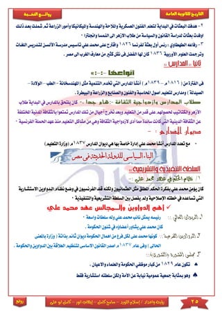 25‫اللورد‬ ‫إسالم‬ / ‫واعداد‬ ‫رؤية‬–‫كامل‬ ‫سامح‬–‫انور‬ ‫إيهاب‬–‫ا‬ ‫كامل‬‫على‬ ‫بو‬
‫التاري‬‫ـــ‬‫العامة‬ ‫للثانوية‬ ‫خ‬‫ـــــبة‬‫ـ‬‫النخ‬ ‫ــع‬‫ـ‬‫ـ‬‫ـ‬‫ـ‬‫ـ‬‫ـ‬‫ئ‬‫روا‬
‫روائع‬
2-‫ه‬‫واملالحة‬‫العسكرية‬‫الفنون‬‫لتعلم‬‫البداية‬‫يف‬‫البعثات‬‫دفت‬‫و‬‫اهلندسة‬‫و‬‫ا‬‫وأمور‬‫امليكانيكا‬‫ذلكك‬‫بعكد‬‫مشلكت‬‫ثم‬‫لزراعة‬
‫ا‬‫لدراسة‬‫بعثات‬‫اوفدت‬‫ا‬‫االزهر‬‫طالب‬‫من‬‫والسياسة‬‫لقانون‬‫ال‬‫واجن‬‫نمسا‬‫لرتا‬0
3-‫الطهط‬‫رفاعه‬‫لفرنسا‬‫بعثة‬‫أول‬‫رئس‬:‫اوي‬1826‫حم‬‫على‬‫واقرتح‬‫ال‬‫لتكدريس‬‫األلسكن‬‫مدرسكة‬‫تأسكيس‬‫علي‬‫مد‬‫لغكات‬
‫األوربية‬‫العلوم‬‫وترمجت‬1836‫كثري‬‫نقل‬‫فى‬‫الفضل‬‫هلا‬‫كان‬‫م‬ ‫ا‬‫الغرب‬‫معارف‬‫من‬.‫صر‬
(‫من‬‫الفرتة‬‫فى‬1816‫م‬–1839)‫م‬‫(املهندسخانة‬‫مثل‬‫التنمية‬‫ختدم‬‫اليت‬‫املدارس‬‫أنشأ‬-‫الطب‬–‫الوالدة‬–
‫الصيدلة‬).‫والبيطرة‬‫والزراعة‬‫والصنايع‬‫والفنون‬‫احملاسبة‬‫اصول‬‫لتعليم‬‫ومدارس‬
‫الثقافة‬ ‫وازدواجية‬ ‫المدارس‬ ‫طالب‬-:‫ه‬‫جدا‬ ‫ام‬:-‫باملد‬‫يلتحق‬‫كان‬‫البدا‬‫يف‬‫ارس‬‫ية‬‫ط‬‫الب‬
‫وبعد‬‫التعليم‬‫من‬‫قدر‬‫على‬‫حلصوهلم‬‫والكتاتيب‬‫األزهر‬‫خت‬‫رج‬‫أ‬‫جيال‬‫ا‬‫تلك‬‫من‬‫بال‬‫متتعوا‬‫ملدارس‬‫املختلفة‬‫املدنية‬‫ثقافة‬
‫الزدوا‬‫أدى‬‫مما‬‫سائدة‬‫كانت‬‫اليت‬‫الدينية‬‫الثقافة‬‫عن‬‫جية‬‫ا‬‫لثقا‬‫من‬‫وهي‬‫فة‬‫من‬‫التعليم‬‫مشاكل‬‫الفرنسية‬‫احلملة‬‫عهد‬‫ذ‬0
: ‫املدارس‬ ‫ديوان‬-
-‫املدارس‬‫تعدد‬‫مع‬‫هي‬‫بها‬‫خاصة‬‫إدارة‬‫علي‬‫حممد‬‫أنشأ‬‫ديوان‬‫املدارس‬1837‫م‬‫التعل‬‫(وزارة‬)‫يم‬
‫مصر‬ ‫فى‬ ‫احلديثة‬ ‫للدولة‬ ‫السياسى‬ ‫البناء‬
1/: ‫علي‬ ‫حممد‬ ‫عهد‬ ‫يف‬ ‫احلكم‬ ‫نظام‬-
‫العثمانيون‬‫مثل‬‫املطلق‬‫احلكم‬‫بفكرة‬‫علي‬‫حممد‬‫يؤمن‬‫كان‬‫ولكن‬‫الف‬‫قلد‬‫ه‬‫نظكا‬‫وضكع‬‫يف‬‫رنسيون‬‫االستشكارية‬‫الكدواوين‬‫م‬
‫ا‬‫السلطة‬‫بني‬‫يفصل‬‫ومل‬‫اإلصالحية‬‫خطته‬‫يف‬‫تساعده‬‫اليت‬‫لتشري‬‫والتن‬‫عية‬‫فيذية‬0
‫ال‬ ‫أهم‬‫علي‬ ‫محمد‬ ‫عهد‬ ‫والـمجالس‬ ‫دواوين‬
1-:: ‫العالي‬ ‫الديوان‬‫رئ‬‫سلطات‬‫وله‬‫علي‬‫حممد‬‫نائب‬‫ميثل‬‫يسه‬‫و‬‫اسعة‬0
‫ك‬.‫احلكومة‬‫شئون‬‫يف‬‫أعضاؤه‬‫يشاور‬‫علي‬‫حممد‬‫ان‬
2-‫الفرعية‬ ‫الدواوين‬::‫كونها‬‫اه‬‫من‬‫فرع‬‫لكل‬‫على‬‫حممد‬‫ا‬‫مال‬‫دي‬‫حلكومة‬(‫بذاتة‬‫ثائم‬‫وان‬‫باملعنى‬‫وزارة‬
‫ا‬‫عام‬‫وفى‬) ‫حلا‬1837‫ال‬‫لتنظيم‬‫االساسى‬‫القانون‬‫اصدر‬‫م‬‫ب‬‫عالقة‬‫ني‬‫ا‬‫و‬‫لدواوين‬.‫احلكومة‬
3-‫(الشورى‬ ‫املشورة‬ ‫جملس‬::)
‫عام‬‫تكون‬1829‫واال‬‫والعلماء‬‫احلكومة‬‫موظفي‬‫كبار‬‫من‬.‫عيان‬
‫سلط‬‫ولكن‬‫األمة‬‫عن‬‫نيابة‬‫عمومية‬‫مجعية‬‫مبثابة‬‫وهو‬‫است‬‫ته‬‫فق‬‫شارية‬‫ط‬
 