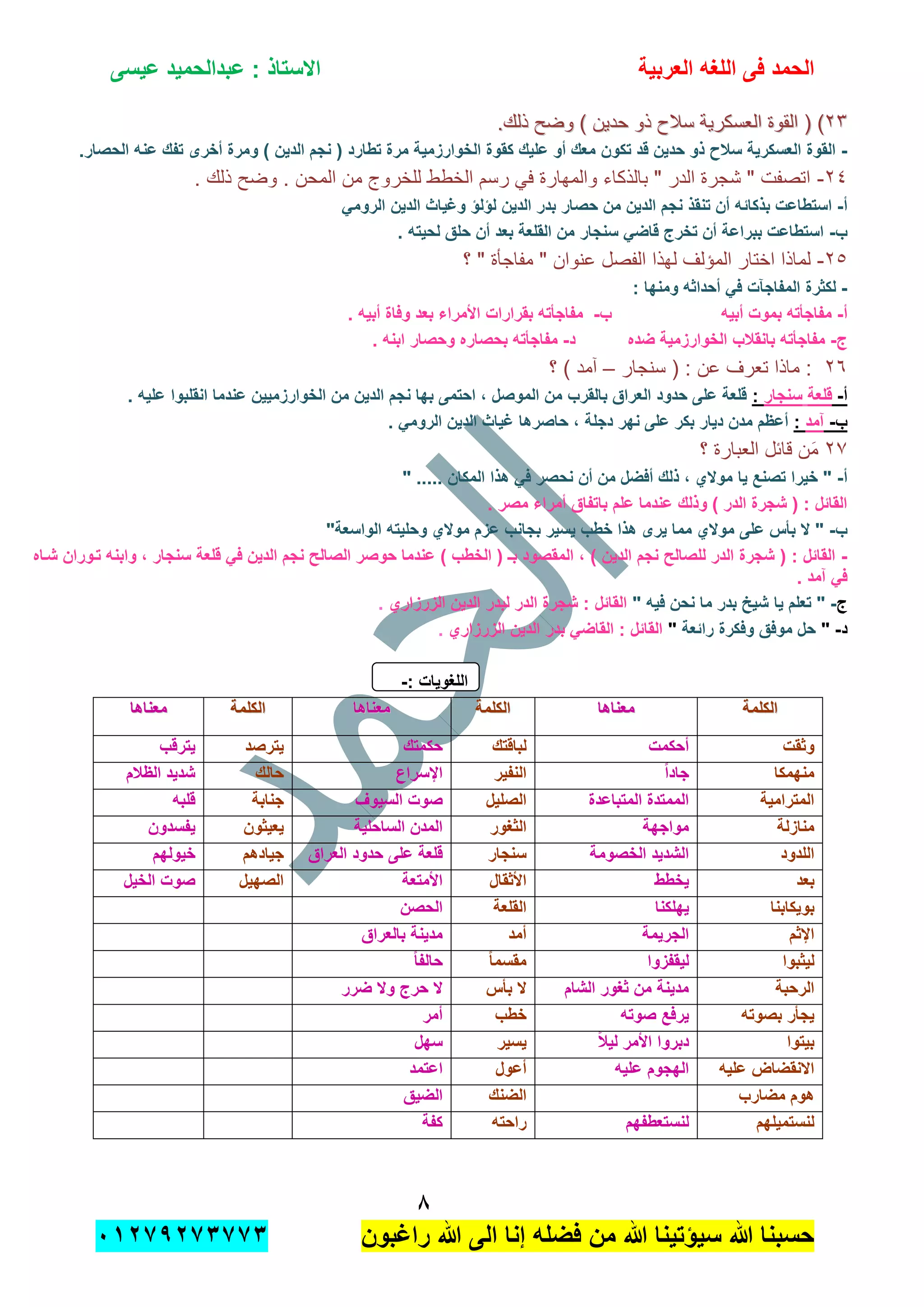 ‫الحمد‬‫العربٌة‬ ‫اللؽه‬ ‫فى‬‫عٌسى‬ ‫عبدالحمٌد‬ : ‫االستاذ‬
8
‫راؼبون‬ ‫هللا‬ ‫الى‬ ‫إنا‬ ‫فضله‬ ‫من‬ ‫هللا‬ ‫سٌإتٌنا‬ ‫هللا‬ ‫حسبنا‬ٕٓٔ17ٕ1ٖ11ٖ
ٕٖٕٖ‫ذو‬ ‫سالح‬ ‫العسكرٌة‬ ‫القوة‬ ( )‫ذو‬ ‫سالح‬ ‫العسكرٌة‬ ‫القوة‬ ( ).‫ذلك‬ ‫وضح‬ ) ‫حدٌن‬.‫ذلك‬ ‫وضح‬ ) ‫حدٌن‬
-.‫الحصار‬ ‫عنه‬ ‫تفك‬ ‫أخرى‬ ‫ومرة‬ ) ‫الدٌن‬ ‫نجم‬ ( ‫تطارد‬ ‫مرة‬ ‫الخوارزمٌة‬ ‫كقوة‬ ‫علٌك‬ ‫أو‬ ‫معك‬ ‫تكون‬ ‫قد‬ ‫حدٌن‬ ‫ذو‬ ‫سالح‬ ‫العسكرٌة‬ ‫القوة‬
ٕٗ-. ‫ذلك‬ ‫وضح‬ . ‫المحن‬ ‫من‬ ‫للخروج‬ ‫الخطط‬ ‫رسم‬ ً‫ف‬ ‫والمهارة‬ ‫بالذكاء‬ " ‫الدر‬ ‫شجرة‬ " ‫اتصفت‬
‫أ‬-‫حص‬ ‫من‬ ‫الدٌن‬ ‫نجم‬ ‫تنقذ‬ ‫أن‬ ‫بذكابه‬ ‫استطاعت‬ً‫الروم‬ ‫الدٌن‬ ‫وؼٌاث‬ ‫لإلإ‬ ‫الدٌن‬ ‫بدر‬ ‫ار‬
‫ب‬-. ‫لحٌته‬ ‫حلق‬ ‫أن‬ ‫بعد‬ ‫القلعة‬ ‫من‬ ‫سنجار‬ ً‫قاض‬ ‫تخرج‬ ‫أن‬ ‫ببراعة‬ ‫استطاعت‬
ٕ٘-‫؟‬ " ‫مفاجؤة‬ " ‫عنوان‬ ‫الفصل‬ ‫لهذا‬ ‫المإلف‬ ‫اختار‬ ‫لماذا‬
-: ‫ومنها‬ ‫أحداثه‬ ً‫ف‬ ‫المفاجآت‬ ‫لكثرة‬
‫أ‬-‫ب‬ ‫أبٌه‬ ‫بموت‬ ‫مفاجؤته‬-‫بقرارات‬ ‫مفاجؤته‬. ‫أبٌه‬ ‫وفاة‬ ‫بعد‬ ‫األمراء‬
‫ج‬-‫د‬ ‫ضده‬ ‫الخوارزمٌة‬ ‫بانقالب‬ ‫مفاجؤته‬-. ‫ابنه‬ ‫وحصار‬ ‫بحصاره‬ ‫مفاجؤته‬
ٕٙ‫سنجار‬ ( : ‫عن‬ ‫تعرف‬ ‫ماذا‬ :–‫؟‬ ) ‫آمد‬
‫أ‬-‫قلعة‬‫سنجار‬:. ‫علٌه‬ ‫انقلبوا‬ ‫عندما‬ ‫الخوارزمٌٌن‬ ‫من‬ ‫الدٌن‬ ‫نجم‬ ‫بها‬ ‫احتمى‬ ، ‫الموصل‬ ‫من‬ ‫بالقرب‬ ‫العراق‬ ‫حدود‬ ‫على‬ ‫قلعة‬
‫ب‬-‫آمد‬:. ً‫الروم‬ ‫الدٌن‬ ‫ؼٌاث‬ ‫حاصرها‬ ، ‫دجلة‬ ‫نهر‬ ‫على‬ ‫بكر‬ ‫دٌار‬ ‫مدن‬ ‫أعظم‬
ٕ7‫؟‬ ‫العبارة‬ ‫قابل‬ ‫ن‬َ‫م‬
‫أ‬-" ..... ‫المكان‬ ‫هذا‬ ً‫ف‬ ‫نحصر‬ ‫أن‬ ‫من‬ ‫أفضل‬ ‫ذلك‬ ، ‫موالي‬ ‫ٌا‬ ‫تصنع‬ ‫خٌرا‬ "
. ‫مصر‬ ‫أمراء‬ ‫باتفاق‬ ‫علم‬ ‫عندما‬ ‫وذلك‬ ) ‫الدر‬ ‫شجرة‬ ( : ‫القابل‬
‫ب‬-‫خطب‬ ‫هذا‬ ‫ٌرى‬ ‫مما‬ ‫موالي‬ ‫على‬ ‫بؤس‬ ‫ال‬ ""‫الواسعة‬ ‫وحلٌته‬ ‫موالي‬ ‫عزم‬ ‫بجانب‬ ‫ٌسٌر‬
-‫شداه‬ ‫تدوران‬ ‫وابنه‬ ، ‫سنجار‬ ‫قلعة‬ ً‫ف‬ ‫الدٌن‬ ‫نجم‬ ‫الصالح‬ ‫حوصر‬ ‫عندما‬ ) ‫الخطب‬ ( ‫بـ‬ ‫المقصود‬ ، ) ‫الدٌن‬ ‫نجم‬ ‫للصالح‬ ‫الدر‬ ‫شجرة‬ ( : ‫القابل‬
. ‫آمد‬ ً‫ف‬
‫ج‬-" ‫فٌه‬ ‫نحن‬ ‫ما‬ ‫بدر‬ ‫شٌخ‬ ‫ٌا‬ ‫تعلم‬ "‫الزرزاري‬ ‫الدٌن‬ ‫لبدر‬ ‫الدر‬ ‫شجرة‬ : ‫القابل‬.
‫د‬-"‫ح‬‫رابعة‬ ‫وفكرة‬ ‫موفق‬ ‫ل‬"‫الزرزاري‬ ‫الدٌن‬ ‫بدر‬ ً‫القاض‬ : ‫القابل‬.
: ‫اللؽوٌات‬-
‫الكلمة‬‫الكلمة‬‫معناها‬‫معناها‬‫الكلمة‬‫الكلمة‬‫معناها‬‫معناها‬‫الكلمة‬‫الكلمة‬‫معناها‬‫معناها‬
‫وثقت‬‫أحكمت‬‫لباقتك‬‫حكمتك‬‫ٌترصد‬‫ٌترقب‬
‫منهمكا‬ً‫ا‬‫جاد‬‫النفٌر‬‫اإلسراع‬‫حالك‬‫الظالم‬ ‫شدٌد‬
‫المترامٌة‬‫المتباعدة‬ ‫الممتدة‬‫الصلٌل‬‫السٌوؾ‬ ‫صوت‬‫جنابة‬‫قلبه‬
‫منازلة‬‫مواجهة‬‫الثؽور‬‫الساحلٌة‬ ‫المدن‬‫ٌعٌثون‬‫ٌفسدون‬
‫اللدود‬‫الخصومة‬ ‫الشدٌد‬‫سنجار‬‫العراق‬ ‫حدود‬ ‫على‬ ‫قلعة‬‫جٌادهم‬‫خٌولهم‬
‫بعد‬‫ٌخطط‬‫األثقال‬‫األمتعة‬‫الصهٌل‬‫الخٌل‬ ‫صوت‬
‫بوٌكابنا‬‫ٌهلكنا‬‫القلعة‬‫الحصن‬
‫اإلثم‬‫الجرٌمة‬‫أمد‬‫بالعراق‬ ‫مدٌنة‬
‫لٌثبوا‬‫لٌقفزوا‬ً‫ا‬‫مقسم‬ً‫ا‬‫حالف‬
‫الرحبة‬‫الشام‬ ‫ثؽور‬ ‫من‬ ‫مدٌنة‬‫بؤس‬ ‫ال‬‫ضرر‬ ‫وال‬ ‫حرج‬ ‫ال‬
‫بصوته‬ ‫ٌجؤر‬‫صوته‬ ‫ٌرفع‬‫خطب‬‫أمر‬
‫بٌتوا‬ً‫ال‬ٌ‫ل‬ ‫األمر‬ ‫دبروا‬‫ٌسٌر‬‫سهل‬
‫علٌه‬ ‫االنقضاض‬‫علٌه‬ ‫الهجوم‬‫أعول‬‫اعتمد‬
‫مضارب‬ ‫هوم‬‫الضنك‬‫الضٌق‬
‫لنستمٌلهم‬‫لنستعطفهم‬‫راحته‬‫كفة‬
 