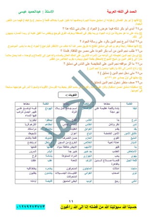 ‫الحمد‬‫العربٌة‬ ‫اللؽه‬ ‫فى‬‫عٌسى‬ ‫عبدالحمٌد‬ : ‫االستاذ‬
ٔٔ
‫راؼبون‬ ‫هللا‬ ‫الى‬ ‫إنا‬ ‫فضله‬ ‫من‬ ‫هللا‬ ‫سٌإتٌنا‬ ‫هللا‬ ‫حسبنا‬ٕٓٔ17ٕ1ٖ11ٖ
‫الثؽدور‬ ‫مدن‬ ‫فهمدا‬ ) ‫كٌفدا‬ (‫و‬ ) ‫سدنجار‬ ( ‫قلعدة‬ ‫بخدالؾ‬ ‫كبٌدرة‬ ‫نفدوز‬ ‫لده‬ ‫وحاكمهدا‬ ‫كبٌدرة‬ ‫مدٌندة‬ ‫دمشدق‬ ‫أن‬ ‫بقولده‬ ) ‫القمداش‬ ‫بكر‬ ‫أبو‬ ( ‫قالها‬ )‫ج‬
.‫البعٌدة‬
‫س‬‫س‬ٕٕٗٗ‫؟‬ ‫هذا‬ ‫شكه‬ ً‫بن‬ ‫عالم‬ .) ‫الجواد‬ ( ‫عرض‬ ‫فٌما‬ ‫شكه‬ ‫بكر‬ ‫أبو‬ ‫أبدى‬‫؟‬ ‫هذا‬ ‫شكه‬ ً‫بن‬ ‫عالم‬ .) ‫الجواد‬ ( ‫عرض‬ ‫فٌما‬ ‫شكه‬ ‫بكر‬ ‫أبو‬ ‫أبدى‬
‫ف‬ ‫ٌفكر‬ ‫وربما‬ ‫الجواد‬ ‫تردد‬ ‫من‬ ً‫ا‬‫معروف‬ ‫هو‬ ‫ما‬ ‫على‬ ‫بناء‬ )‫ج‬‫ٌنبهدون‬ ‫أنصداره‬ ‫ربمدا‬ ‫أو‬ ‫علٌده‬ ‫أتفدق‬ ‫مدا‬ ‫وٌنقض‬ ‫فٌرجع‬ ‫الفرق‬ ‫وبعرؾ‬ ‫الصفقة‬ ً
‫إلى‬.‫ذلك‬
‫س‬‫س‬ٕٕ٘٘‫؟‬ ‫الجواد‬ ‫رسالة‬ ‫على‬ ‫بالرد‬ ‫الدٌن‬ ‫نجم‬ ‫أسرع‬ ‫لماذا‬‫؟‬ ‫الجواد‬ ‫رسالة‬ ‫على‬ ‫بالرد‬ ‫الدٌن‬ ‫نجم‬ ‫أسرع‬ ‫لماذا‬
.‫الموضوع‬ ‫ٌتدبر‬ ‫ما‬ ‫بعد‬ ) ‫الجواد‬ ( ‫فٌتراجع‬ ‫االنتظار‬ ‫من‬ ‫خاؾ‬ ‫أنه‬ ‫كما‬ ‫مصر‬ ‫طرٌق‬ ‫له‬ ‫لتفتح‬ ‫دمشق‬ ً‫ف‬ ‫ٌرؼب‬ ‫وهو‬ ‫رابحة‬ ‫صفقة‬ ‫ألنها‬ )‫ج‬
‫س‬‫س‬ٕٕٙٙ‫طلب‬‫طلب‬‫؟‬ ‫فلماذا‬ .‫القافلة‬ ‫مع‬ ‫مصر‬ ‫على‬ ‫العودة‬ ‫بكر‬ ‫أب‬ ‫من‬ ‫الدٌن‬ ‫نجم‬‫؟‬ ‫فلماذا‬ .‫القافلة‬ ‫مع‬ ‫مصر‬ ‫على‬ ‫العودة‬ ‫بكر‬ ‫أب‬ ‫من‬ ‫الدٌن‬ ‫نجم‬
‫والوحدة‬ ‫اإلصالح‬ ‫إلى‬ ‫والداعٌن‬ ‫وفساده‬ ‫العادل‬ ‫الملك‬ ‫على‬ ‫الثابرٌن‬ ‫األمراء‬ ‫من‬ ‫أتباعه‬ ‫إلى‬ ‫تعلٌماته‬ ‫الدٌن‬ ‫نجم‬ ‫لٌرسل‬ )‫ج‬–ً‫ا‬‫مالمد‬ ‫ٌحمل‬ ‫كما‬
‫ا‬ ‫بقرب‬ ‫وٌبشره‬ ‫الجبل‬ ‫بقلعة‬ ‫)المعتقل‬ ‫الشٌوخ‬ ‫شٌخ‬ ‫بن‬ ‫الدٌن‬ ‫فخر‬ ( ‫إلى‬ ً‫ا‬‫حار‬.‫الظلم‬ ‫من‬ ‫لخالص‬
‫س‬‫س‬ٕ7ٕ7‫؟‬ ‫دمشق‬ ً‫ف‬ ‫الناس‬ ‫على‬ ‫المقاٌضة‬ ‫على‬ ‫الدٌن‬ ‫نجم‬ ‫مواقفه‬ ‫أثر‬ ‫ما‬‫؟‬ ‫دمشق‬ ً‫ف‬ ‫الناس‬ ‫على‬ ‫المقاٌضة‬ ‫على‬ ‫الدٌن‬ ‫نجم‬ ‫مواقفه‬ ‫أثر‬ ‫ما‬
) ‫الدٌن‬ ‫نجم‬ ( ‫وصول‬ ‫وارتقبوا‬ ‫ذلك‬ ‫إلى‬ ‫الناس‬ ‫ارتاح‬ )‫ج‬
‫س‬‫س‬ٕ8ٕ8‫؟‬ ) ‫دمشق‬ ( ‫الدٌن‬ ‫نجم‬ ‫دخل‬ ‫متى‬‫؟‬ ) ‫دمشق‬ ( ‫الدٌن‬ ‫نجم‬ ‫دخل‬ ‫متى‬
‫عام‬ ‫جمادي‬ ‫أول‬ ً‫ف‬ ‫دخلها‬ )‫ج‬ٖٙٙ‫هـ‬
‫س‬‫س‬ٕ9ٕ9‫؟‬ ‫لدمشق‬ ‫الدٌن‬ ‫نجم‬ ‫دخول‬ ‫منظر‬ ‫صف‬‫؟‬ ‫لدمشق‬ ‫الدٌن‬ ‫نجم‬ ‫دخول‬ ‫منظر‬ ‫صف‬
‫است‬ ‫أحسن‬ ‫دمشق‬ ‫استقبلته‬ )‫ج‬‫سدابحة‬ ‫هودجهدا‬ ً‫فد‬ ‫الددر‬ ‫وشدجرة‬ ‫األقوٌداء‬ ‫الفرسدان‬ ‫بده‬ ‫ٌحٌط‬ ‫الثؽر‬ ‫باسم‬ ‫الرأس‬ ‫رافع‬ ‫فرسه‬ ‫على‬ ‫وكان‬ ‫قبال‬
.‫أحومها‬ ً‫ف‬
: ‫اللؽوٌات‬: ‫اللؽوٌات‬--
‫الكلمة‬‫الكلمة‬‫معناها‬‫معناها‬‫الكلمة‬‫الكلمة‬‫معناها‬‫معناها‬‫الكلمة‬‫الكلمة‬‫معناها‬‫معناها‬
‫كٌفا‬‫دى‬‫د‬‫عل‬ ‫دة‬‫د‬‫عظٌم‬ ‫دة‬‫د‬‫وقلع‬ ‫ددة‬‫د‬‫بل‬
‫دجلة‬ ‫نهر‬
‫التركستان‬‫ددالد‬‫د‬‫ب‬ ‫ددل‬‫د‬‫لك‬ ‫ددامع‬‫د‬‫ج‬ ‫ددم‬‫د‬‫اس‬
‫الترك‬
‫الهودج‬‫علددددى‬ ‫توضددددع‬ ‫ددده‬‫د‬‫قب‬
‫الج‬ ‫در‬‫د‬‫ظه‬‫دب‬‫د‬‫لترك‬ ‫دل‬‫د‬‫م‬
‫النساء‬ ‫فٌها‬
‫شرع‬‫بدأ‬‫الكؤس‬‫القدح‬‫لٌحظوا‬‫لٌفوزوا‬
‫تدبر‬‫وتؤمل‬ ‫نظر‬‫الطؤس‬‫نحاس‬ ‫من‬ ‫إناء‬‫أحظاهم‬ً‫ا‬‫قرب‬ ‫أكثرهم‬
‫ٌفد‬‫ٌقدم‬‫العوابق‬‫العقبات‬‫مكاتبتك‬‫مراسلتك‬
‫األمور‬ ‫دقابق‬‫الؽامضة‬ ‫األمور‬‫اتباع‬‫أعوان‬‫حثك‬‫تشجٌعك‬
‫المنٌع‬‫القوي‬‫الحازم‬‫التصرؾ‬ ‫حسن‬‫الشوبك‬‫قلعة‬‫بالشام‬
‫الدٌنار‬‫ذهبٌة‬ ‫عملة‬‫الخالص‬‫السجن‬ ‫من‬ ‫الخروج‬‫ٌنطل‬ ‫لم‬‫ٌنخدع‬ ‫لم‬
‫بدا‬‫ظهر‬‫األشهب‬‫سواد‬ ‫خالطة‬ ‫االبٌض‬‫فضها‬‫فتحها‬
‫االمتعاض‬‫الؽضب‬‫خبٌر‬ ‫جد‬ً‫ا‬‫جد‬ ‫خبٌر‬‫البشر‬‫السرور‬
‫ٌهوي‬‫ٌحب‬‫الجواري‬‫المملوكة‬ ‫المراه‬‫بشاشة‬‫فرح‬
‫الجبل‬ ‫قلعة‬‫دددددددٌن‬‫د‬‫ال‬ ‫ددددددالح‬‫د‬‫ص‬ ‫ددددددة‬‫د‬‫قلع‬
‫بالقاهرة‬
‫الترؾ‬‫النعمة‬‫عقب‬‫علقت‬
‫ماجت‬‫امتات‬‫الماجنون‬‫المنحرفون‬‫ٌخامره‬‫قلبه‬ ‫ٌخلط‬
‫ذوي‬‫أصحاب‬ً‫الؽوان‬‫ددددددٌالت‬‫د‬‫الجم‬ ‫ددددددات‬‫د‬ٌ‫الفت‬
‫المنحرفات‬
‫ٌنشدون‬‫ٌطلبون‬
ً‫انثن‬‫رجع‬‫الوبٌد‬‫المتمهل‬ ‫البطا‬‫أقاٌضة‬‫أباءله‬
 