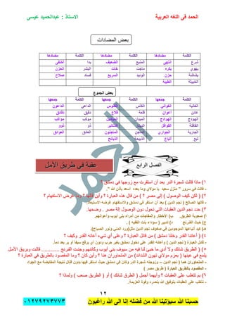 ‫الحمد‬‫العربٌة‬ ‫اللؽه‬ ‫فى‬‫عٌسى‬ ‫عبدالحمٌد‬ : ‫االستاذ‬
ٕٔ
‫راؼبون‬ ‫هللا‬ ‫الى‬ ‫إنا‬ ‫فضله‬ ‫من‬ ‫هللا‬ ‫سٌإتٌنا‬ ‫هللا‬ ‫حسبنا‬ٕٓٔ17ٕ1ٖ11ٖ
‫المضادات‬ ‫بعض‬
‫الكلمة‬‫الكلمة‬‫مضادها‬‫مضادها‬‫الكلمة‬‫الكلمة‬‫مضادها‬‫مضادها‬‫الكلمة‬‫الكلمة‬‫مضادها‬‫مضادها‬
‫شرع‬‫انتهى‬‫المنٌع‬‫الضعٌؾ‬‫بدا‬‫أختفى‬
‫ٌهو‬‫ي‬‫ٌكره‬‫ماجت‬‫خات‬‫البشر‬‫الحزن‬
‫بشاشة‬‫حزن‬‫الوبٌد‬‫السرٌع‬‫فساد‬‫صالح‬
‫الخبٌثة‬‫الطٌبة‬
‫الجموع‬ ‫بعض‬‫الجموع‬ ‫بعض‬
‫الكلمة‬‫الكلمة‬‫جمعها‬‫جمعها‬‫الكلمة‬‫الكلمة‬‫جمعها‬‫جمعها‬‫الكلمة‬‫الكلمة‬‫جمعها‬‫جمعها‬
‫الؽانٌة‬ً‫الؽوان‬‫الكؤس‬‫الكبوس‬ً‫الداع‬‫الداعون‬
‫عابن‬‫أعوان‬‫قلعة‬‫قالع‬‫دقٌق‬‫دقابق‬
‫الهودج‬‫الهوادج‬‫المٌدان‬‫المٌادٌن‬‫موكب‬‫موا‬‫كب‬
‫القافلة‬‫القوافل‬‫الدٌنار‬‫الدنانٌر‬‫ذو‬‫ذوو‬
‫الجارٌة‬‫الجواري‬‫الماجن‬‫الماجنون‬‫العابق‬‫العوابق‬
‫تبع‬‫أتباع‬‫الذبٌحة‬‫الذبابح‬
ٔٔ‫؟‬ ‫دمشق‬ ً‫ف‬ ‫زوجها‬ ‫مع‬ ‫استقرت‬ ‫أن‬ ‫بعد‬ ‫الدر‬ ‫شجرة‬ ‫قالت‬ ‫ماذا‬ )‫؟‬ ‫دمشق‬ ً‫ف‬ ‫زوجها‬ ‫مع‬ ‫استقرت‬ ‫أن‬ ‫بعد‬ ‫الدر‬ ‫شجرة‬ ‫قالت‬ ‫ماذا‬ )
-." ‫هللا‬ ‫بؤذن‬ ‫أسعد‬ ‫بعده‬ ‫وما‬ ‫موالي‬ ‫ٌا‬ ‫سعٌد‬ ‫منزل‬ " ‫سرور‬ ً‫ف‬ ‫قالت‬
ٕٕ‫؟‬ ‫االستفهام‬ ‫غرض‬ ‫وما‬ ‫؟‬ ‫قالها‬ ‫وأٌن‬ ‫؟‬ ‫العبارة‬ ‫هذه‬ ‫قال‬ ‫من‬ ) ‫؟‬ ‫مصر‬ ‫إلى‬ ) ‫الوصول‬ ‫كٌف‬ ‫لكن‬ ( )‫؟‬ ‫االستفهام‬ ‫غرض‬ ‫وما‬ ‫؟‬ ‫قالها‬ ‫وأٌن‬ ‫؟‬ ‫العبارة‬ ‫هذه‬ ‫قال‬ ‫من‬ ) ‫؟‬ ‫مصر‬ ‫إلى‬ ) ‫الوصول‬ ‫كٌف‬ ‫لكن‬ ( )
-.‫االستبعاد‬ ‫ؼرضه‬ ‫واالستفهام‬ ‫دمشق‬ ً‫ف‬ ‫استقر‬ ‫أن‬ ‫بعد‬ ) ‫الدٌن‬ ‫نجم‬ ( ‫الصالح‬ ‫قالها‬
ٖٖ.‫وضحها‬ . ‫مصر‬ ‫إلة‬ ‫الوصول‬ ‫دون‬ ‫تحول‬ ً‫الت‬ ‫العقبات‬ ‫الدٌن‬ ‫نجم‬ ‫حدد‬ ).‫وضحها‬ . ‫مصر‬ ‫إلة‬ ‫الوصول‬ ‫دون‬ ‫تحول‬ ً‫الت‬ ‫العقبات‬ ‫الدٌن‬ ‫نجم‬ ‫حدد‬ )
‫األخ‬ )‫ب‬ .‫الطرٌق‬ ‫صعوبة‬ )‫أ‬.‫وأعوانهم‬ ‫أٌوب‬ ً‫بن‬ ‫أمراء‬ ‫من‬ ‫والمفاجآت‬ ‫طار‬
. ) ‫الفقٌه‬ ‫بنت‬ ‫سوداء‬ ( ‫تدبٌر‬ )‫د‬ ‫الفنرنج‬ ‫خبث‬ )‫ج‬
.)‫الصباح‬ ‫ونور‬ ً‫المن‬ ‫مثل(ورد‬ ‫الدٌن‬ ‫نجم‬ ‫صفوؾ‬ ً‫ف‬ ‫الموجودٌن‬ ‫أتباعها‬ ‫كٌد‬ )‫هـ‬
ٗٗ‫؟‬ ‫وكٌف‬ ‫القدر‬ ‫أعانه‬ ‫شًء‬ ‫أي‬ ‫وعلى‬ ‫؟‬ ‫العبارة‬ ‫قابل‬ ‫من‬ ) ‫دمشق‬ ‫وخلنا‬ ‫القدر‬ ‫أعاننا‬ ( )‫؟‬ ‫وكٌف‬ ‫القدر‬ ‫أعانه‬ ‫شًء‬ ‫أي‬ ‫وعلى‬ ‫؟‬ ‫العبارة‬ ‫قابل‬ ‫من‬ ) ‫دمشق‬ ‫وخلنا‬ ‫القدر‬ ‫أعاننا‬ ( )
-‫ا‬ ‫قابل‬.ً‫ا‬‫دم‬ ‫بعد‬ ‫ٌر‬ ‫أو‬ ً‫ا‬‫سٌف‬ ‫ٌرفع‬ ‫أي‬ ‫ودون‬ ‫حرب‬ ‫بؽٌر‬ ‫دمشق‬ ‫دخول‬ ‫على‬ ‫القدر‬ ‫وأعانه‬ ) ‫الدٌن‬ ‫نجم‬ ( ‫لعبارة‬
٘٘‫األمتل‬ ‫وبرٌتق‬ ‫قالتت‬ ............ ‫الفترنج‬ ‫وجنتت‬ ‫وكابنهم‬ ‫أٌوب‬ ً‫بن‬ ‫سٌوف‬ ‫من‬ ‫فٌه‬ ‫لنا‬ ‫خبا‬ ‫ما‬ ‫أدي‬ ‫وال‬ ‫شابك‬ ‫الطرٌق‬ ( )‫األمتل‬ ‫وبرٌتق‬ ‫قالتت‬ ............ ‫الفترنج‬ ‫وجنتت‬ ‫وكابنهم‬ ‫أٌوب‬ ً‫بن‬ ‫سٌوف‬ ‫من‬ ‫فٌه‬ ‫لنا‬ ‫خبا‬ ‫ما‬ ‫أدي‬ ‫وال‬ ‫شابك‬ ‫الطرٌق‬ ( )
‫هن‬ ‫المتحاوران‬ ‫من‬ )‫الشدابد‬ ‫تهون‬ ‫موالي‬ ‫بعزم‬ ( ‫عٌنها‬ ً‫ف‬ ‫ٌلمع‬‫هن‬ ‫المتحاوران‬ ‫من‬ )‫الشدابد‬ ‫تهون‬ ‫موالي‬ ‫بعزم‬ ( ‫عٌنها‬ ً‫ف‬ ‫ٌلمع‬‫؟‬ ‫العبارة‬ ً‫ف‬ ‫بالطرٌق‬ ‫المقصود‬ ‫وما‬ ‫؟‬ ‫كان‬ ‫وأٌن‬ ‫؟‬ ‫ا‬‫؟‬ ‫العبارة‬ ً‫ف‬ ‫بالطرٌق‬ ‫المقصود‬ ‫وما‬ ‫؟‬ ‫كان‬ ‫وأٌن‬ ‫؟‬ ‫ا‬
-‫المتحاوران‬‫المتحاوران‬‫هما‬‫هما‬‫الدٌن‬ ‫نجم‬ (–‫الجواد‬ ‫مع‬ ‫المقاٌضة‬ ‫نتٌجة‬ ‫قتال‬ ‫بدون‬ ‫فٌها‬ ‫استقر‬ ‫حٌث‬ ‫دمشق‬ ً‫ف‬ ‫وكان‬ ‫الدر‬ ‫شجرة‬ ‫وزوجته‬
-‫العبارة‬ ‫بالطرٌق‬ ‫المقصود‬‫العبارة‬ ‫بالطرٌق‬ ‫المقصود‬) ‫مصر‬ ‫طرٌق‬ (
ٙٙ‫بم‬ )‫بم‬ )( ‫أو‬ ) ‫شابك‬ ‫الطرق‬ ( ‫أجمل‬ ‫وأٌهما‬ ‫؟‬ ‫العقبات‬ ‫على‬ ‫تتغلب‬( ‫أو‬ ) ‫شابك‬ ‫الطرق‬ ( ‫أجمل‬ ‫وأٌهما‬ ‫؟‬ ‫العقبات‬ ‫على‬ ‫تتغلب‬‫؟‬ ‫ولماذا‬ ) ‫صعب‬ ‫الطرٌق‬‫؟‬ ‫ولماذا‬ ) ‫صعب‬ ‫الطرٌق‬
-.‫العزٌمة‬ ‫وقوة‬ ‫بنصره‬ ‫هللا‬ ‫بتوفٌق‬ ‫العقبات‬ ‫على‬ ‫نتؽلب‬
‫الفصل‬‫الفصل‬‫الرابع‬‫الرابع‬‫األمل‬ ‫طريق‬ ‫في‬ ‫عقبت‬‫األمل‬ ‫طريق‬ ‫في‬ ‫عقبت‬
 