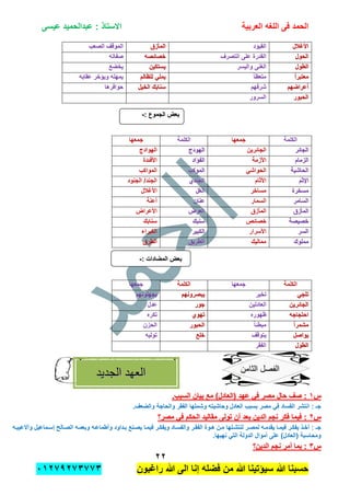 ‫الحمد‬‫العربٌة‬ ‫اللؽه‬ ‫فى‬‫عٌسى‬ ‫عبدالحمٌد‬ : ‫االستاذ‬
ٕٕ
‫راؼبون‬ ‫هللا‬ ‫الى‬ ‫إنا‬ ‫فضله‬ ‫من‬ ‫هللا‬ ‫سٌإتٌنا‬ ‫هللا‬ ‫حسبنا‬ٕٓٔ17ٕ1ٖ11ٖ
‫األؼالل‬‫األؼالل‬‫القٌود‬‫المؤزق‬‫المؤزق‬‫الصعب‬ ‫الموقؾ‬
‫الحول‬‫الحول‬‫التصرؾ‬ ‫على‬ ‫القدرة‬‫خصابصه‬‫خصابصه‬‫صفاته‬
‫الطول‬‫الطول‬‫والٌسر‬ ‫الؽنى‬‫ٌستكٌن‬‫ٌستكٌن‬‫ٌخضع‬
ً‫ا‬‫معتبر‬ً‫ا‬‫معتبر‬ً‫ا‬‫متعظ‬‫للظالم‬ ً‫ٌمل‬‫للظالم‬ ً‫ٌمل‬‫عقابه‬ ‫وٌإخر‬ ‫ٌمهله‬
‫أعراضهم‬‫أعراضهم‬‫شرفهم‬‫الخٌل‬ ‫سنابك‬‫الخٌل‬ ‫سنابك‬‫حوافرها‬
‫الحب‬‫الحب‬‫ور‬‫ور‬‫السرور‬
: ‫الجموع‬ ‫بعض‬: ‫الجموع‬ ‫بعض‬--
‫الكلمة‬‫جمعها‬‫الكلمة‬‫جمعها‬
‫الجابر‬‫الجابر‬‫الجابرٌن‬‫الهودج‬‫الهودج‬‫الهوادج‬
‫الزمام‬‫الزمام‬‫األزمة‬‫الفإاد‬‫الفإاد‬‫األفبدة‬
‫الحاشٌة‬‫الحاشٌة‬ً‫الحواش‬‫الموكب‬‫الموكب‬‫المواكب‬
‫اإلثم‬‫اإلثم‬‫األثام‬‫الجندي‬‫الجندي‬‫الجنود‬ /‫الجند‬
‫مسخرة‬‫مسخرة‬‫مساخر‬‫الؽل‬‫الؽل‬‫األؼالل‬
‫السامر‬‫السامر‬‫السمار‬‫عنان‬‫عنان‬‫أعنة‬
‫المؤزق‬‫المؤزق‬‫المآزق‬‫العر‬‫العر‬‫ض‬‫ض‬‫األعراض‬
‫خصٌصة‬‫خصٌصة‬‫خصابص‬‫سنبك‬‫سنبك‬‫سنابك‬
‫السر‬‫السر‬‫األسرار‬‫الكبٌر‬‫الكبٌر‬‫الكبراء‬
‫مملوك‬‫مملوك‬‫ممالٌك‬‫الطرٌق‬‫الطرٌق‬‫الطرق‬
: ‫المضادات‬ ‫بعض‬: ‫المضادات‬ ‫بعض‬--
‫الكلمة‬‫جمعها‬‫الكلمة‬‫جمعها‬
ً‫تلج‬ً‫تلج‬‫تخٌر‬‫ٌبصرونهم‬‫ٌبصرونهم‬‫ٌجهلونهم‬
‫الجابرٌن‬‫الجابرٌن‬‫العادلٌن‬‫جور‬‫جور‬‫عدل‬
‫احتجاجه‬‫احتجاجه‬‫ظهوره‬‫تهوي‬‫تهوي‬‫تكره‬
ً‫ا‬‫مشمر‬ً‫ا‬‫مشمر‬ً‫ا‬‫مبطب‬‫الحبور‬‫الحبور‬‫الحزن‬
‫ٌواصل‬‫ٌواصل‬‫ٌتوقؾ‬‫خلع‬‫خلع‬‫تولٌه‬
‫الطول‬‫الطول‬‫الفقر‬
‫س‬‫س‬ٔٔ.‫السبب‬ ‫بٌان‬ ‫مع‬ )‫(العادل‬ ‫عهد‬ ً‫ف‬ ‫مصر‬ ‫حال‬ ‫صؾ‬ :.‫السبب‬ ‫بٌان‬ ‫مع‬ )‫(العادل‬ ‫عهد‬ ً‫ف‬ ‫مصر‬ ‫حال‬ ‫صؾ‬ :
.‫والضعؾ‬ ‫والحاجة‬ ‫الفقر‬ ‫وشملها‬ ‫وحاشٌته‬ ‫العادل‬ ‫بسبب‬ ‫مصر‬ ً‫ف‬ ‫الفساد‬ ‫انتشر‬ : ‫جـ‬
‫س‬‫س‬ٕٕ‫مصر؟‬ ً‫ف‬ ‫الحكم‬ ‫مقالٌد‬ ‫تولى‬ ‫أن‬ ‫بعد‬ ‫الدٌن‬ ‫نجم‬ ‫فكر‬ ‫فٌما‬ :‫مصر؟‬ ً‫ف‬ ‫الحكم‬ ‫مقالٌد‬ ‫تولى‬ ‫أن‬ ‫بعد‬ ‫الدٌن‬ ‫نجم‬ ‫فكر‬ ‫فٌما‬ :
‫هدو‬ ‫مدن‬ ‫لنتشدلها‬ ‫لمصدر‬ ‫ٌقدمده‬ ‫فٌمدا‬ ‫ٌفكدر‬ ‫أخدذ‬ : ‫جـ‬‫وأالعٌبده‬ ‫إسدماعٌل‬ ‫الصدالح‬ ‫وبعمده‬ ‫وأطماعده‬ ‫بدداود‬ ‫ٌصدنع‬ ‫فٌمدا‬ ‫وٌفكدر‬ ‫والفسداد‬ ‫الفقدر‬ ‫ة‬
.‫نهبها‬ ً‫الت‬ ‫الدولة‬ ‫أموال‬ ‫على‬ )‫(العادل‬ ‫ومحاسبة‬
‫س‬‫س‬ٖٖ‫الدٌن؟‬ ‫نجم‬ ‫أمر‬ ‫بما‬ :‫الدٌن؟‬ ‫نجم‬ ‫أمر‬ ‫بما‬ :
‫الفصل‬‫الفصل‬‫الثامن‬‫الثامن‬
‫الجديد‬ ‫العهد‬‫الجديد‬ ‫العهد‬
 