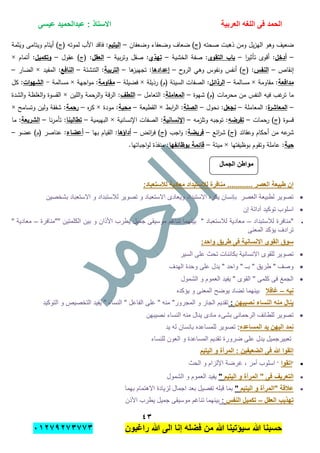 ‫الحمد‬‫العربٌة‬ ‫اللؽه‬ ‫فى‬‫عٌسى‬ ‫عبدالحمٌد‬ : ‫االستاذ‬
ٖٗ
‫راؼبون‬ ‫هللا‬ ‫الى‬ ‫إنا‬ ‫فضله‬ ‫من‬ ‫هللا‬ ‫سٌإتٌنا‬ ‫هللا‬ ‫حسبنا‬ٕٓٔ17ٕ1ٖ11ٖ
‫وضعفان‬ ‫وضعفاء‬ ‫ضعاف‬ )‫(ج‬ ‫صحتو‬ ‫ذىبت‬ ‫ومن‬ ‫يل‬‫ز‬‫الي‬ ‫وىو‬ ‫ضعيف‬–‫اليتيم‬‫مة‬َ‫ت‬َ‫وي‬ ‫ويتامى‬ ‫أيتام‬ )‫(ج‬ ‫لموتو‬ ‫األب‬ ‫فاقد‬ :
–‫أدخل‬‫ا‬‫ر‬‫تأثي‬ ‫أقوى‬ :–‫التقوى‬ ‫باب‬‫الخشية‬ ‫صفة‬ :–‫تيذي‬‫بية‬‫ر‬‫وت‬ ‫صقل‬ :–‫العقل‬‫عقول‬ )‫(ج‬ :–‫وتكميل‬‫أتمام‬ :×
‫إنقاص‬–‫النفس‬‫ح‬‫الرو‬ ‫وىي‬ ‫ونفوس‬ ‫أنفس‬ )‫(ج‬ :–‫إعدادىا‬:‫ىا‬‫تجييز‬–‫التربية‬‫التنشئة‬ :–‫النافع‬‫المفيد‬ :×‫الضار‬–
‫مدافعة‬‫مقاومة‬ :×‫مسالمة‬–‫الرذائل‬‫رذيمة‬ )‫(م‬ ‫السيئة‬ ‫الصفات‬ :×‫فضيمة‬–‫مقاومة‬‫اجية‬‫و‬‫م‬ :×‫مسالمة‬-‫ات‬‫و‬‫الشي‬‫كل‬ :
‫شيوة‬ )‫(م‬ ‫محرمات‬ ‫من‬ ‫النفس‬ ‫فيو‬ ‫غب‬‫تر‬ ‫ما‬–‫المعاممة‬‫التعامل‬ :–‫المطف‬‫المين‬‫و‬ ‫الرحمة‬‫و‬ ‫قة‬‫ر‬‫ال‬ :×‫القسو‬‫الشدة‬‫و‬ ‫الغمظة‬‫و‬ ‫ة‬
–‫ة‬‫المعاشر‬‫المعاممة‬ :–‫نجعل‬‫نحول‬ :–‫الصمة‬‫ابط‬‫ر‬‫ال‬ :×‫القطيعة‬–‫محبة‬‫مودة‬ :×‫ه‬‫ر‬‫ك‬–‫رحمة‬‫وتسامح‬ ‫ولين‬ ‫شفقة‬ :×
‫رحمات‬ )‫(ج‬ ‫قسوة‬–‫تفرضو‬‫وتمزمو‬ ‫توجبو‬ :–‫اإلنسانية‬‫اإلنسانية‬ ‫الصفات‬ :×‫البييمية‬–‫تطالبنا‬‫نا‬‫ر‬‫تأم‬ :–‫الشريعة‬‫ما‬ :
‫(ج‬ ‫وعقائد‬ ‫أحكام‬ ‫من‬ ‫عو‬‫شر‬‫ائع‬‫ر‬‫ش‬ )–‫فريضة‬‫ائض‬‫ر‬‫ف‬ )‫(ج‬ ‫اجب‬‫و‬ :–‫أداؤىا‬‫بيا‬ ‫القيام‬ :–‫أعضاء‬‫عضو‬ )‫(م‬ ‫عناصر‬ :–
‫حية‬‫بوظيفتيا‬ ‫وتقوم‬ ‫عاممة‬ :×‫ميتة‬–‫بوظائفيا‬ ‫قائمة‬.‫اجباتيا‬‫و‬‫ل‬ ‫منفذة‬ :
:‫لالستعباد‬ ‫معادٌة‬ ‫لالستبداد‬ ‫منافرة‬ ............ ‫العصر‬ ‫طبٌعة‬ ‫ان‬
ٌ‫و‬ ‫االستبداد‬ ‫ٌكره‬ ‫بإنسان‬ ‫العصر‬ ‫لطبٌعة‬ ‫تصوٌر‬‫بشخصٌن‬ ‫االستعباد‬ ‫و‬ ‫لالستبداد‬ ‫تصوٌر‬ ‫و‬ ‫االستعباد‬ ‫عادى‬
‫إن‬ ‫أداتة‬ ‫توكٌد‬ ‫اسلوب‬
‫لالستبداد‬ ‫"منافرة‬–‫""منافرة‬ ‫الكلمتٌن‬ ‫بٌن‬ ‫و‬ ‫األذان‬ ‫ٌطرب‬ ‫جمٌل‬ ‫موسٌقى‬ ‫تناغم‬ ‫بٌنهما‬ " ‫لالستعباد‬ ‫معادٌة‬–" ‫معادٌة‬
‫المعنى‬ ‫ٌإكد‬ ‫ترادف‬
‫واحد‬ ‫طرٌق‬ ‫فى‬ ‫االنسانٌة‬ ‫القوى‬ ‫سوق‬:
‫االنسان‬ ‫للقوى‬ ‫تصوٌر‬‫السٌر‬ ‫على‬ ‫تحث‬ ‫بكابنات‬ ‫ٌة‬
‫الهدف‬ ‫وحدة‬ ‫على‬ ‫ٌدل‬ " ‫واحد‬ " ‫بــ‬ " ‫طرٌق‬ " ‫وصف‬
‫الشمول‬ ‫و‬ ‫العموم‬ ‫ٌفٌد‬ " ‫القوى‬ " ‫كلمى‬ ‫فى‬ ‫الجمغ‬
‫نبه‬–‫ؼافال‬‫ٌإكده‬ ‫و‬ ‫المعنى‬ ‫ٌوضح‬ ‫تضاد‬ ‫بٌنهما‬
‫نصٌبهن‬ ‫النساء‬ ‫منه‬ ‫ٌنال‬:‫التو‬ ‫و‬ ‫التخصٌص‬ ‫ٌفٌد‬ " ‫النساء‬ " ‫الفاعل‬ ‫على‬ " ‫منه‬ "‫المجرور‬ ‫و‬ ‫الجار‬ ‫تقدٌم‬‫كٌد‬
‫نصٌبهن‬ ‫النساء‬ ‫منه‬ ‫ٌنال‬ ‫مادى‬ ‫بشىء‬ ‫الرحمانى‬ ‫للطابف‬ ‫تصوٌر‬
‫المساعده‬ ‫ٌد‬ ‫الٌهن‬ ‫نمد‬:‫ٌد‬ ‫له‬ ‫بانسان‬ ‫للمساعده‬ ‫تصوٌر‬
‫للنساء‬ ‫العون‬ ‫و‬ ‫المساعدة‬ ‫تقدٌم‬ ‫ضرورة‬ ‫على‬ ‫ٌدل‬ ‫تعبٌرجمٌل‬
‫الٌتٌم‬ ‫و‬ ‫المرأة‬ : ‫الضعٌفٌن‬ ‫فى‬ ‫هللا‬ ‫اتقوا‬
"‫اتقوا‬"‫الحث‬ ‫و‬ ‫اإللزام‬ ‫غرضة‬ , ‫أمر‬ ‫اسلوب‬
‫التعرٌؾ‬‫الٌتٌم‬ ‫و‬ ‫المرأة‬ " ‫فى‬"‫الشمول‬ ‫و‬ ‫العموم‬ ‫ٌفٌد‬
‫الٌتٌم‬ ‫و‬ ‫"المرأة‬ ‫عالقة‬"‫بهما‬ ‫االهتمام‬ ‫لزٌادة‬ ‫اجمال‬ ‫بعد‬ ‫تفصٌل‬ ‫قبله‬ ‫بما‬
‫العقل‬ ‫تهذٌب‬–‫النفس‬ ‫تكمٌل‬:‫األذن‬ ‫ٌطرب‬ ‫جمٌل‬ ‫موسٌقى‬ ‫تناغم‬ ‫بٌنهما‬
‫الجمال‬ ‫مواطن‬
 